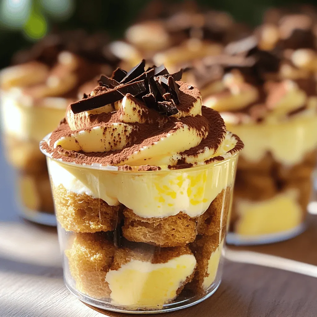 To create delightful mini tiramisu cups, you'll need a few essential ingredients. Each one plays a key role in making this treat both rich and tasty. - 1 cup of strong brewed coffee, cooled to room temperature - 1 teaspoon of pure vanilla extract - 1 cup of mascarpone cheese, softened - 1 cup of heavy whipping cream - 1/2 cup of powdered sugar, sifted - 1 cup of ladyfinger cookies, coarsely crushed - Unsweetened cocoa powder for dusting - Dark chocolate shavings for garnish These ingredients work together to build layers of flavor. The coffee gives a rich taste, while the mascarpone cheese adds creaminess. The whipped cream provides lightness, and the ladyfingers act as the perfect base. Dusting with cocoa powder and adding chocolate shavings gives a nice finish. For the full recipe, check out the complete guide to making these mini tiramisu cups. First, brew one cup of strong coffee. Let it cool to room temperature. Once cooled, add one teaspoon of pure vanilla extract. This mix needs time to blend. Set it aside so the flavors can infuse. In a clean bowl, whip one cup of heavy cream with half a cup of sifted powdered sugar. Use an electric mixer on medium speed. Keep mixing until soft peaks form, which will take about 2-3 minutes. Next, gently fold in one cup of softened mascarpone cheese. Be careful not to lose the airiness of the whipped cream. Now, prepare to layer your cups. Quickly dip each ladyfinger into the coffee mixture for about one to two seconds. They should soak but not become mushy. Arrange the soaked ladyfingers at the bottom of your serving cups. Next, spoon a layer of the mascarpone mixture over the ladyfingers. Smooth it out evenly with a spatula. Repeat this process—add another layer of soaked ladyfingers, followed by more mascarpone mixture—until the cups are filled. Finish with a generous layer of mascarpone on top. Cover each cup tightly with plastic wrap. Refrigerate them for at least four hours, but overnight is best. This chilling time helps the flavors develop. Before serving, dust the tops with unsweetened cocoa powder. For a gourmet touch, add dark chocolate shavings. For the full recipe, check out the details above! To get the best tiramisu, soft peaks in whipped cream are key. Soft peaks mean your cream holds shape but is still fluffy. Whip until you see peaks that gently bend over. This light texture makes your dessert creamy and airy. When you fold in mascarpone cheese, be gentle. Use a rubber spatula and scoop from the bottom. This keeps the mixture light. If you stir too hard, you lose that lovely fluffiness. Soaking ladyfingers is an art. You want to dip them in coffee for just 1-2 seconds. This gives them a nice coffee flavor without turning them mushy. If they soak too long, they fall apart when you layer them. Ensure the soaked ladyfingers stay firm for the layers. Lay them at the bottom of each cup to create a solid base. The right soak time keeps your dessert intact and delicious. For a stunning presentation, serve your mini tiramisu cups in clear glass. This shows off the lovely layers of coffee and cream. You can use small mason jars or dessert cups. Garnish your cups with unsweetened cocoa powder for a rich look. Dark chocolate shavings add a touch of elegance. If you want, top each cup with a whole coffee bean or a mint leaf. These small details make your dessert pop! Check out the Full Recipe to guide you through making these tasty treats. {{image_4}} You can bring new life to mini tiramisu cups by adding liqueurs. Amaretto or coffee liqueur enhances the depth of flavor. Just a splash can make a big difference. You can also try different extracts like almond or hazelnut. This small change can give your dessert a unique twist. If you want to lighten things up, use light mascarpone or whipped topping. This keeps the creamy texture while reducing calories. You can also opt for gluten-free ladyfingers. Many brands now offer tasty gluten-free options, so no one feels left out. Seasonal fruits can add bright flavors. Try adding raspberries or strawberries for a fresh touch. These fruits pair well with the rich creaminess. You can also create themed cups for holidays. Think pumpkin spice for fall or peppermint for winter. Each season brings a chance to create something special in your mini tiramisu cups. For more ideas and detailed steps, check the Full Recipe. To keep your mini tiramisu cups fresh, store them in the fridge. Use an airtight container or cover them tightly with plastic wrap. This helps protect the layers and keeps them flavorful. You should eat them within 3 days for the best taste. The longer they sit, the softer the ladyfingers become. Can you freeze tiramisu cups? Yes, you can freeze them. However, I recommend freezing them before adding the cocoa powder and chocolate shavings. This way, they stay nice and fresh. When you want to eat them, move the cups to the fridge for about 6 hours to thaw. For best results, serve them chilled after thawing. Yes, you can make Mini Tiramisu Cups ahead of time. I suggest preparing them the night before. This allows the flavors to mix well. Aim for at least four hours of chilling. If you chill them overnight, they will taste even better! If you need a substitute for mascarpone, you have options. Cream cheese works well. It gives a similar texture but has a tangy flavor. Ricotta is another choice. Just blend it well until smooth. This will help mimic the creamy texture of mascarpone. Look for a few signs to know if your tiramisu is ready. First, check if it has set up well. The layers should hold their shape. Second, the texture should be creamy but firm. Lastly, there should be no liquid separation. If all these look good, dive in and enjoy! You now know how to make mini tiramisu cups. We covered essential ingredients, from strong coffee to mascarpone. The step-by-step guide made it easy to whip up a delicious treat. Remember to focus on texture and presentation for the best results. You can even try different flavors or healthier options. Store your cups properly to keep them fresh. Enjoy impressing others with this tasty dessert. You have the tools to create a delightful experience with every bite.
