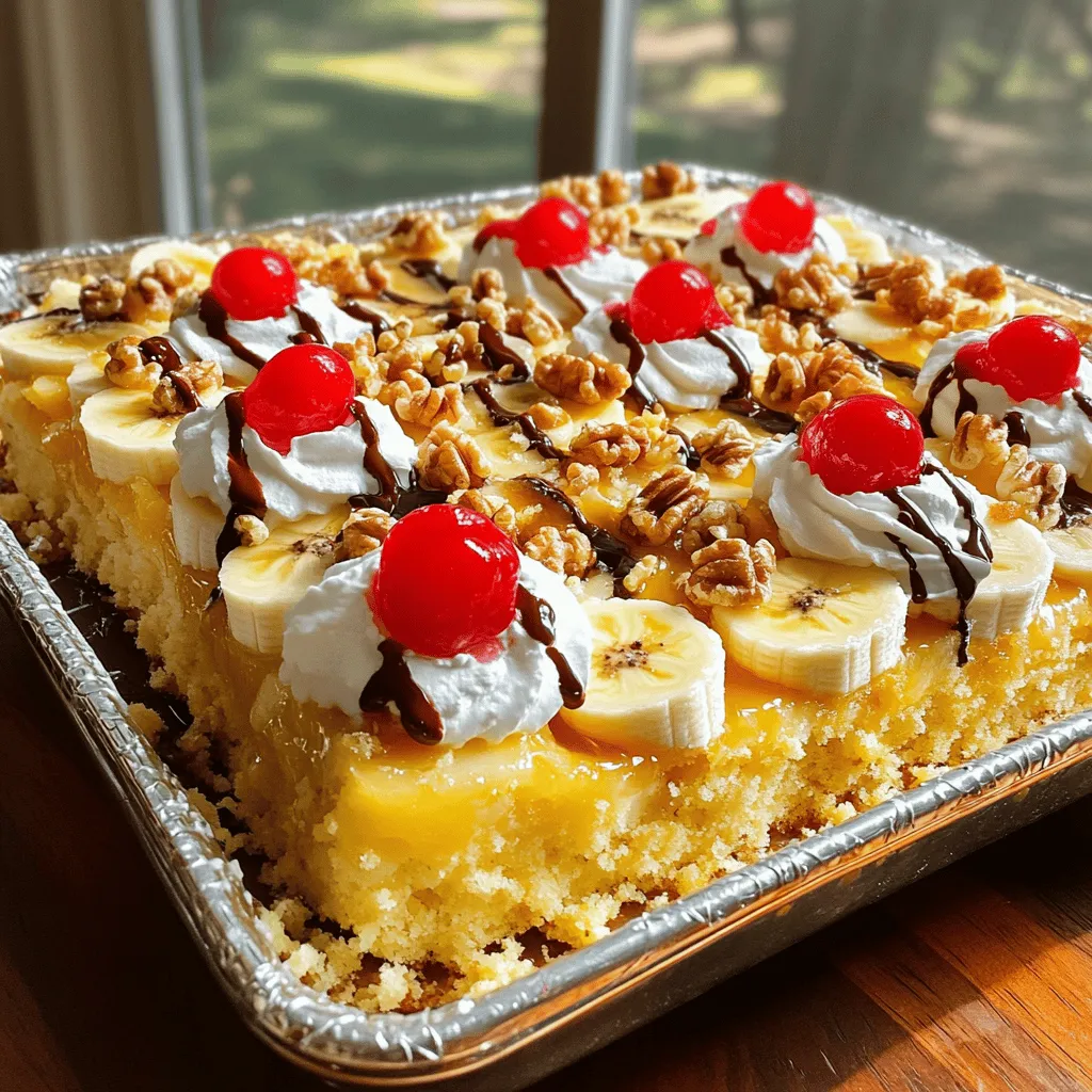 To make a delicious Banana Split Dump Cake, you need these simple ingredients: - 3 ripe bananas, sliced - 1 cup crushed pineapple, drained - 1 cup fresh strawberries, hulled and sliced - ½ cup walnuts, coarsely chopped - 1 box yellow cake mix (approximately 15.25 ounces) - ½ cup unsalted butter, melted and slightly cooled - 1 cup chocolate syrup (for drizzling) - 1 cup whipped cream (for topping) - Maraschino cherries (for garnish) These ingredients create a sweet treat that everyone will love. The bananas add a soft texture while the strawberries and pineapple give a fruity taste. Walnuts add a nice crunch to each bite. Using a box of yellow cake mix makes this recipe quick and easy. Don't forget the melted butter; it helps create a lovely topping. The chocolate syrup and whipped cream serve as the perfect finishing touches. For the ultimate look, add a maraschino cherry on top. This recipe is fun to make and share. Check out the Full Recipe for more details on how to bring this dish to life! - Step 1: Preheat your oven to 350°F (175°C). This is key for even baking. - Step 2: Lightly grease a 9x13 inch baking dish. This helps the cake not stick. - Step 3: Layer the sliced bananas evenly across the bottom. This forms a sweet base. - Step 4: Add crushed pineapple on top of the bananas. Spread it out gently. - Step 5: Layer the sliced strawberries over the pineapple. This adds a fresh flavor. - Step 6: Sprinkle the yellow cake mix over the fruit layers. Do not stir it! - Step 7: Drizzle the melted butter evenly over the cake mix. Then, add chocolate syrup on top. Now, bake for 40-45 minutes. The top should turn golden brown and bubble around the edges. You can check if it's done by inserting a toothpick; it should come out clean. This method ensures a delicious treat every time. Don’t forget to let the cake cool for about 10 minutes before serving. You can find the full recipe above for more details. - Use ripe bananas for better flavor. They add sweetness and moisture. - Don’t stir the cake mix for the best texture. This keeps the topping light. - Adjust baking time based on oven performance. Ovens can vary, so check often. - Serve warm with a dollop of whipped cream. It adds a creamy touch. - Drizzle with additional chocolate syrup. It enhances the sweet flavor. - Garnish with chopped walnuts and maraschino cherries. This adds crunch and color. These tips help you create a perfect banana split dump cake. You can find the full recipe to follow along! Enjoy the process and share your delicious results! {{image_4}} You can mix up the flavors of your banana split dump cake. Here are some fun ideas: - Substitute mixed berries for strawberries: Try using blueberries, raspberries, or blackberries. This adds a nice tartness. - Use coconut flakes for added tropical flair: Sprinkle some coconut flakes on top. This will give your cake a beachy vibe. - Try different nuts like pecans or almonds: Swap walnuts for pecans or sliced almonds for a different crunch. Each nut adds its own unique taste. You can also tweak the recipe for different diets. Here are two easy swaps: - Gluten-free option using gluten-free cake mix: Look for a gluten-free cake mix. This way, everyone can enjoy the cake. - Dairy-free using coconut oil instead of butter: Replace butter with coconut oil. This keeps the cake moist while making it dairy-free. These variations make the banana split dump cake fun and flexible. You can share it with everyone, no matter their dietary needs! After you enjoy your banana split dump cake, store leftovers in an airtight container. This keeps the cake fresh and moist. You can keep it at room temperature for a day. If you need more time, refrigerate it. Cold storage helps it last longer. To enjoy the cake warm again, reheat it in the oven or microwave. For the oven, set it to a low temperature. This warms the cake evenly without drying it out. The microwave is faster, but be careful not to overheat. Aim to eat the cake within 2-3 days for optimal freshness. The flavors are best when the cake is fresh! A dump cake is a simple, layered dessert. You "dump" ingredients into a pan without mixing. This method gives you a soft cake with a crisp top. It is quick and easy, making it perfect for busy days. You can use fruit, cake mix, and butter. The beauty lies in its simplicity and deliciousness. Yes, you can make this banana split dump cake ahead of time. You can prepare it a day before serving. Just cover it and keep it in the fridge. When ready to eat, warm it in the oven for a few minutes. This keeps the cake fresh and tasty. You will know the cake is done when the top is golden brown. The edges should be bubbling, too. A toothpick inserted in the center should come out clean. If it has wet batter on it, bake a few more minutes. Keep an eye on it to avoid overbaking. Yes, you can freeze banana split dump cake. Let it cool completely before freezing. Wrap it well in plastic wrap or foil. This helps prevent freezer burn. You can keep it frozen for up to three months. When ready to eat, thaw it overnight in the fridge and warm it up. This recipe for banana split dump cake offers a fun and easy dessert. You just layer fruit, cake mix, and drizzle with butter and chocolate. It bakes quickly, and the flavors blend well. Remember, using ripe bananas and adjusting your baking time makes a big difference. Feel free to customize with your favorite fruits or nuts. Enjoy this treat warm, topped with whipped cream and cherries. You will love how simple and delicious it is!