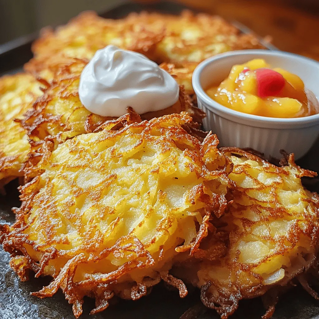 - 4 medium-sized russet potatoes - 1 small onion - 2 large eggs - 1/4 cup all-purpose flour - 1 teaspoon baking powder - Salt and pepper - 1/4 teaspoon smoked paprika - Vegetable oil for frying - Optional accompaniments like sour cream - Applesauce as a traditional pairing The heart of German potato pancakes is in the ingredients. You start with russet potatoes. They give a nice texture and flavor. Grating the potatoes is key. It helps create that crispy edge. Use a box grater or a food processor to make this easier. Next, you need a small onion. Grate this onion finely. It adds sweetness and depth to the pancakes. The eggs help bind everything together. They also add moisture. All-purpose flour is essential too. It gives structure to your pancakes. You should also add baking powder. This will help them puff up a little. Don’t forget to season! A pinch of salt and pepper makes a big difference. Smoked paprika adds a nice twist. It brings a subtle smoky flavor. For frying, use vegetable oil. It has a high smoke point, which is perfect for frying. When serving, you can add sour cream or applesauce. Sour cream gives a creamy touch. Applesauce adds sweetness and balance. This combination is classic and makes the dish even better. For the full recipe, you can find all the steps outlined clearly. Enjoy making these crispy delights! Start by peeling the russet potatoes. I like to use a simple vegetable peeler for this. Next, grate the potatoes into fine shreds using a box grater or a food processor. This helps create the right texture. After grating, transfer the shredded potatoes to a clean kitchen towel. Gather the edges and twist it to remove excess moisture. This step is key for crispy pancakes. Too much moisture leads to soggy results. In a spacious mixing bowl, combine the grated potatoes and finely grated onion. The onion adds great flavor. Now, pour in the beaten eggs. Stir until the mixture blends well. Next, add the all-purpose flour and baking powder. Don’t forget to add a pinch of salt and pepper too. For a flavorful twist, stir in smoked paprika. Mix everything until you have a smooth batter. Heat a large cast-iron skillet or a non-stick frying pan over medium heat. Add enough vegetable oil to coat the bottom of the pan. Wait until the oil shimmers. This shows it's hot enough. Scoop about 1/4 cup of the potato mixture and place it in the skillet. Gently flatten it with the back of a spatula. Repeat this until the skillet is full, but avoid overcrowding. Fry the pancakes for about 3-4 minutes on each side, until they turn golden brown and crispy. If needed, add more oil during cooking. Once done, transfer the pancakes to a plate lined with paper towels to absorb excess oil. Enjoy them hot! For serving, I recommend sour cream and applesauce. It makes a great contrast. To make your German potato pancakes crispy, moisture removal is key. After grating the potatoes, place them in a clean kitchen towel. Wring it out well to get rid of excess water. This ensures your pancakes won't be soggy. Next, fry them at the right temperature. Use medium heat so they cook evenly. If the oil is too hot, the outside may burn before the inside cooks. Spices can elevate your potato pancakes. Consider adding garlic powder for a savory kick. A dash of cayenne pepper can bring in some heat. For a fresh touch, try dill or chives. Both herbs add a lovely flavor that pairs well with potatoes. The right tools make a big difference. I recommend using a cast-iron skillet for even heat. A non-stick frying pan can also work well. Just ensure it’s high-quality. Good pans help prevent sticking and promote browning. Don’t forget to have a spatula handy for flipping those pancakes! {{image_4}} You can change the type of potatoes in the recipe. I love using Yukon Gold potatoes. They add a creamy texture and rich flavor. You can also try red potatoes for a sweeter taste. If you need a gluten-free option, use almond flour or rice flour. Both work well in the batter. They keep the pancakes light and crispy. Just ensure the flour is certified gluten-free. For a cheesy twist, mix in shredded cheese. I recommend sharp cheddar or Gruyère. This addition makes the pancakes even more delicious. You can also top your pancakes with different sauces. Try sour cream, applesauce, or even a spicy salsa. Each option gives a unique taste. In Germany, potato pancakes vary by region. Some areas add carrots or zucchini for extra flavor. Others may include herbs like chives or parsley. These additions reflect the local ingredients and tastes. Potato pancakes, or Kartoffelpuffer, hold cultural significance in Germany. They are often served during festivals and special occasions. Each family may have its own recipe passed down through generations. Enjoying these pancakes connects us to rich traditions and shared meals. To keep your German potato pancakes fresh, place them in an airtight container. Layer them with parchment paper to avoid sticking. Store them in the fridge for up to three days. After that, they may lose their crispiness and taste. When you want to enjoy your leftovers, reheating is key. The oven is best for keeping them crispy. Preheat your oven to 400°F (200°C). Place the pancakes on a baking sheet and heat for about 10-15 minutes. This method keeps them nice and crunchy. If you're in a hurry, you can use the microwave. However, this may make them soft. To avoid that, place a paper towel under the pancakes. Yes, you can freeze potato pancakes! To do this, allow them to cool completely. Then, layer them with parchment paper in a freezer-safe bag. They can stay frozen for up to two months. When you want to eat them, take them out and thaw in the fridge overnight. Reheat them in the oven to regain that crispy texture. This method is perfect for quick meals anytime. German potato pancakes are called Kartoffelpuffer or Reibekuchen. These tasty treats use grated potatoes as the main ingredient. You mix them with onions, eggs, and flour. Then, you fry them until they are golden and crispy. Kartoffelpuffer can be enjoyed as a snack or part of a meal. They are popular in Germany and loved for their rich flavor and texture. Yes, you can prepare these pancakes in advance. To do this, make the batter and store it in the fridge for a few hours. You can also fry the pancakes ahead and keep them warm in the oven. Just set the oven to a low temperature. This way, you can enjoy them later without losing their crunch. The best accompaniments for German potato pancakes are sour cream and applesauce. The coolness of sour cream balances the warm, crispy pancakes. Applesauce adds a sweet touch that pairs well with the savory taste. You can also try serving them with a side salad or sauerkraut for extra flavor. To make potato pancakes crispy, remove as much moisture as possible from the grated potatoes. Use a clean kitchen towel to squeeze out the liquid. Fry the pancakes in hot oil, ensuring they are not crowded in the pan. This method allows them to cook evenly and develop a golden crust. Yes, you can make potato pancakes without eggs. Use alternatives like mashed bananas or applesauce to bind the mixture. You can also use flaxseed meal mixed with water. This will help hold the ingredients together and still give you a tasty pancake. German potato pancakes are easy to make and delicious. We covered the main ingredients you'll need, like russet potatoes and eggs, and learned the steps for perfect pancakes. Tips on texture and variations help you add your twist. You can store leftovers and reheat them for another meal. Enjoy creating and sharing these tasty treats with your loved ones. They’re sure to please everyone!