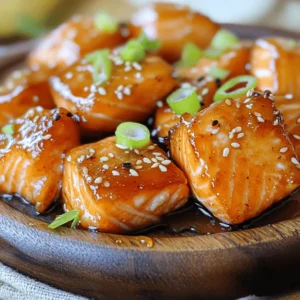 - 1 lb fresh salmon fillet - 1/4 cup honey - 3 tablespoons soy sauce - 3 cloves garlic - 1 tablespoon fresh ginger - 1 tablespoon sesame oil - 2 green onions for garnish - 1 tablespoon sesame seeds - Salt and freshly cracked pepper Marinating the salmon is key for great flavor. The honey adds sweetness, while the soy sauce gives it a savory touch. Garlic and ginger bring warmth and depth. Salt and pepper enhance all these flavors. You should let the salmon sit in the marinade. This makes the dish taste even better. Aim for at least 20 to 30 minutes in the fridge. To start, mix honey, soy sauce, garlic, ginger, and sesame oil. Each ingredient plays a key role in the flavor. Honey adds sweetness, while soy sauce brings saltiness. Garlic and ginger give a warm kick. Sesame oil adds a nutty taste, tying all the flavors together. This marinade creates a perfect balance for the salmon. Next, take your salmon cubes and coat them well with the marinade. Make sure every piece is covered. This helps the salmon absorb the flavors. Cover the bowl with plastic wrap and place it in the fridge. Let it marinate for 20-30 minutes. This time allows the flavors to blend into the fish. You can cook the salmon in two ways: baking or pan-frying. If you bake, set your oven to 400°F (200°C). Line a baking sheet with parchment paper for easy cleanup. Arrange the salmon in a single layer. Bake for 12-15 minutes. If you prefer pan-frying, heat a non-stick skillet over medium-high heat. Cook the salmon for 8-10 minutes. Flip the pieces halfway through for even cooking. Both methods will give you tasty, caramelized bites. To make sure your salmon cooks evenly, flip each piece halfway through the cooking time. This simple step helps prevent overcooking on one side. For those caramelized edges, avoid crowding the pan or baking sheet. Leave space between each salmon bite to allow heat to circulate well. For a stunning presentation, serve the salmon on a colorful plate. You can also add toothpicks for easy eating at parties. A bed of mixed greens adds a nice touch of color. Pair these bites with a fresh salad or steamed veggies. A light white wine or iced tea complements the flavors well. If you find your salmon is still undercooked, return it to the heat for a few more minutes. Keep an eye on it so you don’t overcook. If you want to adjust the marinade taste, add more honey for sweetness or soy sauce for saltiness. This flexibility lets you create a dish that fits your taste. For the complete recipe, check the section above. {{image_4}} You can easily change the flavor of your honey garlic salmon bites. Want some heat? Add red pepper flakes to the marinade. Just a pinch gives a nice kick. You can also swap honey for maple syrup. This adds a rich, deep sweetness that works well with salmon. If you want to switch proteins, chicken or tofu are great choices. For chicken, use boneless breast and cut it into bite-sized pieces. You can use the same marinade. Just ensure you cook it until it reaches 165°F. For tofu, use firm or extra-firm tofu. Cut it into cubes and press out excess water. Cook it the same way as the salmon, adjusting the time to get a nice crisp. Using seasonal garnishes can elevate your dish. In spring, try fresh herbs like dill or chives. In fall, add roasted pumpkin seeds for crunch. You can also mix in seasonal veggies. Try adding bell peppers or asparagus to the baking sheet. They cook well with the salmon and soak up the marinade flavor. For the full recipe, check out the detailed steps above. To keep your honey garlic salmon bites fresh, place them in an airtight container. Make sure the container is sealed tightly to avoid any odors from the fridge. These salmon bites will last up to three days in the fridge. If you want to enjoy them later, freezing is a great option. To freeze salmon bites, let them cool completely first. Lay them in a single layer on a baking sheet and freeze until solid. Once frozen, transfer them to a freezer-safe bag or container. Remove as much air as possible to prevent freezer burn. Properly stored, they can last up to three months. When you're ready to eat, move them to the fridge to thaw overnight for best results. When reheating, aim to keep the flavor and texture intact. The best method is to use an oven set at 350°F (175°C). Place the salmon bites on a baking sheet and heat for about 10 minutes. You can also reheat them in a skillet over medium heat, flipping gently to avoid overcooking. Be mindful not to cook them too long, as this can dry them out. Enjoy the deliciousness with each bite! For the full recipe, check out the [Full Recipe]. You should marinate the salmon for 20 to 30 minutes. This time is just right for the flavors to soak in. If you marinate too long, the fish can become mushy. I like to cover the bowl with plastic wrap and place it in the fridge. This keeps the salmon fresh and helps the marinade stick. Yes, you can use frozen salmon! Just make sure to defrost it first. The best way is to place it in the fridge overnight. If you're in a hurry, you can submerge it in cold water for about an hour. Be sure to pat it dry before marinating. This helps the marinade stick better and gives you a nice, tasty bite. You can serve honey garlic salmon bites with many delicious sides. Here are some ideas: - Steamed broccoli or asparagus - Rice or quinoa for a filling option - A fresh salad with mixed greens - Sliced cucumbers or carrots for crunch These sides balance the sweet and savory flavors of the salmon. Enjoy your meal! For a complete recipe, check the Full Recipe section. This blog covered how to make delicious honey garlic salmon bites. We discussed key ingredients, like fresh salmon, honey, and garlic. You learned about marinating, cooking options, and tips for perfect results. I shared variations using different proteins and spices to keep things exciting. Finally, we covered storage tips to make sure leftovers stay tasty. Creating this dish can be fun and rewarding. Enjoy making your own honey garlic salmon bites!