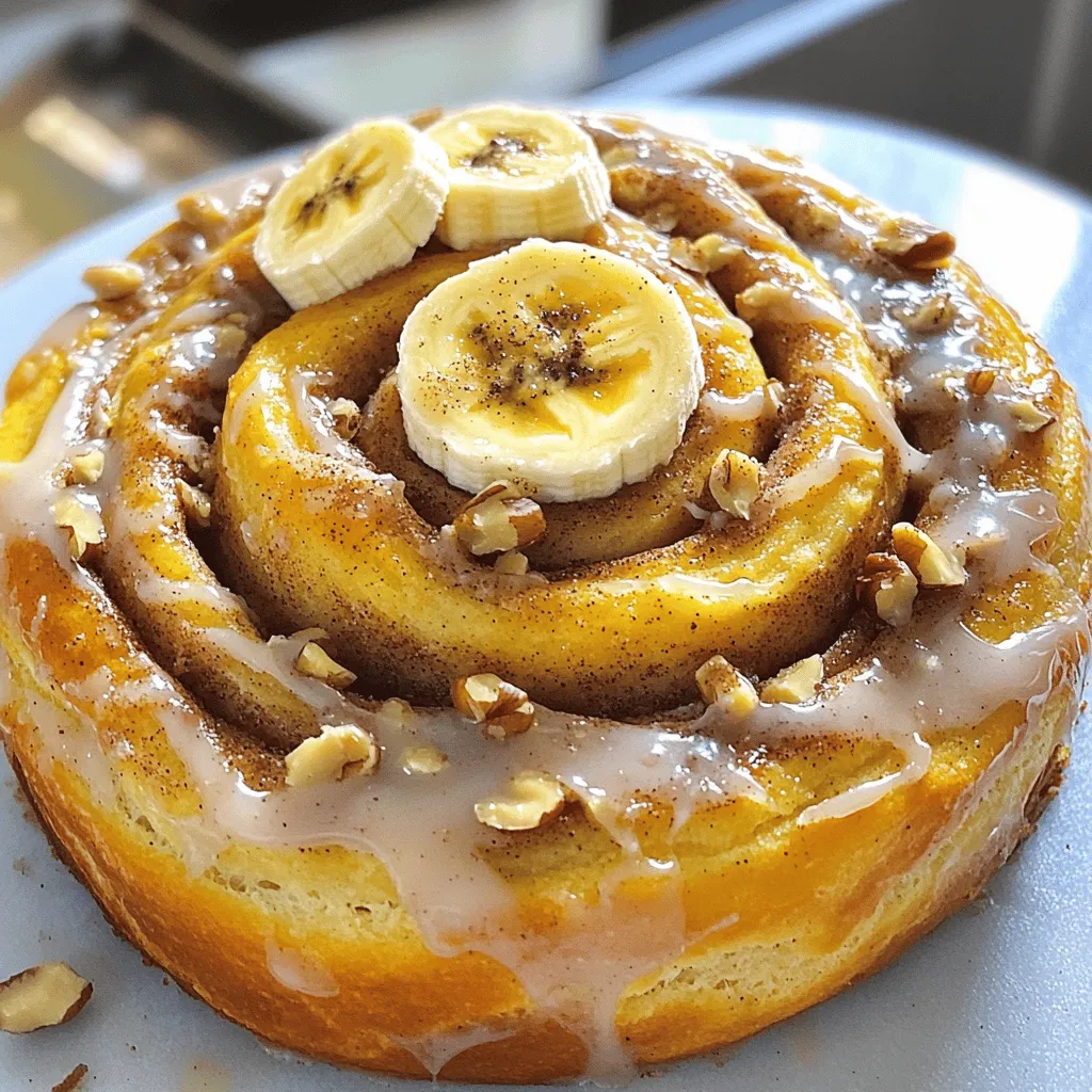 - 1 ½ cups overripe bananas, mashed - ½ cup granulated sugar - ½ cup packed brown sugar - 1/3 cup unsalted butter, melted - 1 large egg - Ground cinnamon and optional nuts For these rolls, the overripe bananas are key. They add sweetness and moisture. You need about three medium bananas, mashed well. The sugars—granulated and brown—help create a sweet, rich taste. The brown sugar adds depth and a hint of caramel. Melted butter gives the rolls a tender texture. The large egg binds everything together. You can also add ground cinnamon for that signature flavor. If you like, toss in some chopped nuts for crunch. Walnuts or pecans work great. - 1 cup cream cheese, softened - 1 cup powdered sugar - 2 tablespoons milk The cream cheese icing is simple yet delicious. Start with softened cream cheese for a smooth blend. Mixing in the powdered sugar brings sweetness, while milk adjusts the icing's texture. This icing makes your rolls feel special and extra tasty. - Mixing bowls, whisk, rolling pin, and baking dish To make these rolls, you need a few basic tools. Use mixing bowls to combine the ingredients. A whisk helps mix everything smoothly. A rolling pin is essential for rolling out the dough. Finally, a baking dish holds your rolls while they bake. For the full recipe, check out the details above. - Preheat the oven to 350°F (175°C). - Prepare a 9x13 inch baking dish. Grease it lightly and add parchment paper for easy removal. - In a large mixing bowl, combine the mashed bananas, granulated sugar, brown sugar, and melted butter. Mix until smooth. - Add the large egg and vanilla extract. Beat well until fully mixed. - Sprinkle in the baking soda, baking powder, and salt. Stir gently to combine. - Gradually add the flour, mixing until just incorporated. Do not overmix. - Lightly flour your surface and roll out the dough into a rectangle, about ½ inch thick. - In a small bowl, mix the ground cinnamon with optional nuts. Sprinkle this mixture over the rolled-out dough. - Starting from the longer side, roll the dough into a tight log. - Slice the log into 1-inch pieces and place them in the prepared baking dish. Leave space between each roll. Now your delicious banana bread cinnamon rolls are ready to bake! For the full recipe, check the earlier section. To make your rolls great, first avoid overmixing the dough. When you mix too much, the rolls can turn out dense. Gently fold the flour in until you see no dry spots. Next, use a good rolling technique for even slices. Roll the dough into a rectangle, about ½ inch thick. When rolling, start at the longer side. This way, you get nice, even rolls. Use a sharp knife to cut them into 1-inch pieces. Use overripe bananas for extra flavor. The browner the bananas, the sweeter your rolls will taste. They also add great moisture. You can add nuts for texture. Chopped walnuts or pecans give a nice crunch. Mix them in with the cinnamon filling to make every bite exciting. To apply the cream cheese icing, drizzle it over warm rolls. This way, it melts a little and soaks in. Use a spoon for an artistic drizzle. For a smoother icing consistency, beat the cream cheese and sugar well. Add milk slowly until you get a creamy texture. If it’s too thick, just add a bit more milk. This icing will make your rolls even more delicious. You can find the full recipe to follow these tips easily. Enjoy making your banana bread cinnamon rolls! {{image_4}} You can add fun flavors to your banana bread cinnamon rolls. One tasty option is chocolate chip banana bread cinnamon rolls. Just mix in a cup of chocolate chips with your dough. The chocolate will melt and add sweetness. You will love the combo of chocolate and banana. Another idea is to swap the cream cheese icing for a maple syrup glaze. To make this, mix powdered sugar with maple syrup and a bit of milk. This glaze gives your rolls a warm, cozy taste. If you need gluten-free rolls, you can use gluten-free flour mixes. Many brands offer blends that work well in baking. Just follow the same measurements in the recipe. Your rolls will still taste great! For vegan options, replace the butter with coconut oil or vegan butter. You can use flaxseed meal mixed with water instead of an egg. This swap will keep your rolls moist and tasty. Try seasonal flavors for a fun twist. For fall, add pumpkin spice to your rolls. Mix in 1 teaspoon of pumpkin spice with the cinnamon for a new taste. This adds warmth and makes your rolls perfect for autumn. If you want a tropical flavor, mix in coconut and pineapple. Use shredded coconut and small pieces of pineapple in the filling. This will give your rolls a sunny vibe, perfect for summer treats. Explore these variations to make your banana bread cinnamon rolls unique. Enjoy the process and get creative! For the complete recipe, check out the Full Recipe section. To keep your banana bread cinnamon rolls fresh, place them in an airtight container. Store them in the fridge for the best results. This helps retain moisture and flavor. If you want to freeze them, wrap each roll tightly in plastic wrap and place them in a freezer bag. This way, they can last longer without losing taste. For a fresh taste, reheat your rolls in the oven. Preheat the oven to 350°F (175°C). Place the rolls on a baking sheet and cover them with foil. Heat for about 10-15 minutes. This warms them up without making them dry. For a quick fix, use the microwave. Heat a single roll for about 15-20 seconds. Check to ensure it’s warm, but not too hot. In the fridge, these rolls stay fresh for about 3-5 days. Keep them in an airtight container to prevent them from drying out. If you freeze them, they can last up to 3 months. Just remember to thaw them in the fridge overnight before reheating. This keeps them soft and tasty. You can use applesauce as a great substitute for bananas. Use 1 cup of applesauce for every banana. Another option is pumpkin puree. Use the same amount as you would for bananas. For a nutty flavor, you can try using mashed avocados. They work well, too, and add healthy fats. Yes, you can prepare these rolls in advance. Make the dough and fill it the night before. Store the rolls in the fridge overnight. When you are ready, let them sit at room temperature for about 30 minutes. Then, bake them as usual. You can also freeze the unbaked rolls. Wrap them tightly and store them in the freezer for up to three months. The rolls are done when they are golden brown on top. You can also use a toothpick to check. Insert it in the center of a roll. If it comes out clean, they are ready. The rolls should feel soft and spring back when lightly pressed. Banana bread cinnamon rolls are a fun twist on a classic treat. We covered essential ingredients, like overripe bananas and cream cheese icing. I shared step-by-step instructions to make these delicious rolls and tips for perfecting your technique. Don’t forget the tasty variations to keep things interesting. In the end, you can enjoy these rolls anytime. Whether it's for breakfast or dessert, they are sure to please. With a little practice, you’ll become a pro at making these treats. Happy baking!