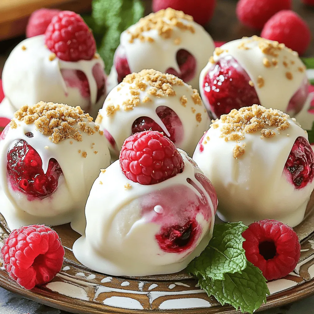- 8 oz cream cheese, softened to room temperature - 1/2 cup granulated sugar - 1 teaspoon pure vanilla extract - 1 cup crushed graham crackers, plus extra for rolling - 1/2 cup fresh raspberries, gently mashed - 8 oz white chocolate, finely chopped and melted - 1 tablespoon coconut oil (for thinning the chocolate) - Pinch of salt Each ingredient plays a key role in making these cheesecake balls a delight. The cream cheese provides a rich and creamy base. Granulated sugar adds sweetness, while vanilla extract brings warmth and flavor. Crushed graham crackers give a lovely crunch and hint of nostalgia. Fresh raspberries add a burst of tartness that perfectly balances the sweetness. White chocolate creates a smooth, dreamy coating that wraps around each ball. The coconut oil helps thin the chocolate for easy dipping. A pinch of salt enhances the overall flavors, making each bite even more enjoyable. Gather all these ingredients before you start. It makes the process quick and fun. For the full recipe, check out the detailed steps to enjoy your homemade white chocolate raspberry cheesecake balls! 1. In a large mixing bowl, combine the softened cream cheese, granulated sugar, and vanilla extract. 2. Beat the mixture with a hand mixer until it is smooth and creamy. This step is key. You want a fluffy base for your cheesecake balls. The cream cheese must be soft to mix well. 1. Carefully fold in the crushed graham crackers and gently mashed raspberries with a spatula. 2. Mix until just combined; avoid over-mixing to keep some raspberry pieces intact. Folding keeps the texture light. You want those sweet raspberry bits to pop in every bite. 1. Take a small portion of the mixture and roll it into bite-sized balls, about 1 inch in diameter. 2. Place each ball on a baking sheet lined with parchment paper for easy removal. Rolling the balls makes them fun to eat. The parchment paper helps later when you want to take them off the tray. 3. Transfer the baking sheet with the formed balls to the refrigerator. 4. Chill for about 30 minutes to allow the balls to firm up. Chilling is important. It helps them hold their shape when you coat them in chocolate. 1. In a microwave-safe bowl, combine the chopped white chocolate and coconut oil. 2. Microwave in 30-second intervals, stirring after each session, until the mixture is completely smooth. The coconut oil thins the chocolate. This makes it easier to coat the cheesecake balls. 1. Remove the chilled cheesecake balls from the fridge. 2. Using a fork, dip each ball into the melted chocolate, ensuring an even coat. 3. Allow any excess chocolate to drip off before placing them back on the parchment-lined baking sheet. Coating requires patience. Make sure each ball is evenly coated for the best flavor. 1. Immediately roll each coated ball in the extra crushed graham crackers. 2. This creates a delightful crunch. The graham cracker adds texture. It balances the creamy cheesecake and sweet chocolate. 3. Once all the balls are coated, return them to the refrigerator or let them sit at room temperature for 15-20 minutes to allow the chocolate to set properly. Setting is the final touch. It ensures that the chocolate hardens into a perfect shell. For the complete recipe, refer to the Full Recipe section. Using softened cream cheese is key. It helps the mixture blend smoothly. Cold cream cheese can create lumps. A smooth texture makes each bite creamy and delightful. Avoid over-mixing the batter when adding the raspberries. You want some chunks of fruit for bursts of flavor. This keeps the texture interesting and fun to eat. Present your cheesecake balls on a beautiful platter. Use garnishes like whole raspberries and mint leaves for color. Drizzling leftover melted white chocolate over the balls adds flair. You can create lovely patterns. This makes your dessert look fancy and inviting. Want to enhance taste? Try adding lemon zest for a bright kick. A dash of almond extract can also add depth. Both options bring out the sweetness of the raspberries. Experimenting with flavors keeps the recipe exciting and unique. {{image_4}} You can switch up the fruit to make these cheesecake balls even more fun. Try using strawberries or blueberries instead of raspberries. Both have a sweet flavor that pairs well with the cream cheese. You could also add some citrus accents. Lime or orange zest can brighten the taste and add a fresh twist. Want to change the chocolate? Dark or milk chocolate works great instead of white chocolate. You can also add extra textures. Try mixing in crushed nuts or colorful sprinkles for a fun crunch. These variations keep the recipe exciting and let you find your favorite flavor. If you need gluten-free options, swap the graham crackers for crushed nuts or gluten-free cookies. This way, everyone can enjoy these treats. For those who prefer vegan options, you can use non-dairy cream cheese. This simple swap makes the recipe suitable for various diets without losing the amazing taste. To keep your cheesecake balls fresh, store them in an airtight container. Line the container with parchment paper to avoid sticking. Arrange the balls in a single layer. If you need more space, use a piece of wax paper between layers. This will help them last longer. For longer shelf life, freezing is a great option. Place the cheesecake balls on a baking sheet in a single layer. Freeze until solid, about 1-2 hours. Once frozen, transfer them to a freezer-safe container. They can last up to three months in the freezer. When you are ready to serve, take them out and let them thaw in the fridge. This keeps them from getting too soft too fast. You can also let them sit at room temperature for about 30 minutes before serving. In the fridge, your cheesecake balls will stay fresh for about 5 days. If you freeze them, they can last up to three months. Always check for signs of spoilage before eating. Keeping them properly stored makes sure every bite is just as delicious as the first. To keep your cheesecake balls firm, chill them well. After you shape them, place them in the fridge for about 30 minutes. This helps them hold their shape. If they seem too soft, try chilling them longer. The cream cheese needs to be softened but not too warm. Use a good amount of crushed graham crackers to add structure. This balance keeps them nice and round. Yes, you can use frozen raspberries. They work well, but they do change the texture. Frozen berries have more water, which can make the mixture a bit runny. This may affect how well the balls hold together. If you choose frozen, drain excess juice before mixing them in. This helps keep the flavor strong and the texture right. If you need a substitute for cream cheese, there are options. For a lactose-free choice, try using dairy-free cream cheese. It has a similar texture and taste. For a vegan option, look for cashew cream. Blend soaked cashews with some lemon juice and a bit of salt. This mix gives a nice creaminess and flavor. These cheesecake balls need about 15 to 20 minutes to set after coating. If you chill them longer, they will firm up more. After coating with chocolate, place them back in the fridge. This step is key to getting that nice, hard shell. If you’re in a hurry, just let them sit at room temperature for a short time. You can make these cheesecake balls ahead of time. Prepare them a day or two before serving. Keep them in an airtight container in the fridge. They stay fresh and tasty. If you want to store them longer, freeze them. Just make sure to wrap them tightly. When you're ready to serve, let them thaw in the fridge for a few hours. You can follow the Full Recipe for detailed steps. These cheesecake balls combine creamy, sweet, and fruity flavors. We covered key steps, from mixing cream cheese to coating with chocolate. Remember to chill the balls for the best texture. Get creative with your flavors, using different fruits or chocolates. Proper storage ensures they stay fresh longer. Whether for parties or a sweet treat, these bites are fun and easy to make. Try these tips and enjoy the delicious results!