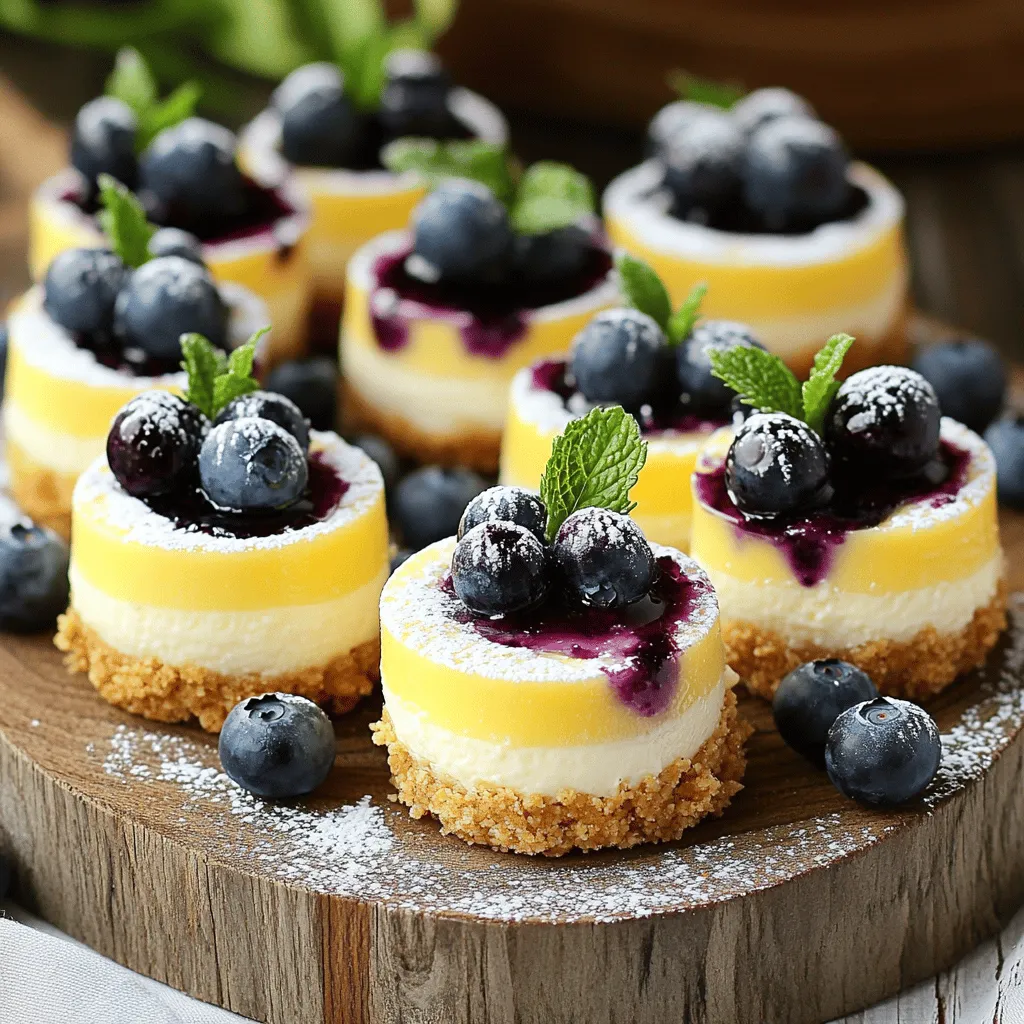- Key Components for Crust - 1 cup graham cracker crumbs - 1/4 cup unsalted butter, melted - Main Ingredients for Cheesecake Filling - 16 oz cream cheese, softened to room temperature - 1/2 cup granulated sugar - 1/4 cup sour cream - 1 tablespoon fresh lemon zest - 2 tablespoons freshly squeezed lemon juice - 1 teaspoon pure vanilla extract - 2 large eggs, at room temperature - 1 cup fresh blueberries (plus extra for garnish) - Optional Topping Ingredients - 1 tablespoon cornstarch (optional, for thickening the blueberry topping) - 1 tablespoon granulated sugar (for the blueberry topping) The crust is a simple mix of graham cracker crumbs and melted butter. This gives a nice crunch. For the filling, the cream cheese is key. It makes the cheesecake rich and creamy. The sugar adds sweetness, while sour cream gives a nice tang. Fresh lemon zest and juice brighten the flavor. Blueberries add a burst of sweetness and color. You can also make a topping with blueberries for extra flavor. This topping is simple to cook. Cook fresh blueberries with sugar and cornstarch. This helps to thicken the sauce. You can find the Full Recipe for all the steps to make these mini treats. Preheat Oven and Prepare Muffin Pan Start by preheating your oven to 325°F (160°C). Grab a muffin pan and line it with cupcake liners. This step makes it easy to remove the mini cheesecakes later. Make the Graham Cracker Crust In a medium bowl, mix 1 cup of graham cracker crumbs with 1/4 cup of melted unsalted butter. Stir well until the crumbs look like wet sand. This mixture forms the base of your cheesecake. Bake the Crust Scoop about one tablespoon of the crumb mixture into each liner. Press it down firmly with your fingers or a spoon. Bake the crust for 5-7 minutes. Once done, remove it from the oven and let it cool while you work on the filling. Blend Cream Cheese and Sugar In a large bowl, beat 16 oz of softened cream cheese and 1/2 cup of granulated sugar with an electric mixer. Mix on medium speed for about 2-3 minutes until smooth and creamy. Incorporate Remaining Filling Ingredients Next, add 1/4 cup of sour cream, 1 tablespoon of lemon zest, 2 tablespoons of lemon juice, and 1 teaspoon of vanilla extract. Mix until everything is well blended and creamy. Add Eggs and Fold in Blueberries With the mixer on low speed, add 2 large eggs one at a time. Make sure each egg is mixed in fully before adding the next. Then, gently fold in 1 cup of fresh blueberries with a spatula. Fill Liners with Cheesecake Batter Carefully pour the cheesecake filling into the muffin liners over the cooled crust. Fill each liner about 3/4 full to allow room for the cheesecake to rise. Bake the Mini Cheesecakes Place the muffin pan in the oven and bake for 18-20 minutes. The centers should be set but still have a slight jiggle. Keep a close watch to avoid overbaking. Cooling Instructions to Prevent Cracking Once baked, turn off the oven and let the mini cheesecakes cool inside for 10-15 minutes. This helps prevent cracks. After that, transfer them to a wire rack to cool completely. Refrigerate for at least 2 hours before serving. For more details, check out the Full Recipe. - Ensuring Creamy Texture: To get a smooth and creamy filling, start with room temperature cream cheese. Cold cream cheese can create lumps. Beat it well until it's fluffy before adding other ingredients. This step helps mix everything evenly. - Avoiding Overbaking: Keep an eye on your cheesecakes while they bake. They should look set but still jiggle slightly in the center. Overbaking can lead to a dry texture. If you notice the edges browning, it’s time to take them out. - Achieving the Right Sweetness: Taste your batter before baking. If it needs more sweetness, add a bit more sugar. Remember, the blueberry topping will also add sweetness, so balance is key. - Serving Suggestions: Serve your mini cheesecakes on a pretty platter. This adds a nice touch and makes them pop. You can also arrange them with fresh blueberries for a colorful display. - Garnishing Ideas: Top each cheesecake with a spoonful of blueberry syrup. Fresh mint leaves add a nice splash of green, making each bite more inviting. A light dusting of powdered sugar can also enhance the look. - Plating Techniques: When plating, space out the cheesecakes evenly. This gives each one room to shine. You can also use thin lemon slices around the plate for extra color and flair. For the complete recipe, check out the [Full Recipe]. {{image_4}} Alternative Fruit Toppings You can swap blueberries for other fruits. Try strawberries, raspberries, or peaches. Each fruit brings its own taste. This adds fun and variety to your cheesecakes. You can even mix fruits for a colorful look. Different Flavor Cheesecake Bases For a twist, change the flavor of the base. Use chocolate, vanilla, or even almond extract. Each base will change the taste and aroma. This keeps your cheesecakes fresh and exciting. Gluten-Free Options If you need gluten-free options, use gluten-free graham crackers. These work well for the crust. You can also use almond flour or crushed nuts for a different texture. This way, everyone can enjoy these tasty treats. Pairing with Beverages These mini cheesecakes pair well with drinks. Serve them with iced tea, lemonade, or sparkling water. Coffee also complements the flavors nicely. Choose a drink that matches the fruit topping for a great combo. Ideal Occasions for Serving Mini lemon blueberry cheesecakes fit many events. They are perfect for birthday parties, picnics, or family gatherings. They also make a lovely dessert for a romantic dinner. Their small size makes them easy to serve and enjoy. Transforming into a Platter Dessert You can create a dessert platter with these mini cheesecakes. Add some fresh fruits, chocolate, or cookies to the mix. This makes a stunning display for any table. You can impress your guests with this simple idea. For the full recipe, check out the [Full Recipe]. To keep your mini lemon blueberry cheesecakes fresh, follow these easy steps: - Refrigeration Instructions: Once the cheesecakes cool, place them in an airtight container. Store them in the fridge. They will stay fresh for a few days. - Freezing Guidelines: If you want to save them for later, you can freeze the cheesecakes. Wrap each one tightly in plastic wrap, then place them in a freezer-safe bag. They can last for about two months in the freezer. To eat, just thaw them in the fridge overnight. - How Long They Last in the Fridge: These cheesecakes will stay good for about 5 days in the fridge. - Signs of Spoilage: Look for any changes in texture or smell. If they look dry or smell sour, it’s time to toss them. Always trust your senses to ensure food safety. For the full recipe, check the [Full Recipe]. Can I use frozen blueberries? Yes, you can use frozen blueberries. They work well in this recipe. Just be careful not to overmix the batter. Thaw them first to avoid too much moisture. How do I know when they are done baking? Look for a slight jiggle in the center. The edges should be set. This usually takes about 18-20 minutes at 325°F. Can I make these ahead of time? Absolutely! You can make these mini cheesecakes a day in advance. Just store them in the fridge until you're ready to serve. What if I don’t have graham crackers? If you lack graham crackers, use crushed cookies or vanilla wafers. Just ensure they are finely crushed and mixed well with melted butter. How to fix a cracked cheesecake? If your cheesecake cracks, don’t worry! You can cover it with blueberry topping. This adds flavor and makes it look pretty. Can I substitute ingredients for dietary restrictions? Yes, you can! Use dairy-free cream cheese for a vegan option. Also, consider gluten-free cookies for the crust. Just check the labels to ensure they meet your needs. For the complete recipe, visit the [Full Recipe]. Enjoy your baking! This blog post covered all you need for mini lemon blueberry cheesecakes. You learned about key ingredients, step-by-step baking tips, and variations to try. Proper storage and answers to common questions help make this recipe a success. With a few simple steps, you can create a treat that delights everyone. Enjoy making these cheesecakes, and let your creativity shine!