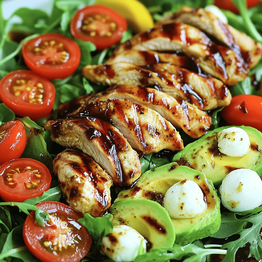 - 2 boneless, skinless chicken breasts - Fresh arugula or a mix of baby greens - 1 large ripe avocado - Cherry tomatoes and mozzarella balls The main ingredients make this salad fresh and colorful. The chicken gives protein, while the avocado adds creaminess. A mix of greens provides crispness, and the tomatoes and mozzarella bring juiciness and flavor. - 2 tablespoons balsamic glaze - 1 teaspoon garlic powder - 1 teaspoon dried basil - Salt and freshly ground black pepper The seasonings elevate the dish. Balsamic glaze adds a sweet tang. Garlic powder and dried basil provide depth and warmth. Salt and pepper enhance all the flavors, making each bite satisfying. - Fresh basil leaves - Extra balsamic glaze for drizzling - Nuts for added flavor and texture Garnishes add a finishing touch. Fresh basil leaves bring a fragrant aroma. A drizzle of balsamic glaze brightens the salad. Nuts add a crunchy texture, making the meal even more enjoyable. For the full recipe, check the [Full Recipe]. - Preheat the grill or stovetop grill pan: Start by heating your grill or grill pan over medium-high heat. You want it hot enough for a nice sear on the chicken. - Prepare the balsamic marinade: In a small bowl, mix 2 tablespoons of balsamic glaze, 1 teaspoon of garlic powder, 1 teaspoon of dried basil, and a pinch of salt and pepper. Stir it well to make a tasty marinade. - Marinate the chicken breasts: Coat both chicken breasts evenly with the balsamic marinade. Let them sit for about 15 minutes. This helps the chicken soak up all the great flavors. - Grill the chicken until fully cooked: Place the marinated chicken on your hot grill. Cook for 6-7 minutes on each side. The chicken is done when it reaches 165°F (75°C). After cooking, let it rest for 5 minutes. This keeps it juicy and tender. - Layer the base and add salad ingredients: Grab a large bowl and add 2 cups of fresh arugula or mixed greens as the base. Next, add sliced avocado, halved cherry tomatoes, and fresh mozzarella balls. - Slice and arrange the grilled chicken: After resting, slice the grilled chicken into strips. Lay them over the salad in a nice pattern. For the full recipe, check the details above and enjoy a delightful meal! To make perfect balsamic chicken, start by preheating your grill. Heat it to medium-high. A hot grill sears the meat well. This adds flavor and keeps the juices inside. Use a meat thermometer to check for doneness. Insert it into the thickest part of the chicken. You want the internal temperature to reach 165°F (75°C). This ensures safety and great taste. When assembling your salad, focus on visual appeal. Use a large, deep bowl to allow for layering. Start with fresh arugula or mixed greens as the base. Then, artfully arrange the sliced avocado, cherry tomatoes, and mozzarella on top. Layering your ingredients helps to spread flavors evenly. Each bite should have a mix of chicken, veggies, and cheese. This way, you enjoy all the flavors together. Pair your salad with some crusty bread for a complete meal. A light side dish like roasted vegetables also works great. This salad shines at summer gatherings or casual dinners. Its bright colors and fresh flavors make it perfect for any occasion. Want to impress? Serve it at your next family picnic or potluck. You can find the full recipe above to guide your cooking journey! {{image_4}} You can make this salad gluten-free easily. Just check the balsamic glaze to ensure it has no hidden gluten. Most brands are safe, but it’s good to verify. If you want a vegan or vegetarian option, replace the chicken with grilled tofu or tempeh. Marinate these plant proteins just like the chicken. They soak up flavors well, making your salad tasty and satisfying. Using seasonal vegetables can elevate your salad. In spring, try adding fresh peas or asparagus. In summer, consider juicy heirloom tomatoes. They add color and sweetness. Incorporating fruits like strawberries or peaches can make your salad pop. Their sweetness contrasts nicely with the salty mozzarella and balsamic glaze. Just slice them thin and arrange them artfully on top. You can switch up the dressing for a new twist. A lemon vinaigrette adds brightness. A creamy ranch gives a rich feel. Each dressing changes the flavor profile. To customize flavors, try adding a touch of honey to your balsamic glaze. This gives a sweet balance. Alternatively, mix in some mustard for a zesty kick. For the complete recipe, don’t forget to check the Full Recipe section. To store leftovers, first let the salad cool down. Place it in an airtight container. Keep it in the fridge. This method helps keep the flavors fresh. If you want to store the chicken separately, wrap it well in plastic wrap or foil. This way, it stays juicy and tasty. You can freeze the grilled chicken, but avoid freezing the salad. The vegetables and cheese do not freeze well. To freeze the chicken, cut it into pieces and place it in a freezer bag. Remove as much air as you can. When you want to eat it, thaw the chicken in the fridge overnight. Once thawed, reassemble the salad with fresh ingredients. In the fridge, the salad lasts about 2-3 days. Check for signs of spoilage before eating. If you see any mold or strange smells, toss it out. The chicken might last a bit longer, around 4 days. Always check if it looks and smells good. Enjoy your delicious Balsamic Chicken Avocado Caprese Salad while it’s still fresh! For the full recipe, check the [Full Recipe]. If you want a different protein, try turkey or shrimp. For plant-based options, use grilled tofu or chickpeas. Both options work well in this salad, giving you flexibility. Yes, you can prepare this salad in advance. To keep it fresh, store the chicken separately. Keep the salad ingredients in an airtight container. Add the dressing just before serving to avoid soggy greens. To boost the flavor, add herbs like rosemary or thyme. You can also sprinkle some smoked paprika for a unique twist. A pinch of red pepper flakes adds a nice kick, too. For the full recipe, check out the details above! This blog post covered a tasty grilled chicken salad. I shared key ingredients, cooking steps, and helpful tips. You can customize it with seasonal flavors or dietary needs. Store leftovers properly for long-lasting freshness. Remember, a good salad starts with great ingredients and proper preparation. With these simple steps, you'll enjoy a vibrant meal perfect for any occasion. Now, it’s time to get cooking and impress your friends and family!