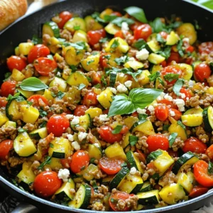 To make the Ground Turkey and Zucchini Skillet, you'll need a few fresh items. Here’s the complete list: - 1 lb ground turkey - 2 medium zucchinis, diced into half-moons - 1 red bell pepper, diced - 1 onion, chopped - 3 cloves garlic, minced - 1 teaspoon Italian seasoning - 1/2 teaspoon smoked paprika - Salt and black pepper, to taste - 2 tablespoons olive oil - 1 cup cherry tomatoes, halved - 1/4 cup fresh basil, chopped - 1/4 cup crumbled feta cheese (optional) These ingredients create a tasty and colorful dish. Ground turkey is lean and full of protein. Zucchini adds a nice crunch and vitamins. Bell pepper and onion bring sweetness, while garlic gives it depth. Italian seasoning and smoked paprika add warmth and flavor. If you like a creamy touch, crumbled feta is a great option. Fresh basil at the end brightens the dish with its fragrance. This recipe is simple, yet it packs a punch of flavor. For more details on how to prepare this meal, check out the Full Recipe. - Heat the Skillet: Add 2 tablespoons of olive oil to a large skillet. Place it over medium heat. - Add Flavor Base: Chop 1 onion and 3 cloves of garlic. Add the onion to the skillet. Sauté for about 3-4 minutes until soft. Then, add the minced garlic. - Cook the Turkey: Increase the heat to medium-high. Add 1 pound of ground turkey to the skillet. Use a spatula to break it apart. Cook until browned, about 5-7 minutes. - Mix in Vegetables and Seasonings: Stir in 2 diced zucchinis and 1 cup of halved cherry tomatoes. Add 1 teaspoon of Italian seasoning and 1/2 teaspoon of smoked paprika. Season with salt and black pepper to taste. Mix everything well. - Simmer to Tenderness: Cover the skillet with a lid. Lower the heat to medium. Let it simmer for 5-7 minutes, stirring occasionally. The zucchinis should be tender but still slightly crisp. - Presentation Tips: Remove from heat. Sprinkle 1/4 cup of chopped fresh basil and 1/4 cup of crumbled feta cheese, if using, over the dish. Gently toss before serving. For the full recipe, check the details above. - Use fresh ingredients for the best flavors. Fresh veggies and herbs boost taste. - Stir regularly to ensure even cooking. This helps prevent sticking and burning. - Substitute ground turkey with lean chicken or plant-based meat for a healthier option. This keeps the dish light but still filling. - Increase vegetable quantity for more fiber. Extra veggies make the meal more nutritious. - Add a splash of lemon juice for brightness. This little touch can really lift the dish. - Experiment with other herbs like oregano or thyme. They can change the flavor profile nicely. These tips help you make a tasty Ground Turkey and Zucchini Skillet. Remember, cooking should be fun! For the full recipe, check the recipe section above. {{image_4}} You can easily change a few ingredients in this dish. Swap zucchinis with bell peppers or spinach for a different taste. Bell peppers add a hint of sweetness, while spinach brings in extra nutrients. If you prefer, use ground chicken or beef instead of turkey. Each option offers a unique flavor while keeping the meal healthy. If you're short on time, try using an Instant Pot. It cooks the meal faster and still keeps it tasty. Just set it to cook for about 10 minutes after the sautéing step. For a cozy meal, bake it in the oven. Layer the mixture in a baking dish and cook at 350°F for about 20 minutes. This method gives you a lovely casserole-style dish. Want to spice things up? Add taco seasoning for a fun Mexican twist. This will give your dish a burst of flavor that everyone will love. For an Indian-inspired meal, sprinkle in some curry powder. This adds warmth and a rich taste to the ground turkey and zucchini. Don't hesitate to get creative with the flavors you enjoy! Store leftovers in an airtight container in the refrigerator for up to 3 days. This keeps the meal fresh and safe to eat. Make sure to let the dish cool down before sealing it. Label the container with the date to track freshness easily. You can freeze the dish for up to 2 months. To do this, place the cooled skillet mixture in a freezer-safe container. When you’re ready to eat, thaw it in the fridge overnight. Reheat thoroughly before serving to ensure it is hot. Reheat in the microwave or on the stovetop for best results. If using a microwave, heat in short bursts to avoid hot spots. Stir between heating to ensure even warmth. If reheating in a skillet, add a splash of water to keep it moist. Enjoy your meal just like fresh! Cooking ground turkey typically takes about 7-10 minutes until browned. Start by heating your skillet over medium-high heat and add the turkey. Break it apart with a spatula as it cooks. You want to see it turn a nice golden brown color. This step is key to ensuring a flavorful dish. Yes, you can prepare the ingredients in advance and cook just before serving. Chop your veggies and measure your spices earlier in the day. Store them in the fridge. When it's time for dinner, just heat the skillet and toss everything in. It saves time and helps you enjoy your meal with family or friends. Serve it with crusty bread, quinoa, or a side salad for a complete meal. Crusty bread is great for soaking up the juices. Quinoa adds protein and a nice texture. A fresh salad brings color and crunch, making your dinner feel fancy yet easy. For the full recipe, check out Ground Turkey Zucchini Delight 🥄🥒. This blog covered the tasty Ground Turkey and Zucchini Skillet. You learned about the key ingredients and easy steps to cook this dish. I shared helpful tips, variations, and how to store leftovers. In the end, this meal is not just quick; it’s also healthy and flexible. Enjoy making it your own with various flavors. Happy cooking!