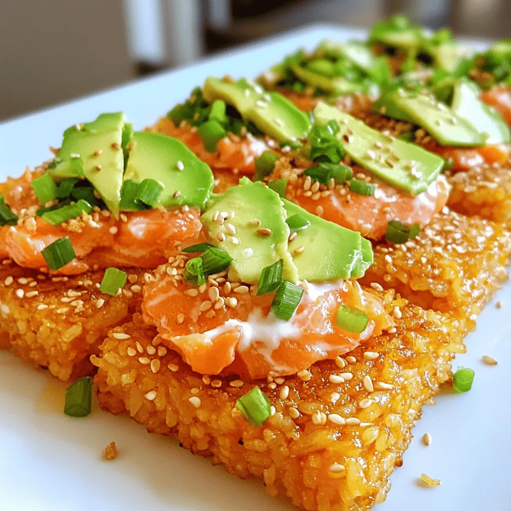 - 2 cups cooked sushi rice - 1 tablespoon rice vinegar - 1 teaspoon sugar - Salt, to taste - 1 pound fresh skinless salmon - 2 tablespoons sriracha - 1 tablespoon mayonnaise (preferably Kewpie for creaminess) - 1 ripe avocado, thinly sliced - 1/4 cup green onions, finely chopped - 1 teaspoon sesame oil - 1 tablespoon panko breadcrumbs - Seaweed sheets, cut into strips for garnish (optional) To make crispy rice with spicy salmon, we need fresh ingredients. Sushi rice is key for texture. Rice vinegar adds a nice tang to the rice. Sugar balances the flavors, while salt brings it all together. Salmon is the star of this dish. Use fresh, skinless salmon for the best taste. Sriracha gives it that spicy kick. Mixing sriracha with mayonnaise makes a creamy sauce. You can add avocado for creaminess and green onions for freshness. Sesame oil adds a nutty flavor, and panko breadcrumbs give crunch. Seaweed strips can be a fun garnish. You can find the full recipe in the next section. This dish is both tasty and fun to make! To start, you need to mix the sushi rice. In a medium bowl, gently combine 2 cups of cooked sushi rice with 1 tablespoon of rice vinegar, 1 teaspoon of sugar, and a pinch of salt. Stir this until all ingredients mix well. Allow the rice to cool a bit. After cooling, take small portions of the rice and shape them into patties. Aim for rectangular shapes about 1-inch thick. Next, it’s time to cook the rice patties. Heat a non-stick skillet over medium heat. Add a light drizzle of sesame oil. Wait until the oil shimmers. Carefully place the rice patties in the skillet. Cook each side for about 3 to 4 minutes. You want them golden brown and crispy. When they finish cooking, take them out and let them drain on a paper towel. This helps absorb extra oil. Now, let’s make the spicy salmon. In a mixing bowl, combine 2 tablespoons of sriracha with 1 tablespoon of mayonnaise. Blend these until smooth. Then, cut 1 pound of fresh skinless salmon into bite-sized cubes. Gently fold the salmon into the spicy mayo. Make sure each piece gets coated well. This adds a nice kick to your dish. For the full recipe, check out the instructions above. To make crispy rice, time and heat are key. Cook your rice patties for about 3-4 minutes on each side. This gives them a golden crust. Make sure your skillet is hot. A non-stick skillet works best and needs a light drizzle of sesame oil. This oil adds flavor and helps the rice crisp. After cooking, let them rest on paper towels. This removes excess oil and keeps them crispy. For sushi rice, mix in rice vinegar, sugar, and a pinch of salt. This adds a nice tang and sweetness. You can also try adding some sesame seeds or a splash of soy sauce to the rice for more depth. For toppings, sliced avocado adds creaminess. Chopped green onions give a fresh taste. Panko breadcrumbs on top add a crunchy finish. When serving, arrange your crispy rice patties on a nice platter. You want them to look appealing. Top each patty with the spicy salmon mix. A slice of avocado on top is both pretty and tasty. Sprinkle green onions for color and flavor. For a fun touch, add edible flowers or sesame seeds as a garnish. You can serve with chopsticks to make it more authentic. Enjoy your flavorful delight! {{image_4}} If you want to mix things up, consider different proteins. You can easily swap salmon for tuna or crab. Both options add their own unique flavor and texture. For a vegan choice, try tofu or tempeh. These plant-based proteins work well with spicy sauces. You can even create plant-based sauces using vegan mayo and sriracha. You can make this dish spicy or mild. If you prefer a kick, add more sriracha or a dash of chili oil. For a milder version, use a light hand with the spice. You can also explore international flavors. Adding soy sauce or wasabi gives a Japanese twist. For a Mexican flair, try pico de gallo or a lime drizzle. Think about how you want to serve this dish. You can cut the crispy rice into smaller pieces for bite-sized appetizers. They’re perfect for parties! Or, you can keep them larger for a main course. For a party platter, arrange them on a big tray. Add colorful garnishes like sliced radishes or edible flowers for an eye-catching display. Try these ideas to create your own version of crispy rice with spicy salmon. For the full recipe, check out the earlier section! To keep your crispy rice with spicy salmon fresh, store it properly. First, let the dish cool down to room temperature. Then, place any leftovers in an airtight container. It’s best to eat them within two days. - Refrigeration guidelines: Store the dish in the fridge. It stays good for about 48 hours. Make sure the container is sealed tight to prevent air from getting in. - Freezing options: You can freeze the rice patties, but the salmon is best fresh. To freeze, wrap the rice patties in plastic wrap and place them in a freezer bag. Use them within one month for the best taste. When reheating, you want to keep that crispy texture. Here are some tips: - Techniques to retain crispness: Use a pan to reheat the rice patties over medium heat. Add a small amount of oil to help regain crispness. Cook each side for about two minutes until they are warm and crispy again. - Avoiding soggy rice: Avoid using the microwave for the rice patties. It makes them soggy. If you must, cover them with a paper towel to absorb moisture, but pan frying is always best. Enjoy your delicious leftovers! To make Crispy Rice with Spicy Salmon, follow these steps: 1. Prepare the sushi rice: Mix cooked sushi rice with rice vinegar, sugar, and salt. 2. Shape the rice: Form this mixture into rectangular patties. 3. Pan-fry the rice: Cook the patties in a skillet with sesame oil until golden brown. 4. Make the spicy salmon: Combine sriracha and mayonnaise, then mix with diced salmon. 5. Assemble the dish: Place the salmon atop the crispy rice patties. 6. Garnish: Add avocado slices and green onions for color. You can find the full recipe in the earlier section. Yes, you can prepare elements ahead of time. Make the sushi rice and form the patties. Store them in the fridge for up to one day. You can also make the spicy salmon mix in advance. Just keep it chilled until you are ready to serve. This dish pairs well with: - Edamame: Lightly salted and steamed. - Seaweed salad: Adds a fresh crunch. - Miso soup: Complements the flavors perfectly. - Pickled vegetables: Provides tang and contrast. To pick fresh salmon, check these points: - Color: Look for bright pink or orange hues. - Texture: The flesh should feel firm and not mushy. - Smell: Fresh salmon has a clean scent, not fishy. - Eyes: If buying whole fish, clear eyes show freshness. Yes, this recipe works well for meal prep. Store the crispy rice and spicy salmon separately to keep the rice crunchy. You can refrigerate them for up to three days. When ready to eat, reheat the rice in a skillet to regain crispiness. This recipe for crispy rice with spicy salmon offers a fun and tasty meal. You learned how to prepare the rice, fry it for crunch, and mix it with salmon. With tips on flavors and storage, you can enjoy this dish for days. Feel free to try variations based on your taste. Cooking can be creative and rewarding. Enjoy every bite and share your masterpiece with friends. Happy cooking!