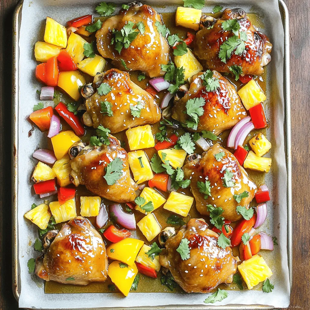 Cooking our Hawaiian Chicken Sheet Pan is easy with the right ingredients. Here’s what you need: - 4 boneless, skinless chicken thighs - 1 cup fresh pineapple, diced - 1 red bell pepper, sliced into strips - 1 yellow bell pepper, sliced into strips - 1 red onion, cut into wedges - 3 cloves garlic, minced - 3 tablespoons soy sauce (or tamari for a gluten-free option) - 2 tablespoons honey - 1 tablespoon fresh ginger, grated - 1 tablespoon sesame oil - Salt and freshly ground black pepper, to taste - Fresh cilantro, chopped, for garnish Each ingredient plays a big role in creating flavor. Chicken thighs give a juicy and tender bite. The fresh pineapple adds sweetness and tang. The bell peppers and onion bring color and crunch. The marinade blends soy sauce, honey, ginger, and garlic for a bright taste. Use fresh ingredients for the best results. This is key to making your dish shine. For the full recipe, check the details above. Enjoy the cooking process! Marinating the chicken Start by preheating your oven to 400°F (200°C). Grab a large mixing bowl. In it, whisk together soy sauce, honey, minced garlic, grated ginger, and sesame oil. Add a pinch of salt and black pepper to taste. Place the chicken thighs into the bowl and coat them well. Let the chicken marinate for about 15 minutes. This step boosts the flavor and makes the chicken juicy. Preparing the vegetables While the chicken marinates, wash and chop your vegetables. In another bowl, mix diced pineapple, red and yellow bell peppers, and red onion. Drizzle a bit of olive oil over the veggies. Season with salt and pepper, then toss until they are all coated. This will add a nice sweetness and crunch to your dish. Baking the dish Line a large sheet pan with parchment paper for easy cleanup. Arrange the marinated chicken thighs on one side of the pan. On the other side, spread the vegetable and pineapple mix evenly. Place the sheet pan in your preheated oven. Bake for 25 to 30 minutes. You want the chicken to reach an internal temperature of 165°F (75°C) and the veggies to be tender. After baking, let the pan rest for a few minutes. This allows the juices to soak back into the chicken. For a fresh touch, garnish with chopped cilantro before serving. Enjoy this tropical delight! You can find the Full Recipe for more details. For great flavor, marinate your chicken thighs. Use a bowl to mix soy sauce, honey, garlic, ginger, and sesame oil. This blend creates a tasty marinade. - Let the chicken soak for at least 15 minutes. For more flavor, try marinating longer, up to 2 hours if you can. - Always keep the chicken covered in the fridge while marinating. This helps keep it safe and fresh. If you want to add more flavor, try these ideas: - Citrus Twist: Add the juice of a lime or orange to the marinade. This adds a zesty flavor. - Heat It Up: Add a pinch of red pepper flakes for a spicy kick. Getting the chicken cooked right is key. Use a meat thermometer to check the chicken's temperature. It should reach 165°F (75°C) for safety. - Place the chicken on one side of the sheet pan. Give it space so it cooks evenly. - Bake for 25-30 minutes. Check the chicken after 20 minutes to ensure it isn’t overcooking. To caramelize your vegetables: - Cut them into equal sizes for even cooking. - Drizzle with olive oil and sprinkle with salt and pepper before baking. This helps them brown nicely. - Keep an eye on them during the last few minutes. They should be tender and lightly browned. Using these tips will help you create a delicious Hawaiian Chicken Sheet Pan that shines with flavor. Enjoy your cooking! For the full recipe, check out [Full Recipe]. {{image_4}} You can change the protein in this dish. Try tofu or shrimp for a fun twist. Both options soak up the marinade well. They add a unique taste and texture. For vegetables, feel free to mix and match. Use zucchini, broccoli, or snap peas instead. These options add color and crunch. You can even add carrots or mushrooms for more flavor. Each choice brings its own taste to the meal. Be creative! Adjusting the marinade opens new flavor doors. If you want a spicy kick, add red pepper flakes or chili sauce. This gives the dish a nice heat. For a sweeter touch, try brown sugar instead of honey. You can also mix in fresh herbs. Basil or mint can brighten the dish. Toss in some lime zest for a citrus boost. Each change can make a big difference. Enjoy experimenting with your flavors! To keep your Hawaiian chicken fresh, store leftovers in the fridge. Use an airtight container. This helps seal in moisture and flavor. You can keep the chicken for up to three days. For longer storage, consider freezing. Just let the dish cool before packing it away. Use freezer-safe bags or containers. Label them with the date. You can freeze it for up to three months. You can easily reheat your Hawaiian chicken in the oven or microwave. To reheat in the oven, set it to 350°F (175°C). Place the chicken in a baking dish, cover it with foil, and heat for about 15-20 minutes. This helps keep the chicken moist. If using a microwave, place the chicken on a microwave-safe plate. Cover it loosely and heat in short bursts. Check every 30 seconds until warm. For best results, try to maintain the texture and flavor. Avoid overheating, as this can dry it out. A splash of water or broth can help keep it juicy. Enjoy your meal just like the first time! Yes, you can use chicken breasts instead of thighs. Chicken breasts are leaner and may cook faster. Adjust your cooking time to ensure they reach 165°F. Check them a bit earlier than thighs to avoid dryness. You can serve Hawaiian chicken with rice or quinoa. These grains soak up the tasty sauce. You might also enjoy it with a fresh green salad or coleslaw for crunch. Grilled veggies make a great side, too. You can marinate the chicken for 15 to 30 minutes. This time gives the chicken great flavor. If you want even more depth, you can marinate it up to 2 hours in the fridge. Avoid marinating too long to keep the chicken tender. For the full recipe, check out the Tropical Hawaiian Chicken Sheet Pan. In this article, you learned how to prepare a delicious dish with chicken thighs and vegetables. We covered the marinating process, cooking tips, and storage ideas. You can also explore ingredient swaps and flavor variations to keep meals exciting. Remember, cooking is about experimenting and having fun. Use these tips to create your version of this dish. Enjoy every bite, and don’t hesitate to make it your own!