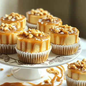 Here’s what you need to make these tasty mini cheesecakes: - 1 cup graham cracker crumbs - 1/4 cup unsalted butter, melted - 2 cups cream cheese, softened to room temperature - 1 cup creamy peanut butter - 3/4 cup granulated sugar - 1 teaspoon pure vanilla extract - 2 large eggs, at room temperature - 1/2 cup caramel sauce (store-bought or homemade, warmed) - 1/4 cup chopped roasted peanuts (for garnish) - Flaky sea salt (for garnish) For those with dietary restrictions, you can make some easy swaps. Use gluten-free graham crackers for the crust. You can also choose a dairy-free cream cheese or nut butter if needed. When selecting ingredients, aim for high-quality items. Look for fresh cream cheese that’s soft and smooth. Use natural peanut butter without added sugar or oils for the best taste. Always check the caramel sauce for quality, especially if you choose store-bought. Follow the Full Recipe to see how these ingredients come together to create a delightful treat! First, you need to preheat your oven to 325°F (160°C). This step is key to getting the perfect mini cheesecakes. While the oven heats, prepare your muffin tin. Line it with mini cupcake liners. This makes it easy to remove the cheesecakes later. Now, let’s make the crust. In a medium bowl, mix 1 cup of graham cracker crumbs with 1/4 cup of melted unsalted butter. Stir with a fork until it looks like wet sand. Take about 1 tablespoon of this mixture and press it firmly into the bottom of each liner. Bake the crusts for 5-7 minutes until they become lightly golden. After baking, let them cool completely. Next, we’ll make the cheesecake filling. In a large bowl, combine 2 cups of softened cream cheese and 1 cup of creamy peanut butter. Use a hand mixer to beat them together until smooth and creamy. Gradually mix in 3/4 cup of granulated sugar and 1 teaspoon of pure vanilla extract. This adds flavor and sweetness. Now, add 2 large eggs, one at a time. Mix well after each egg to ensure a smooth filling. Carefully spoon the cheesecake filling into each cup, filling nearly to the top. Place the muffin tin back in the oven and bake for 18-20 minutes. You want the edges to be set, but the center should still jiggle slightly. Once baked, let the cheesecakes cool at room temperature. After they cool, transfer them to the refrigerator. Chill for at least 2 hours before serving. This step ensures they set up nicely. For the finishing touches, drizzle warm caramel sauce on top of each cheesecake. Sprinkle with chopped roasted peanuts and a pinch of flaky sea salt. Your mini cheesecakes are now ready to impress! For the full recipe, check out the full recipe link. To get a smooth cheesecake filling, use room temperature cream cheese. Cold cream cheese will not mix well. Blend it with peanut butter until creamy. Mix gently after adding eggs. Overmixing can make the filling too airy. This can lead to cracks during baking. To prevent cracks, avoid high heat. Bake at 325°F (160°C). Check for set edges and a jiggly center. This means they are done. Let them cool in the pan first. Room temperature helps keep them from cracking. For serving, use a tiered dessert stand. This adds height and draws attention. Drizzle extra caramel sauce around the base for flair. Garnish with chopped roasted peanuts on top. A sprinkle of flaky sea salt adds a nice touch. The contrast of textures makes them look fancy. One big mistake is overmixing the batter. This adds too much air. It can cause the cheesecakes to puff up and crack. Another issue is not using room temperature ingredients. Cold eggs and cream cheese do not mix well. This can lead to lumps in your filling. Lastly, watch your baking time. If you bake too long, they can dry out. Aim for a slight jiggle in the center. Follow the Full Recipe for the best results. {{image_4}} You can make these mini cheesecakes even more fun. Try adding different extracts like almond or coconut. A splash of coffee or orange zest also works well. You can also mix in chocolate! Swirl in melted chocolate for a rich taste. Or add fresh fruit, like mashed strawberries or blueberries, for a fruity twist. Need a gluten-free option? Use gluten-free graham crackers for the crust. You can also swap in almond flour or ground oats. For a vegan version, use plant-based cream cheese and flax eggs. Just mix one tablespoon of flaxseed meal with three tablespoons of water for each egg. Change up the flavors with the seasons! In the fall, add cinnamon or nutmeg to the filling. Top with caramelized apples or pecans for a cozy touch. During the holidays, use peppermint extract and top with crushed candy canes. These twists make the cheesecakes perfect for special occasions. For the full recipe, check out the details above! To keep your mini cheesecakes fresh, store them in an airtight container. This will prevent them from drying out or absorbing other smells from the fridge. You can also cover them tightly with plastic wrap. They stay fresh in the fridge for up to five days. If you won’t eat them that fast, consider freezing them for later. You can freeze mini cheesecakes to enjoy later. First, let them cool completely after baking. Then, wrap each cheesecake tightly in plastic wrap. Place them in a freezer-safe bag or container. They can last up to two months in the freezer without losing flavor. To thaw, move them to the fridge for several hours or overnight. This will keep them creamy and delicious. Enjoy the creamy goodness whenever you like! For the full recipe, check out the earlier section. You want to make these mini cheesecakes look as good as they taste. Serve them on a tiered dessert stand. This adds height and draws the eye. Drizzle some caramel sauce around the base for flair. Place whole roasted peanuts on top for crunch. This simple touch makes your dish pop. Yes, you can use homemade caramel sauce. It can taste richer and fresher. However, it takes more time to make. Store-bought caramel sauce is quick and easy. It saves time but may have preservatives. Choose what fits your schedule and taste. Look for the edges to set while the center jiggles. The cheesecakes should not be too firm. They will continue to cook as they cool. Trust your eyes and the texture. This ensures a creamy and delicious bite. You can get creative with toppings! Try chocolate sauce for a sweet twist. Fresh berries add a fruity punch. Whipped cream makes it extra fluffy. A sprinkle of crushed cookies offers crunch. Mix and match to find your favorite combo. Yes, you can make these mini cheesecakes ahead of time. They store well in the fridge for up to a week. Just make sure they are covered. You can also freeze them for longer storage. Thaw in the fridge overnight before serving. You now have a clear guide on making mini cheesecakes. We covered the important elements, from choosing ingredients to baking and storing. Remember the tips to avoid common mistakes and achieve the best texture. Explore flavor variations to suit your taste and occasions. With these instructions, you can impress anyone with your baking skills. Enjoy creating delicious mini cheesecakes that are sure to please!
