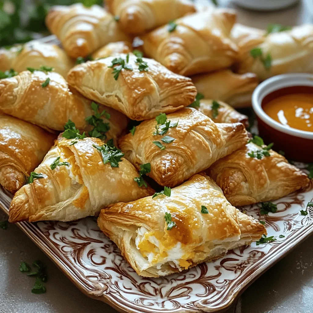 - 1 can (8 oz) refrigerated crescent roll dough - 1 cup lump crab meat, drained and flaked - 1 cup cream cheese, softened - 1/2 cup shredded sharp cheddar cheese - 1/4 cup green onions, finely chopped - 1 tablespoon freshly squeezed lemon juice - 1 teaspoon garlic powder - 1/2 teaspoon Old Bay seasoning (optional) - Salt and pepper to taste - 1 egg, beaten (for egg wash) To make Crab & Cheese Stuffed Crescent Puffs, you need simple yet delicious ingredients. The star is the lump crab meat. It brings a sweet and ocean-fresh taste. The cream cheese gives a creamy texture that balances the dish. Sharp cheddar adds a nice kick, while green onions bring a bit of crunch and flavor. You might wonder about the Old Bay seasoning. It adds a hint of spice and depth. Feel free to skip it if you prefer. The lemon juice brightens the filling, making every bite refreshing. - Spices to enhance taste - Alternative cheeses (e.g., mozzarella) You can play with spices if you want. Try adding cayenne for heat or dill for a fresh taste. If you love cheese, swap in mozzarella for a gooey texture. - Baking sheet - Parchment paper - Mixing bowl - Pastry brush Using the right tools makes cooking easier. A baking sheet lined with parchment paper helps with clean-up. A mixing bowl is essential for blending the filling. Don’t forget a pastry brush for that golden egg wash! This recipe is all about making cooking fun and easy. Check the Full Recipe for more details on how to put it all together. - Preheat the oven to 375°F (190°C). - Unroll the crescent roll dough. Separate it into triangles along the pre-scored lines. - In a bowl, combine the crab meat, cream cheese, cheddar cheese, green onions, lemon juice, garlic powder, and Old Bay seasoning (if using). - Mix gently until well blended. This helps all the flavors come together. - Place a generous 1-2 tablespoons of the filling on the wide end of each triangle. - Roll the dough from the wide end to the tip. Pinch the edges firmly to seal the filling inside. - Arrange the stuffed puffs on a baking sheet lined with parchment paper. - Brush the tops with the beaten egg to give them a nice golden color. - Bake for 12-15 minutes until puffed and golden brown. You can find the full recipe in the previous section. Enjoy your cooking journey! To achieve the best texture, focus on the dough. Use fresh crescent roll dough for fluffy puffs. Roll the dough gently around the filling. This keeps air inside, making them light and airy. Make sure to pinch the edges tightly. This prevents any filling from leaking out during baking. Use a small amount of filling; too much can cause spills. Garnishing ideas can elevate your dish. A sprinkle of fresh parsley adds color and freshness. You can also use chives or dill for a twist. Pair these puffs with tasty dipping sauces. Cocktail sauce offers a nice tang. Lemon aioli brings a creamy, zesty flavor that complements the puffs well. Ovens can vary, so check your puffs as they bake. If your oven runs hot, reduce the bake time slightly. For even cooking, rotate the baking sheet halfway through. This helps all sides cook perfectly. If you use multiple trays, bake them one at a time for the best results. Follow the Full Recipe for step-by-step guidance. {{image_4}} You can switch up the main protein in these puffs. For a tasty twist, use shrimp or cooked chicken instead of crab. Both will bring their unique flavors while still being creamy and delicious. If you want a meat-free option, try a filling made of spinach and feta. This mix gives you a fresh taste and a nice texture, making it a great choice for vegetarians. Cheese is key to making these puffs creamy and rich. While cream cheese is a classic choice, feel free to explore other options. You can mix in mozzarella for a milder flavor or even pepper jack for a bit of spice. Combining different cheeses can create a new taste every time. If you need a dairy-free option, use a cream cheese alternative made from nuts. It still gives that creamy texture without the dairy. Want to kick up the heat? You can add spicy seasonings to the filling. Things like cayenne pepper or chili powder can make a big difference. If you love heat, consider adding jalapeños or a splash of hot sauce. This will give your puffs a spicy flair that many will enjoy. Adjust the spice to match your taste; it’s all about what you like! For the full recipe, check out the Crab & Cheese Stuffed Crescent Puffs. Store leftover puffs in the fridge. Place them in an airtight container. This helps keep them fresh. You can also wrap them in plastic wrap. Make sure to seal it well. This prevents air from getting in. Leftover puffs taste best within three days. You can freeze the puffs before baking. To do this, assemble the puffs and place them on a baking sheet. Freeze them for about an hour. Once frozen, transfer them to a freezer bag. Seal the bag tightly and label it. You can also freeze baked puffs. Let them cool, then place in a container. Use the same method as above. When you are ready to eat, reheat them in the oven at 350°F (175°C) for about 10-15 minutes. In the fridge, the puffs last about three days. If you freeze them, they can last up to three months. Check for signs of spoilage before eating. Look for strange smells or changes in color. If the puffs feel sticky or slimy, it’s best to throw them away. Proper storage keeps your crab & cheese stuffed crescent puffs tasting great. Look for a golden brown color on top. The puffs should be puffy and firm. If they are still pale, give them a couple more minutes. You can also check the bottom; it should be slightly crispy. Yes, you can make the filling a day in advance. Just store it in the fridge in a sealed container. When ready to use, let it sit at room temperature for a bit before filling the dough. This helps it spread easily in the puffs. There are many fun ways to use leftover filling. You can spread it on crackers for a snack. Try mixing it with pasta for a creamy dish. You can even use it in a sandwich or wrap for a tasty lunch. Absolutely! You can use puff pastry for a flakier texture. Phyllo dough is another option for a lighter bite. Just keep in mind that baking times may change, so watch them closely. Check the [Full Recipe] for more details. You learned how to make delicious Crab & Cheese Stuffed Crescent Puffs. We covered the ingredients needed, step-by-step instructions, and tips for perfecting your dish. Don’t forget that you can switch up ingredients for different flavors or save leftovers. Enjoy making these tasty bites for any occasion. Your family and friends will love them, and you’ll feel proud of your cooking skills. Try these today and savor every bite!