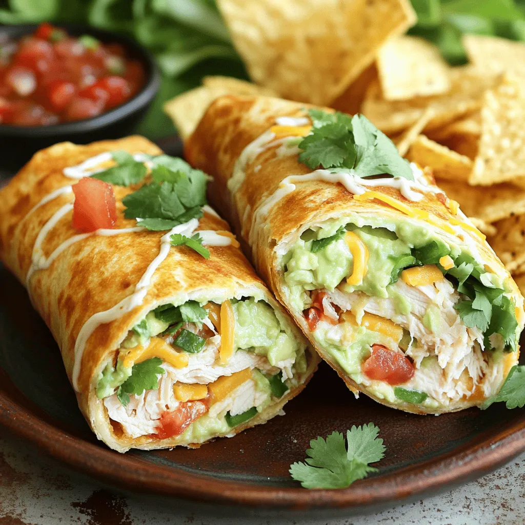 - 2 cups cooked chicken breast, shredded - 1 ripe avocado, perfectly mashed - 1 cup crisp shredded lettuce - 1 cup vibrant diced tomatoes - ½ cup shredded cheese (choose between cheddar or a Mexican blend) - ½ cup creamy ranch dressing - 4 large flour tortillas These main ingredients form the base of our delicious chicken avocado ranch burritos. Each item plays a key role. The chicken brings protein. The avocado adds creaminess. Lettuce and tomatoes give freshness. Cheese adds flavor and richness. Ranch dressing ties everything together with its tangy taste. - Fresh cilantro - Lime juice - Salt and pepper You can use these optional ingredients to enhance your burritos. Fresh cilantro adds a burst of flavor. Lime juice brings brightness that cuts through the richness. Salt and pepper help balance the flavors. Feel free to adjust these to fit your taste. - Mixing bowl - Skillet - Serving platter These tools make the cooking process easy. A mixing bowl combines the filling well. A skillet helps achieve that crispy texture. A serving platter makes your burritos look inviting. You can find these tools in most kitchens. They are essential for preparing and presenting your meal. For the full recipe, check out the link above. First, gather your ingredients. In a large mixing bowl, combine the cooked chicken, mashed avocado, lime juice, and ranch dressing. Mix them well until the filling is smooth and creamy. Taste the mixture and add salt and pepper as needed. This step boosts the flavor and makes it truly delicious. Next, grab a flour tortilla. Lay it flat on a clean surface. Scoop about ½ cup of the chicken mixture into the center. On top, add a handful of shredded lettuce, a good amount of diced tomatoes, and a sprinkle of cheese. This combination creates a burst of flavors in every bite. Now, it’s time to fold the burrito. Bring the sides of the tortilla inward over the filling. Then roll it tightly from the bottom up. Make sure the filling stays inside the tortilla. Repeat this process with the other tortillas and filling until you have a nice stack. To make the burritos crispy, heat a skillet over medium heat. Place the burritos seam-side down in the skillet. Cook them for about 2-3 minutes on each side. Look for a golden-brown color and a crispy texture. This step adds a satisfying crunch. Once cooked, carefully remove the burritos from the skillet. Let them rest for about a minute. Then, slice each burrito in half for a great presentation. Serve them warm and enjoy every mouthful of your Chicken Avocado Ranch Burritos. For the full recipe, check out the details above. You can save time by prepping your filling ahead. Combine the shredded chicken, mashed avocado, lime juice, and ranch dressing in a bowl. Mix well and store it in the fridge for up to two days. This way, you have a tasty filling ready when you're hungry. To store assembled burritos, wrap each one in plastic wrap or foil. Keep them in the fridge for up to three days. When you're ready to eat, just heat them in a skillet or microwave. This makes a quick meal for busy days. You have a choice in how you cook these burritos. Grilling them adds a smoky flavor. Just place the burritos on a hot grill for about 3-4 minutes on each side. This gives a nice char and crispy texture. If you prefer skillet cooking, heat a bit of oil in a pan. Cook the burritos seam-side down for 2-3 minutes until golden. You can also bake them in the oven. Preheat it to 350°F (175°C) and bake for 15-20 minutes. This method heats them evenly. To spice things up, consider adding extra ingredients. A bit of cumin or chili powder can give a nice kick. You can also top the burritos with jalapeños or fresh salsa for more flavor. Don’t forget about cheese! You can mix it up by using Monterey Jack or pepper jack instead of cheddar. This small change can make a big difference in taste. Customizing your burritos adds fun and flavor to each bite. For the full recipe, check out the earlier section! {{image_4}} You can switch things up with different proteins. For a heartier option, use shredded beef or turkey. They add rich flavors and textures. If you want a vegetarian twist, try black beans or pinto beans. These beans are filling and pair well with the other ingredients. To add some excitement, mix in Southwest spices. A touch of cumin or smoked paprika can really boost the flavor. You can also experiment with dressings or sauces. Try a spicy chipotle sauce for a kick, or even a zesty salsa to change things up. If you're looking for lighter options, consider lettuce wraps. They are fresh and crunchy, perfect for a low-carb meal. For those avoiding gluten, gluten-free tortillas are a great choice. They hold all the tasty fillings just as well as regular tortillas. You can enjoy your burrito without worry! For the full recipe, check out the complete guide to making Chicken Avocado Ranch Burritos. To keep your burritos fresh, wrap them tightly in plastic wrap. Place them in an airtight container. This method helps prevent drying out. You can store them in the fridge for up to three days. After that, they may lose some taste and texture. To freeze burritos, follow these steps: 1. Wrap each burrito in foil or plastic wrap. 2. Place them in a freezer-safe bag. 3. Squeeze out as much air as possible before sealing. This method keeps them fresh for up to three months. When you're ready to eat, thaw them in the fridge overnight. For quick thawing, you can use the microwave on a low setting. For the best texture, reheat your burritos in the oven. Preheat the oven to 350°F (175°C). Wrap the burrito in foil and heat for 15-20 minutes. This step keeps the tortilla warm and the filling moist. To avoid sogginess, skip the microwave. If you must use it, heat in short bursts. Check every 30 seconds to avoid overcooking. Enjoy your tasty Chicken Avocado Ranch Burritos! Yes, you can skip ranch dressing. Try using sour cream or yogurt instead. You can also make a simple homemade ranch. Just mix buttermilk, mayonnaise, garlic powder, and a pinch of salt. This gives a nice flavor too. The total time for Chicken Avocado Ranch Burritos is about 30 minutes. You need around 15 minutes to prep the ingredients. Cooking the burritos will take an extra 15 minutes. This makes it easy to fit into a busy day. Yes, you can. Look for gluten-free tortillas at your local store. They come in many brands and flavors. Just make sure to check the label. You can also make your own using gluten-free flour for a homemade touch. You can serve these burritos with a side of crispy tortilla chips. A fresh salsa or guacamole pairs well too. For a light side, try a simple green salad. These options complete the meal and add flavor. For the full recipe, check the link above. This blog post walks you through making delicious Chicken Avocado Ranch Burritos. You learned about the main and optional ingredients, the tools you need, and step-by-step instructions. I shared tips for making ahead, cooking variations, and flavor enhancements. You can explore variations with different proteins and wraps, plus storage and reheating tips. Burritos can be a fun meal for any occasion. Customize them to fit your taste or diet. Enjoy making these tasty treats!