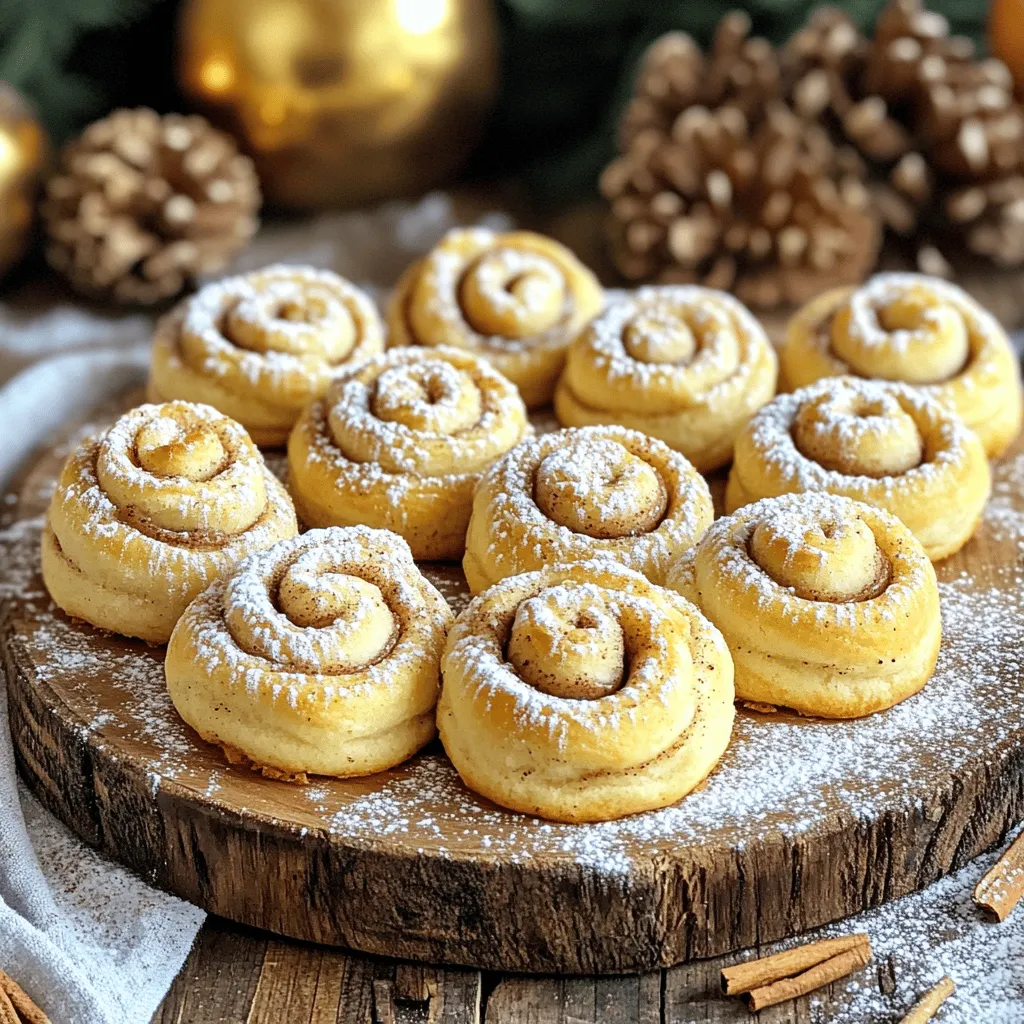 - Dry Ingredients - 2 ½ cups all-purpose flour - 1 teaspoon baking powder - ½ teaspoon baking soda - ½ teaspoon fine salt - 1 teaspoon ground cinnamon - Wet Ingredients - 1 cup unsalted butter, softened to room temperature - 1 cup granulated sugar - 1 large egg - 2 teaspoons pure vanilla extract - Cinnamon Sugar Filling - 1 cup packed brown sugar - 2 tablespoons ground cinnamon (for filling) - ½ cup powdered sugar (for glaze) - 2 tablespoons milk (for glaze) I love how simple these ingredients come together to create a treat loved by many. The blend of cinnamon and sugar brings warmth and comfort. Using unsalted butter gives you control over the saltiness. I recommend using fresh ground cinnamon for the best flavor. This cookie dough is soft, making it easy to work with. The brown sugar in the filling adds a nice caramel note. Plus, the glaze at the end makes your cookies shine bright. You can adjust the sweetness of the glaze by adding more or less milk. I suggest you check the Full Recipe for detailed steps. Use these ingredient tips to make your own delicious batch of soft cinnamon roll cookies! - Preheat your oven to 350°F (175°C). - Prepare a baking sheet by lining it with parchment paper. This helps prevent sticking. - In a medium mixing bowl, sift together the dry ingredients: - 2 ½ cups all-purpose flour - 1 teaspoon baking powder - ½ teaspoon baking soda - ½ teaspoon fine salt - 1 teaspoon ground cinnamon - In a large mixing bowl, cream together: - 1 cup unsalted butter, softened - 1 cup granulated sugar - Use an electric mixer and beat for 2-3 minutes until fluffy. - Next, add: - 1 large egg - 2 teaspoons pure vanilla extract - Mix well until smooth. - Gradually fold the dry mixture into the wet mixture using a spatula. - Stir just until the dough comes together. Avoid overmixing. - Prepare the cinnamon sugar filling by mixing: - 1 cup packed brown sugar - 2 tablespoons ground cinnamon - On a floured surface, roll out the dough into a rectangle about ¼ inch thick. - Evenly sprinkle the cinnamon-brown sugar mixture over the dough. - Carefully roll the dough from one end to form a tight log. - Slice the log into 1-inch thick pieces and place them on the prepared baking sheet. - Bake the cookies for about 10-12 minutes. Check for lightly golden edges. - Once baked, let them cool on the baking sheet for 5 minutes. - Transfer the cookies to a wire rack to cool completely. - While cooling, prepare the glaze by whisking together: - ½ cup powdered sugar - 2 tablespoons milk - Drizzle the glaze over each cookie before serving. These steps will guide you in making soft cinnamon roll cookies that are chewy and delicious. For more details, check the Full Recipe. - Avoid Overmixing Mixing too much can make cookies tough. Once you add dry ingredients, mix just until combined. This helps keep the cookies soft and chewy. - Ensuring Dough is Not Too Sticky If your dough feels sticky, add a little flour. Dust your work surface lightly with flour when rolling out the dough. This will help you shape the cookies easily. - Achieving the Right Consistency For a smooth glaze, whisk powdered sugar and milk together. If it’s too thick, add a bit more milk. If it’s too thin, sprinkle in more powdered sugar. You want it to drizzle easily. - Drizzling Techniques Use a spoon or a piping bag to drizzle the glaze on the cookies. Start from the center and move outward for a fun look. You can also use a fork for a more rustic style. - Creative Serving Suggestions Stack the cookies on a pretty plate. You can serve them warm or at room temperature. They look nice with a few cinnamon sticks on the side. - Decorative Touches Add a light dusting of powdered sugar or cinnamon on top. This small touch adds charm and makes them more inviting. Consider using colorful sprinkles for a festive vibe. {{image_4}} You can easily switch up the taste of your soft cinnamon roll cookies. Here are some fun ideas: - Adding Nuts or Chocolate Chips: You can fold in chopped nuts, like walnuts or pecans. They add a nice crunch. If you love chocolate, try adding chocolate chips. They melt and create a lovely gooey texture in every bite. - Different Spices: While cinnamon is classic, you can mix in other spices. Nutmeg or cardamom gives a warm twist. For a fun kick, add a pinch of ginger. Experiment with your favorite spices to find what you love! If you have specific dietary needs, you can still enjoy these cookies. - Gluten-Free Option: To make these cookies gluten-free, simply swap the all-purpose flour for a gluten-free blend. Look for one that works well in baking. This way, you still get soft and chewy cookies. - Vegan Substitutions: For a vegan version, use plant-based butter instead of regular butter. Substitute the egg with a flax egg or applesauce. This keeps the texture nice without using any animal products. With these variations, you can make these cookies fit your taste and needs. Always have fun and enjoy the process! For the full recipe, check out the details above. Storing at Room Temperature To keep your soft cinnamon roll cookies fresh, place them in an airtight container. They stay good for about 3 to 5 days at room temperature. Avoid stacking them too high to keep them from getting squished. If you want to enjoy them later, this is a simple way to store them. Refrigeration Options If you live in a warm area, you might want to refrigerate them. Store the cookies in an airtight container in the fridge. They can last for about a week this way. Just remember to let them sit at room temperature for a few minutes before enjoying them again. Best Practices for Freezing Cookies Freezing these cookies is easy and smart. First, let them cool completely. Then, place them in a single layer on a baking sheet. Freeze them for about an hour. After that, transfer the cookies to a freezer-safe bag. They can last for up to three months in the freezer. This way, you always have a tasty treat ready! Thawing and Reheating Tips When you’re ready to eat your frozen cookies, take out only what you need. Let them thaw at room temperature for about 30 minutes. For warm cookies, pop them in the oven at 350°F (175°C) for 5 to 10 minutes. Enjoy that fresh-baked taste again! To make these cookies softer, use more butter. More butter adds moisture. You can also chill the dough before baking. Chilling helps the cookies stay thick. Bake them just until the edges turn golden. This keeps the centers soft and chewy. Yes, you can use margarine instead of butter. However, the taste might change a bit. Margarine can make the cookies less rich. If you want the best flavor, butter is the way to go. But margarine is a good substitute if needed. You can use white sugar instead of brown sugar. To mimic brown sugar, mix white sugar with a bit of molasses. Use one cup of white sugar and add one tablespoon of molasses. This gives a similar flavor and moisture. These cookies last about 5 days at room temperature. Keep them in an airtight container. This helps them stay fresh and chewy. If you want them to last longer, freeze them. They can last up to three months in the freezer. Yes, you can add frosting instead of glaze. Cream cheese frosting works well with these cookies. It adds a nice tangy flavor. Just make sure to let the cookies cool completely before adding frosting. This keeps the frosting from melting. For a tasty twist, try using a chocolate frosting too! This blog post covered all you need to bake delicious cookies. We shared the ingredients list, detailed step-by-step instructions, and helpful tips. You learned about variations like gluten-free and vegan options. Proper storage techniques ensure your cookies stay fresh. Baking can be fun and easy. With practice, you’ll master these recipes. So grab your ingredients and get started! Enjoy the sweet results of your hard work.