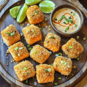 - Salmon fillet preparation: Use 1 lb of fresh salmon fillet. Remove the skin and cut it into bite-sized cubes. This ensures even cooking and a great texture. - Coating elements: You will need three main items for the coating: - 1 cup panko breadcrumbs - 1/2 cup all-purpose flour - 2 large eggs, beaten Each of these elements plays a key role. The flour helps the egg stick, while the panko gives a nice, crispy finish. - Mayonnaise and Sweet Chili Sauce: Blend together 1/2 cup of mayonnaise and 2 tablespoons of sweet chili sauce. This mix creates a creamy and slightly sweet base. - Adjusting spice levels: Add 1 tablespoon of Sriracha and 1 tablespoon of lime juice to tailor the heat. If you like it spicier, add more Sriracha. Taste your sauce and adjust the salt as needed. By combining these ingredients, you get a rich, zesty sauce that complements the salmon perfectly. For the full recipe, check it out [here]. To start, you need to dry the salmon cubes. This step is key for a crispy bite. Moisture makes the coating soggy. Use paper towels to remove any water. Once dry, season the salmon with salt and black pepper. This simple seasoning enhances the fish's natural flavors. Next, set up your breading station. You will need three shallow bowls. In the first bowl, mix all-purpose flour, garlic powder, smoked paprika, salt, and black pepper. In the second bowl, beat the eggs. The third bowl holds the panko breadcrumbs. To bread the salmon, take a cube and dip it in the flour mix. Make sure to coat it well, then shake off excess flour. Next, dip it in the beaten eggs. Let any extra egg drip off. Finally, roll the salmon in the panko breadcrumbs. Press lightly to help the coating stick. Now it’s time to fry! In a skillet, add enough oil to be about 1/2 inch deep. Heat the oil over medium-high heat. To check if the oil is ready, drop in a small piece of bread. If it sizzles right away, it’s hot enough. Carefully add the breaded salmon bites in small batches. If you crowd the pan, the oil cools down. Fry for 3-4 minutes on each side until golden brown. Use a slotted spoon to remove the bites and place them on a paper towel-lined plate. This helps drain any extra oil. To get that perfect crunch, oil temperature matters. Heat the oil to medium-high before frying. If it's too cold, the salmon bites will become soggy. Fry in small batches. This keeps the oil hot and allows even cooking. You want each piece to fry beautifully without steaming. Using a slotted spoon helps drain excess oil. Once the salmon is golden brown, lift it out with this spoon. Place the bites on a paper towel-lined plate. This step is key to keeping them crispy and not greasy. Garnishing can elevate your dish. Use lime wedges to add a fresh pop of color. Finely chopped herbs like cilantro or green onions also look great. They make the dish inviting and add flavor. For serving, arrange the crispy salmon bites on a vibrant platter. Drizzle the Bang Bang sauce over them or serve it in a small bowl on the side. This makes it easy for guests to dip. A well-presented dish is sure to impress everyone at your table. {{image_4}} You can change the flavor with different sauces. Try honey mustard or a garlic aioli. Both add a tasty twist. If you like spice, add more Sriracha to your Bang Bang sauce. You can also mix in lime zest for extra zing. To customize the sauce, start with the basic recipe. Then, taste it as you go. Adjust the spice level to match your taste. This way, you can create a sauce that fits your mood. If salmon isn't your favorite, you can use chicken or tofu. Both will work well in this recipe. For chicken, use bite-sized pieces of boneless breast or thighs. For tofu, use firm tofu cut into cubes. When using chicken, cook it longer. Fry chicken for about 5-7 minutes until it’s golden and cooked through. Tofu needs less time, about 3-4 minutes, until it’s crispy. Each protein adds its unique flavor and texture. For the full recipe, check the cooking times and adjust as needed! To keep your crispy salmon bites fresh, store them in an airtight container. This method helps preserve their flavor and texture. Place a paper towel inside the container to absorb moisture. Try to eat the leftovers within three days for the best taste. When it's time to reheat, the oven is your best friend. Preheat it to 350°F (175°C) and place the salmon bites on a baking sheet. Bake them for about 10 minutes. This method keeps the bites crispy. If you only have a microwave, use it with caution. Microwave them for 30 seconds, then check. Repeat as needed, but this may make them less crispy. Enjoy your leftover crispy Bang Bang salmon bites just as much as when they were fresh! Yes, you can prepare the salmon bites ahead. To do this, follow these steps: - Prepare the Salmon: Cut and season the salmon as needed. - Breading: Complete the breading process but do not fry them yet. - Storage: Place the breaded bites in a single layer on a baking sheet. Cover with plastic wrap and refrigerate. This way, they stay fresh and crispy. When ready to cook, simply heat your oil and fry them until golden. For crispy salmon bites, fresh salmon fillet is ideal. Here are some great options: - Sockeye Salmon: Rich flavor and firm texture. - Coho Salmon: Mild taste, great for frying. - King Salmon: Buttery and high in fat, very delicious. These types ensure your bites are tasty and juicy. To kick up the heat in your Bang Bang sauce, try these tips: - Add More Sriracha: Start with a teaspoon more, then taste. - Include Red Pepper Flakes: Mix in a pinch for extra spice. - Use Hot Chili Sauce: Substitute sweet chili sauce with a spicier version. These changes can help you find the perfect level of heat. Many places serve dishes like Crispy Bang Bang Salmon Bites. Here are some suggestions: - Asian Fusion Restaurants: They often have creative seafood dishes. - Seafood Restaurants: Look for specialty salmon bites on the menu. - Tapas Bars: They may have small plates similar to these bites. Exploring these venues can lead to delicious finds. Yes, baking is a healthier option. Here’s how you can do it: - Preheat your oven to 400°F (200°C). - Prepare a baking sheet: Line it with parchment paper. - Place Salmon Bites: Arrange the breaded bites in a single layer. - Bake for 12-15 minutes, flipping halfway: This helps them crisp up. Baking will give you a lighter version while still being tasty. For the complete recipe, check out the [Full Recipe]. In this blog post, we explored how to make Crispy Bang Bang Salmon Bites, from ingredients to cooking tips. You learned about key ingredients, including salmon, coating elements, and the tasty Bang Bang sauce. We covered the frying techniques for perfect crispiness and shared storage information for leftovers. Using these steps, you can impress your friends with a delicious dish. Remember, you can experiment with sauces and proteins. Enjoy the process and make it your own!