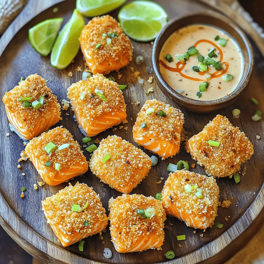 - Salmon fillet preparation: Use 1 lb of fresh salmon fillet. Remove the skin and cut it into bite-sized cubes. This ensures even cooking and a great texture. - Coating elements: You will need three main items for the coating: - 1 cup panko breadcrumbs - 1/2 cup all-purpose flour - 2 large eggs, beaten Each of these elements plays a key role. The flour helps the egg stick, while the panko gives a nice, crispy finish. - Mayonnaise and Sweet Chili Sauce: Blend together 1/2 cup of mayonnaise and 2 tablespoons of sweet chili sauce. This mix creates a creamy and slightly sweet base. - Adjusting spice levels: Add 1 tablespoon of Sriracha and 1 tablespoon of lime juice to tailor the heat. If you like it spicier, add more Sriracha. Taste your sauce and adjust the salt as needed. By combining these ingredients, you get a rich, zesty sauce that complements the salmon perfectly. For the full recipe, check it out [here]. To start, you need to dry the salmon cubes. This step is key for a crispy bite. Moisture makes the coating soggy. Use paper towels to remove any water. Once dry, season the salmon with salt and black pepper. This simple seasoning enhances the fish's natural flavors. Next, set up your breading station. You will need three shallow bowls. In the first bowl, mix all-purpose flour, garlic powder, smoked paprika, salt, and black pepper. In the second bowl, beat the eggs. The third bowl holds the panko breadcrumbs. To bread the salmon, take a cube and dip it in the flour mix. Make sure to coat it well, then shake off excess flour. Next, dip it in the beaten eggs. Let any extra egg drip off. Finally, roll the salmon in the panko breadcrumbs. Press lightly to help the coating stick. Now it’s time to fry! In a skillet, add enough oil to be about 1/2 inch deep. Heat the oil over medium-high heat. To check if the oil is ready, drop in a small piece of bread. If it sizzles right away, it’s hot enough. Carefully add the breaded salmon bites in small batches. If you crowd the pan, the oil cools down. Fry for 3-4 minutes on each side until golden brown. Use a slotted spoon to remove the bites and place them on a paper towel-lined plate. This helps drain any extra oil. To get that perfect crunch, oil temperature matters. Heat the oil to medium-high before frying. If it's too cold, the salmon bites will become soggy. Fry in small batches. This keeps the oil hot and allows even cooking. You want each piece to fry beautifully without steaming. Using a slotted spoon helps drain excess oil. Once the salmon is golden brown, lift it out with this spoon. Place the bites on a paper towel-lined plate. This step is key to keeping them crispy and not greasy. Garnishing can elevate your dish. Use lime wedges to add a fresh pop of color. Finely chopped herbs like cilantro or green onions also look great. They make the dish inviting and add flavor. For serving, arrange the crispy salmon bites on a vibrant platter. Drizzle the Bang Bang sauce over them or serve it in a small bowl on the side. This makes it easy for guests to dip. A well-presented dish is sure to impress everyone at your table. {{image_4}} You can change the flavor with different sauces. Try honey mustard or a garlic aioli. Both add a tasty twist. If you like spice, add more Sriracha to your Bang Bang sauce. You can also mix in lime zest for extra zing. To customize the sauce, start with the basic recipe. Then, taste it as you go. Adjust the spice level to match your taste. This way, you can create a sauce that fits your mood. If salmon isn't your favorite, you can use chicken or tofu. Both will work well in this recipe. For chicken, use bite-sized pieces of boneless breast or thighs. For tofu, use firm tofu cut into cubes. When using chicken, cook it longer. Fry chicken for about 5-7 minutes until it’s golden and cooked through. Tofu needs less time, about 3-4 minutes, until it’s crispy. Each protein adds its unique flavor and texture. For the full recipe, check the cooking times and adjust as needed! To keep your crispy salmon bites fresh, store them in an airtight container. This method helps preserve their flavor and texture. Place a paper towel inside the container to absorb moisture. Try to eat the leftovers within three days for the best taste. When it's time to reheat, the oven is your best friend. Preheat it to 350°F (175°C) and place the salmon bites on a baking sheet. Bake them for about 10 minutes. This method keeps the bites crispy. If you only have a microwave, use it with caution. Microwave them for 30 seconds, then check. Repeat as needed, but this may make them less crispy. Enjoy your leftover crispy Bang Bang salmon bites just as much as when they were fresh! Yes, you can prepare the salmon bites ahead. To do this, follow these steps: - Prepare the Salmon: Cut and season the salmon as needed. - Breading: Complete the breading process but do not fry them yet. - Storage: Place the breaded bites in a single layer on a baking sheet. Cover with plastic wrap and refrigerate. This way, they stay fresh and crispy. When ready to cook, simply heat your oil and fry them until golden. For crispy salmon bites, fresh salmon fillet is ideal. Here are some great options: - Sockeye Salmon: Rich flavor and firm texture. - Coho Salmon: Mild taste, great for frying. - King Salmon: Buttery and high in fat, very delicious. These types ensure your bites are tasty and juicy. To kick up the heat in your Bang Bang sauce, try these tips: - Add More Sriracha: Start with a teaspoon more, then taste. - Include Red Pepper Flakes: Mix in a pinch for extra spice. - Use Hot Chili Sauce: Substitute sweet chili sauce with a spicier version. These changes can help you find the perfect level of heat. Many places serve dishes like Crispy Bang Bang Salmon Bites. Here are some suggestions: - Asian Fusion Restaurants: They often have creative seafood dishes. - Seafood Restaurants: Look for specialty salmon bites on the menu. - Tapas Bars: They may have small plates similar to these bites. Exploring these venues can lead to delicious finds. Yes, baking is a healthier option. Here’s how you can do it: - Preheat your oven to 400°F (200°C). - Prepare a baking sheet: Line it with parchment paper. - Place Salmon Bites: Arrange the breaded bites in a single layer. - Bake for 12-15 minutes, flipping halfway: This helps them crisp up. Baking will give you a lighter version while still being tasty. For the complete recipe, check out the [Full Recipe]. In this blog post, we explored how to make Crispy Bang Bang Salmon Bites, from ingredients to cooking tips. You learned about key ingredients, including salmon, coating elements, and the tasty Bang Bang sauce. We covered the frying techniques for perfect crispiness and shared storage information for leftovers. Using these steps, you can impress your friends with a delicious dish. Remember, you can experiment with sauces and proteins. Enjoy the process and make it your own!