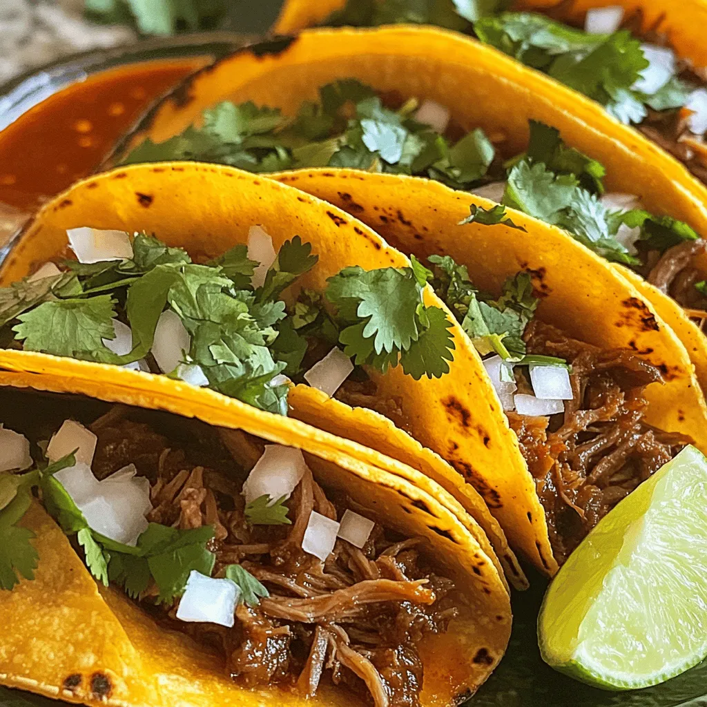 If you want the best birria tacos, start with top-rated restaurants. These places pride themselves on quality. They use fresh ingredients and time-tested recipes. Some popular spots serve birria in a cozy atmosphere. You can enjoy a warm meal with friends. Look for places with high ratings and lots of happy reviews. A few famous eateries even have long lines, showing their popularity. Food trucks can be treasure troves for birria tacos. They often serve unique flavors that stand out. Many trucks focus on traditional recipes with a twist. You might find specials that change often. These trucks offer tasty options at great prices. Plus, you can enjoy your tacos outdoors. Check local food truck events or markets to discover new favorites. Hidden gems often serve the best birria tacos. These are small, local spots that many people overlook. They may not have fancy signs, but their flavors shine. Talk to locals to find these secret spots. Many times, you can find family-owned restaurants with recipes passed down for generations. These gems offer a true taste of culture and tradition. If you're adventurous, exploring these places can lead to unforgettable meals. For a delicious birria taco experience, try the Full Recipe. It captures the essence of this flavorful dish. People love birria tacos! Many diners rave about their rich flavor and tender meat. The combination of spices creates a dish that warms the soul. Customers often comment on how the tacos are both hearty and satisfying. They enjoy the crispy tortillas, which add a nice crunch. Overall, ratings are high, showing that birria tacos please many palates. If you visit a restaurant, look for their birria tacos. These tacos are often served with a side of broth, perfect for dipping. You might also find variations with different meats, like goat or lamb. Some places offer birria quesadillas, which are also tasty. You can’t go wrong with these flavorful dishes. They highlight the best of Mexican cuisine. The vibe at birria taco spots is often lively. Many places have bright colors and festive decorations. You might hear lively music playing in the background. The friendly staff often makes you feel welcome. Sharing a meal of birria tacos with friends or family adds to the fun. Overall, the experience is warm and inviting, making it a great place to enjoy good food. The best birria tacos start with tender meat and a rich sauce. For this recipe, you can use beef chuck roast or goat meat. This choice impacts flavor, so pick what you like best. The spices are key. Dried guajillo and ancho chiles bring warmth and depth. Fresh onion and garlic add a nice kick. Here’s what you need for the full recipe: - 2 lbs beef chuck roast or goat meat, cut into 1-inch chunks - 4 dried guajillo chiles, stems and seeds removed - 2 dried ancho chiles, stems and seeds removed - 1 medium onion, finely chopped - 4 cloves garlic, minced - 1 teaspoon ground cumin - 1 teaspoon freshly ground black pepper - 1 tablespoon dried oregano - 2 cups beef broth, divided - 1 tablespoon apple cider vinegar - Salt, to taste - Corn tortillas - Fresh cilantro, chopped (for garnish) - Diced white onions (for garnish) - Lime wedges (for serving) To make birria tacos, you need a few tools. Start with a good blender. This will help mix the sauce smoothly. A large pot or Dutch oven is also essential for cooking the meat. You can use a skillet for frying the tacos. A sharp knife and cutting board will make chopping easy. Having a fine sieve is handy for straining the broth. 1. Toast the Chiles: Heat a dry skillet over medium heat. Add guajillo and ancho chiles. Toast for about 2 minutes until fragrant. Don’t let them burn. Then, place them in a blender. 2. Prepare the Sauce: In the blender, add chopped onion, minced garlic, cumin, black pepper, oregano, vinegar, and 1 cup of beef broth. Blend until smooth, using more broth as needed. 3. Combine Ingredients: In a large pot, add beef chunks. Pour the blended mixture over the meat. Add the remaining beef broth and salt. Mix well to coat the meat. 4. Cooking: Cover the pot. Let it simmer on low heat for 3-4 hours until the meat is tender. You can also use a slow cooker for 6-8 hours. 5. Shred the Meat: Once cooked, remove the beef and shred it with two forks. Discard large fat pieces. Strain the broth to reserve it for later. 6. Prepare the Tacos: Heat a skillet over medium-high heat. Dip a corn tortilla in the reserved broth. Place shredded meat on one half. Fold the tortilla and cook for 2 minutes per side until crispy. 7. Repeat: Keep making tacos until you use all tortillas and meat. 8. Serve: Serve hot tacos with cilantro, diced onions, and lime wedges on the side. Enjoy the burst of fresh flavors! {{image_4}} For birria tacos, beef chuck roast or goat meat are the best choices. Both meats turn tender and juicy when cooked slowly. Beef chuck has a rich flavor that fits perfectly with the spices. Goat meat offers a unique taste for those who want to try something different. Always cut the meat into 1-inch chunks to ensure even cooking. Corn tortillas are traditional and work best for birria tacos. They soak up the rich broth without falling apart. Look for fresh, soft tortillas for the best taste. You can also lightly toast them for added texture. For a fun twist, try using flour tortillas if you prefer a softer taco. Garnishes bring your tacos to life. Fresh cilantro adds a bright flavor. Diced white onions give a nice crunch and bite. Squeeze some lime juice for a zesty kick that balances the richness of the meat. You can also serve your tacos with a side of the reserved broth for dipping. This adds another layer of flavor and keeps each bite exciting. For the full recipe, check out the complete guide to making these delicious tacos! You can enjoy birria tacos even if you don't eat meat. For a vegetarian option, use mushrooms. They have a great texture and soak up flavors well. Cook the mushrooms with spices just like you would with meat. For a vegan twist, try using jackfruit. It shreds easily and takes on the rich flavors of the sauce. Use the same spices and broth from the full recipe to create a tasty sauce. While beef and goat are traditional, other meats work too. Chicken is a great choice if you want something lighter. It cooks faster and absorbs flavor well. Pork also makes a delicious birria taco. Use pork shoulder for a juicy, tender bite. Each meat brings its own unique taste, so feel free to experiment! The spice level can change the whole taco experience. If you love heat, add more chiles to the sauce. Guajillo and ancho chiles can be mild, but adding arbol chiles gives a nice kick. If you prefer mild tacos, stick to just the guajillo and ancho chiles. You can always serve hot sauce on the side for those who want extra spice. Birria tacos are a tasty Mexican dish. They consist of soft corn tortillas filled with rich, slow-cooked meat. The meat is usually beef or goat, cooked in a mix of spices and chiles. This dish comes from the Jalisco region of Mexico. The final touch? Dipping the tacos in the delicious broth, called "consomé." This adds extra flavor and makes each bite more enjoyable. You can find birria tacos served with garnishes like onions, cilantro, and lime. They are perfect for any meal, but especially great for gatherings! To reheat leftover birria tacos, I recommend using a skillet. Heat it over medium heat. Place the tacos in the skillet for about 2-3 minutes on each side. This keeps the tortillas crispy and warms the meat nicely. You can also add a splash of broth to the skillet to keep the tacos moist. If you prefer, you can use an oven. Wrap the tacos in foil and heat them at 350°F for about 10-15 minutes. Enjoy them warm, just like when they were fresh! Yes, you can make birria in advance! It actually tastes even better the next day. Prepare the meat and sauce, then let it cool. Store it in an airtight container in the fridge for up to three days. When you’re ready to serve, simply reheat it on the stove or in the oven. You can also freeze the birria for up to three months. Just thaw it in the fridge overnight before reheating. This makes meal prep easy and delicious! For the full recipe, check out my guide to savory birria tacos. In this article, we explored the best places for birria tacos, from top-rated restaurants to hidden gems. We discussed reviews, signature dishes, and the dining experience. I shared a homemade recipe and essential cooking tools to make your own. Tips on choosing meat, tortillas, and garnishes helped refine your skills. Finally, we covered variations, including vegetarian options. Whether dining out or cooking at home, birria tacos offer a tasty adventure. Enjoy these delicious tacos and let your taste buds celebrate!