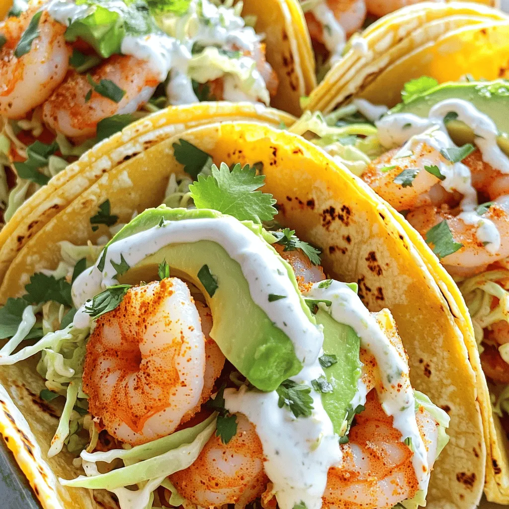 - 1 lb shrimp, peeled and deveined - 1 teaspoon chili powder - 1 teaspoon ground cumin - 1 teaspoon garlic powder - 1 tablespoon extra virgin olive oil - Salt and pepper, to taste - 8 small corn tortillas - 1 cup finely shredded cabbage - 1 ripe avocado, sliced - Fresh cilantro leaves, for garnish - 1/2 cup creamy Greek yogurt - 2 tablespoons mayonnaise - 1 tablespoon fresh lime juice - 1 teaspoon honey - 1 clove garlic, minced finely - 1/2 teaspoon sriracha sauce (for desired spice level) - Pinch of salt When I make shrimp tacos, I focus on fresh and vibrant ingredients. You need good shrimp, of course. I always choose 1 lb of shrimp that is peeled and deveined. This makes cooking easier. Next, the spices matter. I use chili powder, cumin, and garlic powder to give the shrimp a warm kick. A tablespoon of extra virgin olive oil keeps everything moist and adds flavor. Don’t forget salt and pepper to taste. For the tortillas, I prefer eight small corn tortillas. They are soft and hold the filling well. I also love adding a cup of finely shredded cabbage. It adds crunch and freshness. A ripe avocado, sliced, brings creaminess. Finally, garnish with fresh cilantro leaves for a burst of flavor. Now, let’s talk about that dreamy sauce! It’s the star of the show. I mix half a cup of creamy Greek yogurt with two tablespoons of mayonnaise. This makes a rich base. I add one tablespoon of fresh lime juice for brightness. A teaspoon of honey gives it a hint of sweetness. I also include one clove of minced garlic and half a teaspoon of sriracha sauce for heat. A pinch of salt rounds it all out. Check out the [Full Recipe] for a complete guide. Enjoy your cooking! To make the dreamy sauce, start with a small mixing bowl. Combine the following ingredients: - 1/2 cup creamy Greek yogurt - 2 tablespoons mayonnaise - 1 tablespoon fresh lime juice - 1 teaspoon honey - 1 clove garlic, minced finely - 1/2 teaspoon sriracha sauce (adjust for desired spice level) - Pinch of salt Whisk everything together until the mixture is smooth. Taste it, and if you like more heat, add more sriracha. Set the sauce aside for later. In a medium bowl, toss the shrimp with: - 1 teaspoon chili powder - 1 teaspoon ground cumin - 1 teaspoon garlic powder - 1 tablespoon extra virgin olive oil - Salt and freshly ground black pepper, to taste Make sure each shrimp gets a good coating of the spices. This step is key for flavor. Heat a non-stick skillet over medium-high heat. Once it is hot, add the seasoned shrimp in a single layer. Cook for 2-3 minutes on each side. The shrimp should turn pink and opaque when they are done. Remove them from the heat and set aside. In a separate dry skillet, warm the corn tortillas for about 30 seconds on each side. This makes them soft and easy to fold. Once warmed, keep the tortillas in a clean kitchen towel to keep them warm. Now for the fun part! On each warm tortilla, start with a layer of shredded cabbage. Then, add a few of the cooked shrimp. Top it off with slices of avocado. Drizzle a generous amount of your dreamy sauce over everything. Finish with fresh cilantro for a pop of color and flavor. Plate the tacos nicely. Serve them right away with extra lime wedges on the side. A squeeze of lime adds a fresh touch that brightens up the meal. Enjoy every bite! For the full recipe, check the earlier section. To make sure your shrimp cook evenly, follow these tips: - Use fresh shrimp: Fresh shrimp tastes better and cooks more evenly. - Don’t overcrowd the pan: Cook shrimp in a single layer. This helps them cook fast and evenly. - Watch the color: Shrimp turn pink and opaque when cooked. Remove them from heat as soon as they reach this point. For added flavor, marinate your shrimp before cooking. A simple mix of lime juice, garlic, and chili powder works wonders. Let them sit for 15-30 minutes. This adds a zesty kick! The Dreamy Sauce is key to your shrimp tacos. Here are some ideas to make it yours: - Add herbs: Chopped cilantro or parsley can brighten the sauce. - Mix in spices: Try adding cumin or smoked paprika for extra depth. - Swap the yogurt: Use sour cream or avocado for a creamier base. To adjust the spice level, simply add more or less sriracha. Start with a small amount and taste as you go. You can also add a splash of hot sauce for more heat. Pair your shrimp tacos with tasty sides. Here are some ideas: - Rice: Cilantro lime rice complements the tacos well. - Beans: Black beans or refried beans add a hearty touch. - Salad: A fresh salad with lime vinaigrette can balance the meal. For drinks, try serving: - Margaritas: A classic choice that pairs perfectly with shrimp. - Lemonade: A refreshing non-alcoholic option. - Iced tea: This is a nice complement to the flavors of the tacos. Check out the Full Recipe for more delicious details! {{image_4}} You can easily swap shrimp for other proteins. Fish like tilapia or mahi-mahi work well. Chicken is also a great choice. Just grill or sauté it for tasty tacos. Tofu is perfect for a plant-based option. For tofu, press it to remove water, then cube and cook until golden. Each protein brings its own flavor and texture, making your tacos unique. If you want a different flavor, try other sauces. A spicy chipotle sauce adds a nice kick. You can mix chipotle in adobo with yogurt for a smoky taste. A cilantro-lime dressing brightens up the dish. Just blend cilantro, lime juice, and olive oil for a fresh twist. For a creamy topping, make a crema by mixing sour cream with lime juice and salt. Toppings can change the whole taco experience. Mango salsa adds sweetness and a tropical feel. It’s a great contrast to the spicy shrimp. Pickled onions lend a tangy crunch, elevating each bite. For extra crunch, try adding crushed tortilla chips or cabbage. They provide texture and make your tacos more fun to eat. You can mix and match these toppings to create your perfect shrimp taco. Check out the Full Recipe for more ideas! To keep your shrimp tacos fresh, store them in an airtight container. Place the shrimp, tortillas, and toppings in separate containers. This way, they stay fresh longer. Refrigerated shrimp tacos can last up to three days. Avoid stacking the tortillas with toppings to keep them from getting soggy. You can freeze shrimp for later use. First, cook the shrimp as directed in the recipe. Let them cool completely, then place them in a freezer bag. Remove as much air as possible before sealing. This keeps the shrimp fresh for up to three months. For tortillas, wrap them tightly in foil or plastic wrap, then place them in a freezer bag. The sauce can also be frozen. Pour it into an ice cube tray, freeze it, then transfer the cubes to a bag. To reheat shrimp, place them in a skillet over low heat. Cook them gently until warm. This helps maintain their tender texture. For tortillas, warm them in a dry skillet for about 30 seconds on each side. This method keeps them soft and pliable. Avoid microwaving tortillas, as they can turn tough. Enjoy your delicious shrimp tacos again without losing their great taste! For the complete shrimp taco experience, check the Full Recipe. You can tell shrimp is cooked when it turns pink and opaque. The shrimp should curl into a C shape. If it forms an O shape, it is overcooked. A good rule is to cook shrimp for 2 to 3 minutes on each side. Always check that it is no longer translucent in the center. Yes, you can make the dreamy sauce ahead of time. Simply mix all the sauce ingredients and store it in the fridge. It will stay fresh for about three days. This makes it easy to whip up quick meals. Just remember to give it a stir before using. If you need a substitute for corn tortillas, you have options. Flour tortillas work well if you don't mind gluten. Lettuce leaves are great for a low-carb choice. You can also use whole wheat tortillas for a healthier twist. Each option gives a unique taste and texture. To spice up your shrimp tacos, add more sriracha to the sauce. You can also mix in some diced jalapeños or crushed red pepper flakes. For a different kick, try adding a dash of hot sauce directly on the taco. Adjust the heat level to suit your taste. In this post, I shared a simple recipe for shrimp tacos. You learned about key ingredients, cooking steps, and tips to make them shine. The dreamy sauce adds a creamy layer of flavor. Remember, you can swap shrimp for fish or chicken and customize the toppings to your taste. This dish is easy and fun, perfect for any meal. So, grab your ingredients, gather your friends, and enjoy these tasty tacos!