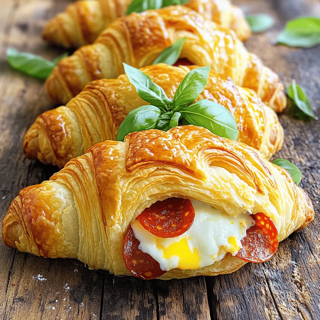 - 1 package refrigerated croissant dough - 1 cup mozzarella cheese, shredded - 1 cup sliced pepperoni - 2 tablespoons pizza sauce - 1 teaspoon Italian seasoning - Optional: Fresh basil for garnish - 1 egg, lightly beaten (for egg wash) The main ingredients create a tasty base for the rolls. The croissant dough gives a flaky texture. The mozzarella adds creaminess, while the pepperoni provides a savory kick. The additional flavors enhance the taste. Pizza sauce brings moisture and tang. Italian seasoning adds warmth with herbs. The fresh basil adds a pop of color and freshness if you choose to use it. For cooking essentials, the egg wash helps the rolls turn golden. It gives them a beautiful shine. Using a light hand with the wash ensures they do not become too heavy. This list makes it easy to gather what you need. You can find these ingredients at any grocery store. Check your pantry for any items you may already have! If you want the full recipe, you can find it right here. - Preheat the oven to 375°F (190°C). - Line a baking sheet with parchment paper. - Unroll the croissant dough and separate it into triangles. - In a bowl, mix the filling well. Combine shredded mozzarella, sliced pepperoni, pizza sauce, and Italian seasoning. Make sure everything blends nicely. - Take each triangle and place 1-2 tablespoons of filling at the wide end. - Roll each triangle from the wide end to the pointed end. Tuck in the filling as you roll. - Place the rolled croissants on the baking sheet, leaving space in between. - Brush the tops with the beaten egg for a golden finish. - Bake for 12-15 minutes until puffed and golden. Watch them closely to avoid over-browning. - Once baked, cool them on a wire rack for a few minutes. - For extra flavor, add fresh basil on top before serving. The full recipe makes eight delicious rolls, perfect for sharing or enjoying alone. To get that golden brown color, bake your croissants at 375°F (190°C) for about 12-15 minutes. Keep an eye on them as they bake. If they start to brown too quickly, cover them loosely with foil. This will help prevent over-browning while still cooking the inside. Want to amp up the taste? Try adding garlic powder or crushed red pepper to the filling. You can also swap mozzarella with cheddar or provolone for a twist. For dips, pizza sauce is a classic, but ranch or marinara work great too! One common mistake is not sealing the rolls well. If you don’t seal them, the filling may leak out during baking. Make sure to roll them tightly, especially at the ends. Also, don’t rush the baking. If you take them out too soon, they won't puff up nicely. Follow the timing for an even puff and perfect croissant experience. {{image_4}} You can switch up the cheese in these rolls. Cheddar or provolone add unique flavors. If you want a different taste, try salami or ham instead of pepperoni. Both options bring great flavor and variety. If you prefer a vegetarian option, remove the meat. Add veggies like spinach or bell peppers for a tasty twist. For those needing gluten-free options, look for gluten-free croissant dough. Many brands offer this to help everyone enjoy these rolls. Let’s get creative! For an Italian twist, spread pesto on the dough before adding the filling. This gives a fresh, aromatic flavor. For a Mexican flair, add salsa and jalapeños. This combo brings heat and zest to your rolls. With these variations, you can make Pepperoni Mozzarella Croissant Rolls your own. Check out the Full Recipe for more details! To keep your Pepperoni Mozzarella Croissant Rolls fresh, let them cool first. Place them in an airtight container. This helps prevent them from getting soggy. You can also use a resealable plastic bag. Just make sure to squeeze out the air before sealing. Store them in the fridge for up to three days. When you're ready to enjoy the leftover rolls, reheating is key. The oven is best for keeping that crispiness. Preheat it to 350°F (175°C). Place the rolls on a baking sheet and heat for about 10 minutes. If you use a microwave, the rolls may become soft. Heat them in short bursts of 15 seconds, but be prepared for a change in texture. You can freeze these rolls before baking for a quick snack later. Simply wrap each rolled croissant tightly in plastic wrap. Place them in a freezer-safe bag or container. They can stay frozen for up to two months. When ready to bake, just pop them in the oven straight from the freezer. Add a few extra minutes to the baking time. Baked rolls can also be frozen. Let them cool, wrap, and store. Thaw in the fridge before reheating. Enjoy these tasty treats anytime! To make croissant dough from scratch, you start with flour, butter, yeast, and milk. Mix them to form a dough. Then, you knead it until smooth. After that, you roll it out, fold it with butter, and chill it. Repeat this process several times to build layers. This creates a flaky texture when baked. For a quicker option, use store-bought dough, like I do in the Full Recipe. Absolutely! You can customize your croissant rolls easily. Here are some great options: - Ham and cheese: Classic and tasty. - Spinach and feta: A fresh, savory choice. - Nutella and banana: A sweet treat for dessert. - Chicken and pesto: A heartier option for lunch. Feel free to get creative with your favorite ingredients! These croissant rolls are best eaten fresh. They last about 2-3 days at room temperature. To keep them fresh, store them in an airtight container. If you want to save them longer, freeze the baked rolls. They can last for about a month in the freezer. When ready to eat, reheat them in the oven for a crispy finish. In this post, we covered how to make delicious Pepperoni Mozzarella Croissant Rolls. You learned about the key ingredients and their flavors. The step-by-step instructions made the process easy to follow. We also shared tips on perfect baking and common mistakes to avoid. In the end, get creative with variations or use leftovers smartly. These rolls are fun to make and don't take long. Enjoy sharing them for any occasion!