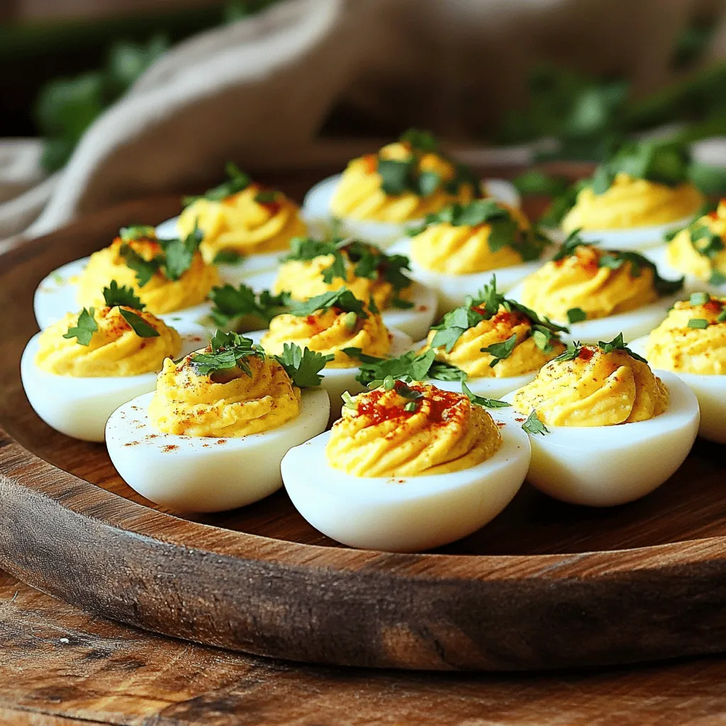 - 6 large eggs - 3 tablespoons creamy mayonnaise - 1 teaspoon tangy Dijon mustard - 1 clove of garlic, minced to a paste - 1 teaspoon chili paste or Sriracha - Salt and freshly cracked black pepper to taste - 1 tablespoon fresh cilantro, finely chopped - 1 teaspoon smoked paprika (optional) When you gather your ingredients, think about the flavors you want. The eggs give a creamy base. Mayonnaise adds smoothness. Dijon mustard brings a little zing. Garlic gives an exciting twist. You can use chili paste or Sriracha to boost the heat. Adjust the amount to your taste. Salt and pepper are essential for balance. For garnishing, cilantro adds freshness. Smoked paprika gives a lovely color and depth. These choices make your deviled eggs pop. Keep these ingredients handy, and you'll create a dish that impresses everyone. Check out the Full Recipe for more details on preparation. - Place eggs in a saucepan and cover with water. - Bring to a boil, cover, and let sit for 12 minutes. Cooking the eggs is the first step. I find that starting with cold water helps them cook evenly. Once the water boils, the steam builds up. This is key for perfect hard-boiled eggs. The timing is crucial. After 12 minutes, you get that firm, but not rubbery texture. - Prepare an ice water bath. - Transfer eggs to ice water after cooking. - Peel eggs under cold running water. After the eggs finish cooking, you need to cool them fast. The ice water bath stops the cooking. This helps keep the yolks bright yellow. When peeling, running water makes it easier. I always crack the shell gently first. This method ensures that the whites stay intact. - Slice eggs in half, remove yolks. - Mix yolks with mayonnaise, mustard, garlic, and chili paste. - Fill egg whites with the spicy yolk mixture. Now comes the fun part! Slice each egg in half carefully. The yolks are the star of the show. Mix them with creamy mayonnaise and mustard. Don’t forget the garlic and chili paste for that kick! I love using Sriracha for an extra punch. Once mixed, fill the egg whites generously. This is where you can get creative. You can use a piping bag for a fancy touch or just a spoon. For the full recipe, check out the details in the earlier section. Enjoy making these bold flavor delights! To get perfect yolks, boil your eggs for 12 minutes. This timing makes them hard-boiled without overcooking. After boiling, move the eggs to an ice bath. This cools them quickly and stops cooking. This step makes peeling easier and keeps the yolks creamy. You can adjust the spice level to fit your taste. Use more chili paste or Sriracha for added heat. If you want a smoky touch, add smoked paprika. This spice gives a rich flavor that pairs well with the heat of garlic and chili. Serve these deviled eggs on a colorful platter. Bright colors make the dish pop. Garnish each egg with fresh cilantro and a sprinkle of smoked paprika. This extra touch not only looks good but also adds flavor. For a fun twist, add slices of chili on top for an extra zing. This makes your dish even more inviting. For the full recipe, check out the detailed instructions above. {{image_4}} You can enjoy Spicy Chili Garlic Deviled Eggs while meeting your diet needs. They are naturally gluten-free and low-carb. If you're vegan, swap eggs for creamy avocado or silken tofu. Mash the avocado or blend the tofu with the other filling ingredients. This keeps the dish rich and flavorful, without using any animal products. Looking to add more zing? Chop up some jalapeños and mix them into the yolk filling. This will boost the heat and add a fresh taste. If you love smoky flavors, try adding crispy bacon bits. The bacon gives a nice crunch and a savory depth to your deviled eggs. Think outside the box when serving these eggs! Create mini deviled eggs for a fun appetizer at parties. You can also make a deviled egg salad by mixing the filling with chopped celery and pickles. Serve it on toasted bread or in lettuce wraps for a delightful side dish. These variations keep meals exciting and cater to different tastes. Enjoy exploring these options! Store your spicy chili garlic deviled eggs in a covered container in the fridge. This keeps them fresh and safe. If you have leftovers, eat them within three days for the best taste. When you prepare garnishes, keep them separate until serving. This way, they stay fresh and crunchy. Deviled eggs are best enjoyed fresh, but they can last a few days. Generally, you can keep them in the fridge for up to three days. Watch for signs of spoilage. If you see any discoloration or a strange smell, it's best to toss them. You can cook your eggs in advance, making assembly quick. Boil the eggs a day before and store them in the fridge. When you are ready, simply peel and fill them. If you want to make them ahead of time, prepare the filling and store it in the fridge. Just fill the egg whites right before serving for the best flavor. For the full recipe, check out the details above! To change the spice level, you have a few options. If you want less heat, cut back on the chili paste or Sriracha. Start with half a teaspoon. You can always add more later. If you want more spice, add a bit more chili paste or Sriracha. Just remember, a little goes a long way. Taste the filling before you fill the egg whites. This way, you can ensure it suits your taste. Yes, you can make these eggs ahead of time! Prepare the deviled eggs and store them in the fridge. Keep them in an airtight container to maintain freshness. You can make them up to two days in advance. Just add the cilantro and smoked paprika right before serving. This keeps the garnishes fresh and colorful. These deviled eggs pair well with many dishes. Try serving them with a light salad or crunchy veggies. A refreshing cucumber salad works great. For drinks, cold beverages like iced tea or lemonade match perfectly. You could even serve them with chips or crackers for a fun snack. These pairings enhance the flavor and create a tasty spread. For the full recipe, check out the Zesty Spicy Chili Garlic Deviled Eggs. In this post, you learned how to make spicy chili garlic deviled eggs. We covered the main ingredients, from eggs to mayo and garlic. You now know how to prepare, cool, and fill them. I also shared tips for flavor and presentation. Remember, you can adapt this dish to fit your diet. Whether you want heat or a smoky taste, it's easy to change things up. Enjoy making these tasty deviled eggs, and feel free to experiment with flavors. They're sure to impress at any gathering!