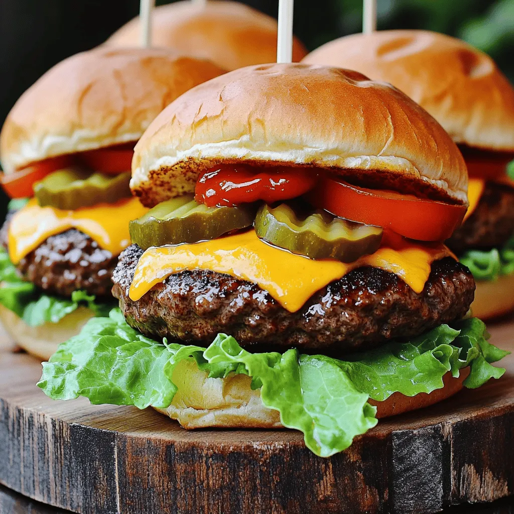 To make great air fryer hamburgers, you need a few key ingredients: - 1 lb ground beef (80/20 for optimal juiciness) - 1 teaspoon garlic powder - 1 teaspoon onion powder - 1 teaspoon smoked paprika - Salt and freshly cracked black pepper to taste - 4 slices of sharp cheddar cheese - 4 soft hamburger buns - Fresh lettuce leaves - 1 large ripe tomato, sliced into rounds - Crunchy pickles, for topping - Ketchup and mustard, for serving These ingredients create a tasty and juicy burger. Each component adds flavor and texture to the final dish. For the best flavor, choose ground beef with 20% fat content. This blend keeps the burger juicy and tasty. If you use lean beef, your burger may end up dry. Look for fresh ground beef from your local butcher or grocery store. You can customize your burgers with various toppings. Some popular options include: - Fresh lettuce leaves - Slices of ripe tomato - Crunchy pickles - Creamy mayonnaise - Ketchup and mustard Feel free to get creative! You can add avocado, grilled onions, or spicy jalapeños. The choice is yours, so make it unique! For the full recipe, check out the details above. To start, grab a large mixing bowl. Add 1 pound of ground beef, 1 teaspoon of garlic powder, 1 teaspoon of onion powder, and 1 teaspoon of smoked paprika. Sprinkle in salt and pepper to taste. Use your hands to mix everything gently. Be careful not to overmix; this keeps the meat tender. Now, divide the beef mixture into four equal parts. Shape each part into a patty. Make each patty a bit larger than the buns. Press your thumb into the center of each patty to make a small dent. This helps the patties cook evenly and prevents them from bulging. Preheat your air fryer to 350°F (175°C) for about 5 minutes. Once ready, place the patties in the air fryer basket. Make sure not to crowd them. Cook for around 10 minutes. After that, flip the patties and add a slice of cheddar cheese on top of each. Cook for an additional 3 to 5 minutes. The cheese should melt and the patties should be cooked to your liking. While they cook, you can toast the hamburger buns. A light toast adds a nice crunch. Now you are ready to assemble your tasty burgers! To make juicy patties, choose ground beef with 20% fat. This fat gives flavor and keeps the meat moist. When mixing, use your hands gently. Overworking the meat makes it tough. Shape each patty a bit bigger than the bun. Make a small dent in the center to stop bulging. Preheat your air fryer to 350°F (175°C) for five minutes. Preheating ensures even cooking and a nice crust. It helps to seal in the juices and gives that perfect bite. Toasting buns adds a nice crunch. You can use a toaster or a skillet. Just toast them lightly; you want them warm and golden. A toasted bun holds up better to juicy toppings. Enjoy your burgers with the added texture of a crispy bun! {{image_4}} You can swap ground beef for other proteins. Try ground turkey, chicken, or lamb. These options provide different flavors and textures. For a leaner choice, ground turkey works well. It needs more seasoning, so add extra spices. Ground chicken is juicy and mild, perfect for everyone. Lamb offers a rich taste that pairs well with mint or yogurt sauces. Experiment with unique spices to make your burgers pop. Instead of just garlic and onion powder, try adding cumin or chili powder. These spices give your patties a warm kick. For an Asian twist, mix in soy sauce and ginger. Smoked paprika adds depth and a hint of sweetness. Don’t be afraid to mix and match! Your creativity makes each burger special. Vegetarians and vegans can enjoy burgers too! Use black beans, chickpeas, or lentils as the base. Mash them and mix in breadcrumbs to hold the patties together. Add minced onions, garlic, and spices for flavor. You can also try store-bought veggie patties. They come in various flavors and are easy to cook in the air fryer. Top them with your favorite veggies and sauces for a satisfying meal. To store leftover hamburgers, let them cool down first. Wrap each burger tightly in plastic wrap. You can also use airtight containers for extra protection. Keep them in the fridge for up to three days. If you want to keep them longer, freezing is a great option. When you're ready to enjoy your leftover burgers, reheating them is simple. Use your air fryer for the best results. Set the temperature to 350°F (175°C) and heat them for about 5 minutes. This method keeps the burgers juicy and warms them evenly. Avoid using the microwave, as it can make them dry out. Freezing hamburgers is easy and a smart way to save time. After cooking, let the burgers cool completely. Place them in a single layer on a baking sheet. Freeze them for a few hours until firm, then transfer to a freezer bag. Label the bag with the date. You can safely keep frozen hamburgers for up to three months. When ready to eat, cook from frozen in your air fryer. This method ensures a quick and tasty meal. For the full recipe, check out the Air Fryer Juicy Gourmet Hamburgers section. Yes, you can cook frozen hamburger patties in the air fryer. Set the temperature to 380°F (193°C). Cook for 15-20 minutes. Flip the patties halfway through to ensure even cooking. Always check that they reach an internal temperature of 160°F (71°C) for safety. Cooking frozen patties saves time. You don’t need to thaw them first. Just make sure to adjust the cooking time. This makes an easy meal on busy days. Set your air fryer to 350°F (175°C) for hamburgers. This temperature cooks the patties evenly. It helps to keep them juicy and flavorful. Preheating the air fryer for about 5 minutes is key. This ensures the heat is consistent when you add the patties. You’ll get that perfect, crispy outer layer while keeping the inside tender. To check if hamburgers are done, use a meat thermometer. Insert it into the center of a patty. It should read 160°F (71°C) for safety. You might also check the color. The meat should be brown inside, with no pink. Juices should run clear. If you follow these steps, your burgers will be safe and delicious. Air fryer hamburgers are a simple and tasty meal. We covered the best ingredients, like quality ground beef and fun toppings. I shared easy steps for preparing, shaping, and cooking patties to juicy perfection. Don't forget the tips for preheating and toasting buns. You can also explore different proteins, seasonings, and even vegetarian options. Finally, proper storage and reheating tips help keep your leftovers fresh. Enjoy making your delicious air fryer burgers!