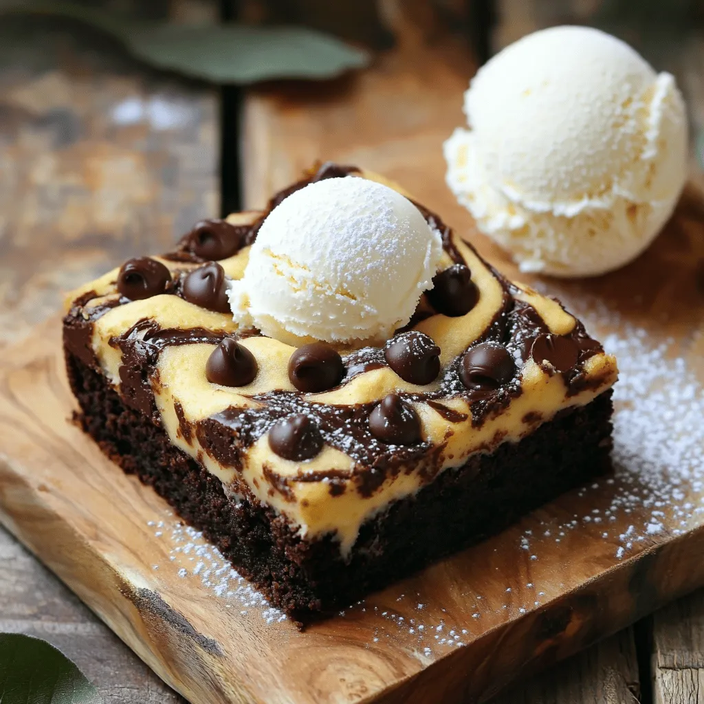 - 1 cup all-purpose flour - 1/2 teaspoon baking powder - 1/4 teaspoon salt - 1/2 cup unsweetened cocoa powder - 1/2 cup granulated sugar - 1/2 cup brown sugar, packed - 1/2 cup unsalted butter, melted - 1 large egg - 1 teaspoon vanilla extract - 1 cup semi-sweet chocolate chips - 1 cup chocolate chip cookie dough (store-bought or homemade) - Nuts (e.g., walnuts or pecans) - Flavor extracts (e.g., almond or mint) - White chocolate chips In this recipe for fudgy chewy brookies, I use basic ingredients that you likely have at home. The key is to mix them just right. First, I blend my dry ingredients to create a rich cocoa base. Then, I whisk together my sugars with melted butter for that sweet, creamy texture. Adding an egg and vanilla makes this mixture shine. For a twist, I sometimes add nuts or different flavor extracts. This adds a unique touch to each batch. You can even use white chocolate chips for a fun contrast! If you want to go all out, try the full recipe to see how these delicious layers come together. - Preheat the oven to 350°F (175°C). - Line an 8x8 inch baking pan with parchment paper. - Sift together the all-purpose flour, baking powder, salt, and cocoa powder. - In a separate bowl, mix the granulated sugar, brown sugar, and melted butter until smooth. - Add one egg and the vanilla extract, mixing until glossy. - Fold the dry mix into the wet mix gently. Avoid overmixing. - Stir in the semi-sweet chocolate chips until just combined. - Pour the brownie batter into the prepared pan, spreading it evenly. - Flatten the cookie dough into discs. Arrange these over the brownie batter. - Press the cookie dough slightly to create a marbled look. - Bake for 25-30 minutes. A toothpick should come out with moist crumbs. - Let the brookies cool in the pan for 10 minutes. - Use the parchment overhang to lift them out and cool on a wire rack. - Once cool, slice into squares and enjoy! Make sure to check out the Full Recipe for more details and tips on these delightful treats. - Avoid overmixing the batter for better texture. This keeps the brookies soft and chewy. - Adjust baking time based on your oven. Each oven is different, so keep an eye on them. - Pair your brookies with vanilla ice cream. The cold ice cream contrasts nicely with warm brookies. - Dust with powdered sugar before serving. This adds a sweet touch and looks great! - Use a wooden board for serving. It gives a rustic and appealing look. - Garnish with chocolate sauce or fresh berries. This adds color and makes your dessert pop! For the Full Recipe, follow the steps for a delightful treat. Enjoy every bite! {{image_4}} You can create fun flavor twists for your brookies. One option is to make peanut butter brookies. Just add peanut butter chips to the brownie batter. The mix of chocolate and peanut butter is heavenly. Another idea is mocha brookies. Simply add a bit of espresso powder to the batter. This gives your brookies a rich coffee flavor that pairs well with the chocolate. Brookies are great for any season. For fall, try pumpkin brookies. Add pumpkin puree and some spices like cinnamon and nutmeg. This will give your brookies a warm, cozy taste. In winter, make peppermint brookies for the holidays. Just mix in peppermint extract and crushed candy canes. These variations make your treats festive and fun. If you want a healthier option, you can use whole wheat flour instead of all-purpose flour. This change adds more fiber to your brookies. You can also switch out sugar with natural sweeteners like honey or maple syrup. These swaps keep the flavor while making your treat a bit better for you. For more tips and the full recipe, check out the [Full Recipe]. To keep your brookies fresh, store them in an airtight container at room temperature. This way, they stay soft and chewy. If you want them to last longer, refrigerate them. Chilled brookies taste great too! You can freeze slices of brookies if you want a sweet treat later. Wrap each slice tightly in plastic wrap. Then, place the slices in a freezer bag. This helps prevent freezer burn and keeps them fresh for up to three months. When you're ready to eat your brookies, you have a couple of options. Warm them in the microwave for a few seconds. This will make them soft again. If you want to keep the texture, reheat them in the oven. Set the oven to 350°F (175°C) and warm for about 5-10 minutes. Enjoy each bite of your fudgy chewy brookies! Fudgy Chewy Brookies are a fun blend of brownies and cookies. They have a rich, fudgy brownie base topped with a layer of cookie dough. This dessert is great for chocolate lovers who enjoy two treats in one. The texture is both chewy and soft, making each bite a delight. The melted chocolate chips add a gooey richness that enhances the experience. To boost the chocolate flavor, you can add extra cocoa powder or chocolate chips. Try using dark chocolate chips for a more intense taste. You can also mix in chocolate chunks for added texture. Another trick is to add a pinch of espresso powder to the batter. This will deepen the chocolate flavor without making it taste like coffee. Yes, you can easily make Brookies vegan! Substitute the egg with a flaxseed egg or applesauce. Use vegan butter instead of regular butter. For chocolate chips, choose dairy-free options. For the cookie dough, look for a vegan recipe or use store-bought vegan dough. These swaps keep the flavor and texture delicious. If you use a larger pan, like a 9x13 inch, reduce the baking time by 5-10 minutes. For smaller pans, like a 6x6 inch, add 5-10 minutes to the baking time. Always check for doneness by inserting a toothpick. The toothpick should come out with moist crumbs, not wet batter. Adjusting the baking time helps you get that perfect fudgy texture. Brookies blend brownies and cookies for a delightful treat. You learned the key ingredients, like cocoa powder and chocolate chips. I shared step-by-step baking tips and serving ideas that make this dessert shine. Remember, don’t overmix and experiment with flavors as you please. Enjoy a warm, delicious brookie anytime by storing or freezing them. With practice, you’ll master this sweet, fun dessert that everyone will love. Get baking and share your creations!