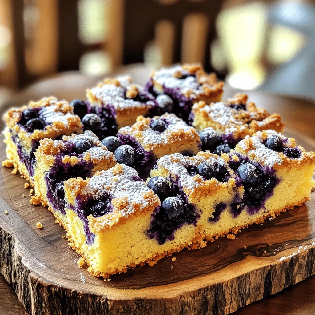 To bake a delicious blueberry sour cream coffee cake, gather these key ingredients: - 2 cups all-purpose flour - 1 teaspoon baking powder - 1 teaspoon baking soda - ½ teaspoon salt - 1 cup granulated sugar - ½ cup unsalted butter, softened to room temperature - 1 cup sour cream - 2 large eggs, at room temperature - 1 teaspoon pure vanilla extract - 2 cups fresh blueberries (or frozen blueberries, thawed and drained) - ½ teaspoon ground cinnamon (for topping) - 1 tablespoon packed brown sugar (for topping) Each of these ingredients plays a vital role in creating the moist, rich texture of the cake. The blueberries bring a burst of flavor and color, while sour cream adds creaminess and tang. You will need a few essential tools to make this recipe: - 9x13 inch baking dish - Mixing bowls (medium and large) - Electric mixer or whisk - Spatula - Measuring cups and spoons - Toothpick (for testing doneness) - Wire rack (for cooling) These tools help ensure you mix and bake your coffee cake perfectly. If you need to make substitutions, here are some tips: - Use Greek yogurt instead of sour cream for a similar tang. - Swap in coconut oil for butter if you want a dairy-free option. - Try almond flour for a gluten-free version, but adjust the liquid. These substitutions can help you adapt the recipe while keeping it tasty. For the complete recipe, check the full recipe link. Start by gathering all your ingredients. You will need: - 2 cups all-purpose flour - 1 teaspoon baking powder - 1 teaspoon baking soda - ½ teaspoon salt - 1 cup granulated sugar - ½ cup unsalted butter, softened - 1 cup sour cream - 2 large eggs - 1 teaspoon pure vanilla extract - 2 cups fresh blueberries - ½ teaspoon ground cinnamon - 1 tablespoon packed brown sugar Next, preheat your oven to 350°F (175°C). Prepare a 9x13 inch baking dish by greasing and flouring it or using parchment paper. This will help with easy removal later. In a medium bowl, whisk together the flour, baking powder, baking soda, and salt. This mixture sets the base for your cake. Set it aside for later. In a large bowl, use an electric mixer to blend the granulated sugar and softened butter. Mix until it is light and fluffy, about 3-4 minutes. This helps create a nice texture. Add the eggs to the butter mixture one at a time. Make sure to mix well after each egg. Then, add the sour cream and vanilla extract. Blend until everything is smooth. Now, slowly add the dry ingredients to the wet mixture. Stir gently until just combined. Be careful not to overmix, or your cake will be dense. Gently fold in the blueberries. Make sure they are evenly mixed without breaking them. This will keep your cake looking beautiful and fruity. Pour the batter into your prepared baking dish. Use a spatula to spread it evenly. In a small bowl, mix the ground cinnamon and brown sugar. Sprinkle this mixture evenly over the cake batter. This adds a sweet touch. Place the baking dish in your preheated oven. Bake for 40-45 minutes. Check if it's done by inserting a toothpick into the center. If it comes out clean, it’s ready. Let the coffee cake cool in the pan for about 10 minutes. Then, move it to a wire rack to cool completely. Enjoy your baking! For the full recipe, check out the details above. To get a soft and moist cake, use room temperature ingredients. This includes butter, eggs, and sour cream. They mix better and create air pockets. When you add dry ingredients, mix until just combined. Overmixing makes the cake dense. Remember, lumps are okay! One mistake is not measuring flour correctly. Too much flour makes the cake dry. Always spoon flour into a measuring cup and level it off with a knife. Another mistake is not preheating the oven. This can lead to uneven baking. Lastly, avoid opening the oven door too often. This lets heat escape and can affect the cake's rise. You can boost the flavor of your blueberry sour cream coffee cake in fun ways. Try adding lemon zest for a bright twist. It pairs well with blueberries. You could also mix in nuts like walnuts or pecans for crunch. If you love spices, add a pinch of nutmeg along with the cinnamon. These small additions can make a big difference in taste. For the full recipe, check out the complete guide. {{image_4}} You can switch up the blueberries for other fruits. Raspberries, blackberries, or chopped strawberries work great. These fruits give a new taste to the cake. They all add a touch of sweetness and tartness. You can also mix different fruits together. This gives your cake a colorful twist. The key is to keep the fruit fresh or frozen and well-drained. While cinnamon and brown sugar are classic, try other toppings. A crumble topping made from flour, oats, and butter adds great texture. You can also use sliced almonds or walnuts for a nutty crunch. For a sweet touch, drizzle with a glaze made from powdered sugar and milk. This adds a nice shine and a sweet finish to your coffee cake. You can make this coffee cake gluten-free with a simple swap. Use a 1:1 gluten-free flour blend. Ensure it has xanthan gum for the right texture. For a dairy-free version, substitute sour cream with coconut yogurt or a non-dairy alternative. Use dairy-free butter or coconut oil for the fat. These adjustments keep the cake moist and delicious while fitting different diets. For the full recipe, check out the details I shared earlier. To keep your blueberry sour cream coffee cake fresh, store it in an airtight container. Make sure it cools completely first. If you plan to eat it within a few days, you can store it at room temperature. For longer storage, keep it in the fridge. Freezing is a great way to save leftovers. First, let the cake cool fully. Then, slice it into pieces. Wrap each piece tightly in plastic wrap. Place the wrapped slices in a freezer-safe bag or container. This way, you can enjoy your coffee cake later! To reheat, simply take a slice out of the freezer and let it thaw in the fridge overnight. If you’re in a hurry, you can use the microwave. Heat it for 15-20 seconds until warm. Enjoy it with a fresh cup of coffee for a delightful treat! Yes, you can make this coffee cake ahead of time. Bake it a day in advance and store it in an airtight container at room temperature. This cake stays moist and flavorful. If you plan to serve it later, you can also refrigerate it for up to three days. Just remember to bring it back to room temperature before serving for the best taste. To check if your coffee cake is done, use a toothpick. Insert it into the center of the cake. If it comes out clean or with a few crumbs, the cake is ready. If the toothpick has wet batter on it, the cake needs more time. Keep an eye on it during the last few minutes of baking. Serve this coffee cake warm or at room temperature. It pairs well with coffee or tea. For a special touch, add a dollop of whipped cream or a scoop of vanilla ice cream. You can also sprinkle some fresh blueberries on top for extra flavor and color. This makes a lovely treat for breakfast or dessert. For the full recipe, check the details above. You learned about making blueberry sour cream coffee cake, from key ingredients to storage tips. I showed you how to mix the batter, avoid common mistakes, and try fun variations. Each step helps you bake a great cake. Remember, practice makes perfect. Don't worry if your first cake isn't perfect. Enjoy the process and share this treat with your family! Happy baking!