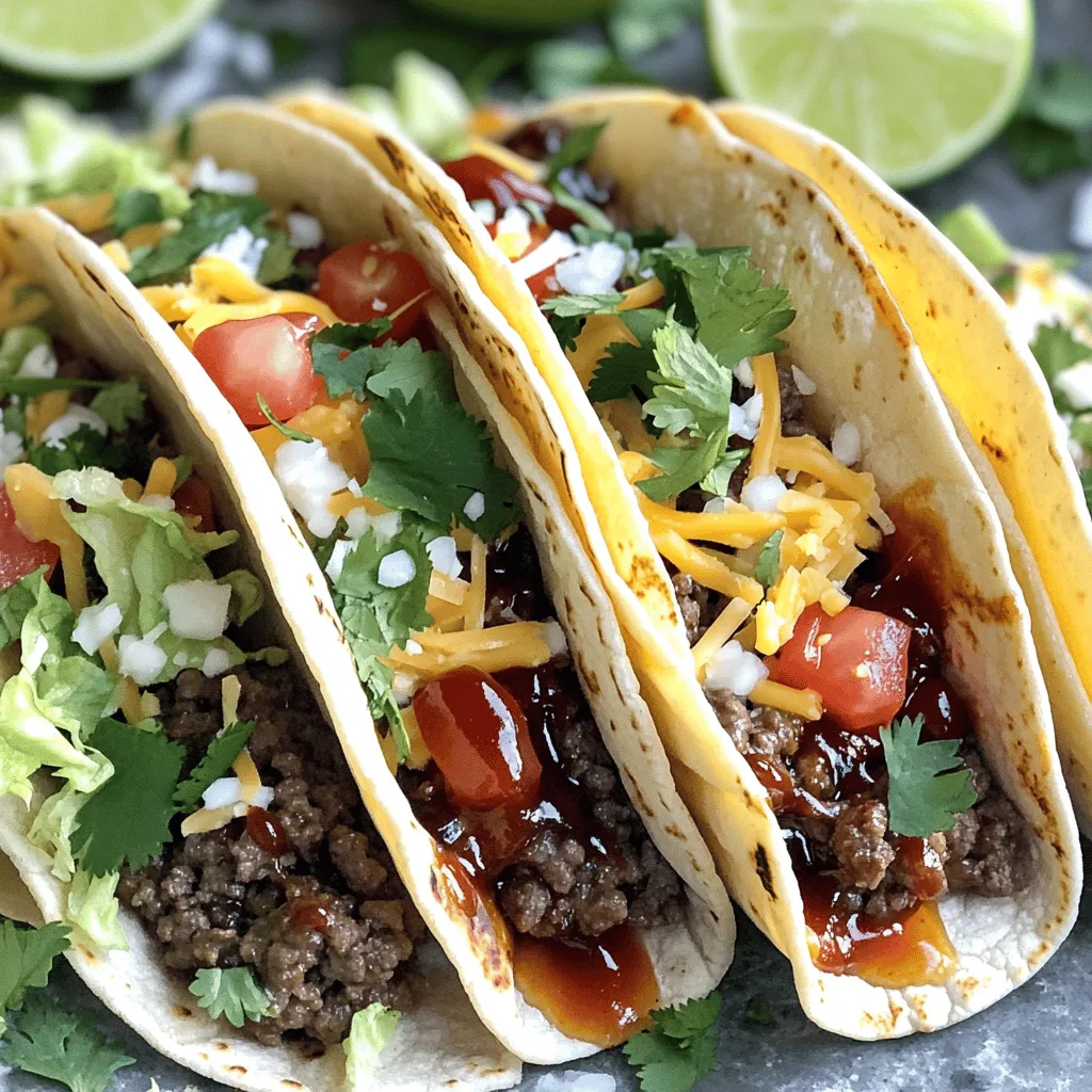 To make these Garlic Butter Honey BBQ Beef Tacos, you will need some key ingredients. Here’s what you need: - 1 lb ground beef - 3 tablespoons unsalted butter - 4 cloves garlic, minced - 1/4 cup honey - 1/4 cup BBQ sauce (your favorite brand) - 1 teaspoon smoked paprika - 1 teaspoon ground cumin - 1/2 teaspoon chili powder - Salt and freshly ground black pepper to taste - 8 small corn or flour tortillas - 1 cup shredded lettuce - 1 cup diced tomatoes - 1 cup shredded cheese (cheddar or Mexican blend preferred) - Fresh cilantro sprigs, for garnish - Lime wedges, for serving These ingredients create a rich and sweet flavor in your tacos. The ground beef gives protein, while the garlic and butter add depth. Honey and BBQ sauce bring sweetness and tang. Don’t forget the spices! They add warmth and character to the dish. Use fresh toppings to add crunch and color. Shredded lettuce, tomatoes, and cheese make the tacos pop. Cilantro gives a fresh finish, while lime adds a zesty kick. For the full recipe, check out the [Full Recipe]. Enjoy cooking! 1. Start by melting the unsalted butter in a large skillet over medium heat. Once it melts, add the minced garlic. Sauté the garlic for 1-2 minutes. Watch it closely so it doesn't brown. You want the garlic to release its lovely aroma. 2. Next, add the ground beef to the skillet. Break it apart with a spatula. Cook it for about 5-7 minutes. You want it fully browned and crumbly. Drain any extra grease. This keeps your tacos from being too oily. 3. Now, it's time to add some flavor! Stir in the honey and BBQ sauce. Then, add the smoked paprika, cumin, chili powder, and season with salt and black pepper. Mix everything well. Let it simmer on low heat for 5-10 minutes. This allows the flavors to blend nicely. 4. While the beef mixture simmers, warm the tortillas in a separate dry skillet. Heat them for about 30 seconds on each side. This step makes them warm and pliable. It helps when you assemble the tacos. 5. To put the tacos together, take a warm tortilla. Scoop a generous amount of the BBQ beef mixture into the center. Top each taco with shredded lettuce, diced tomatoes, and a sprinkle of cheese. 6. For the final touch, garnish with fresh cilantro. Serve with lime wedges on the side. This adds a zesty kick. Your Garlic Butter Honey BBQ Beef Tacos are now ready to enjoy! For the full recipe, check the details above. How to achieve perfectly browned beef To get perfectly browned beef, start with a hot skillet. Use medium heat and let the pan warm up. Add the ground beef, breaking it into small pieces. This helps it brown evenly. Cook without stirring too much. Let it sit for a minute, then stir. This gives the beef a nice crust. Drain any excess grease after cooking. This keeps your tacos from being too oily. Best practices for sautéing garlic Sautéing garlic is simple but needs care. First, melt the butter over medium heat. Once the butter is bubbly, add the minced garlic. Stir it for just 1-2 minutes. Watch closely so it doesn’t brown. Brown garlic can taste bitter. You want it fragrant and soft. This step adds a rich flavor to your beef. Arranging tacos on a platter For a great look, use a colorful platter. Place each taco neatly side by side. This makes the dish inviting. You can also stack them slightly for a fun effect. Adding lime wedges around the tacos boosts color and freshness. It makes your meal more appealing. Using lime wedges for garnish Lime wedges are not just for looks. They add a zesty kick to your tacos. Squeeze the lime over the taco just before eating. This brightens the flavors and enhances the taste. It’s a simple trick that takes your dish to the next level! For the full recipe, check out the detailed steps provided earlier. {{image_4}} You can swap out the ground beef if needed. Ground turkey, chicken, or even lentils work well. Each option adds its own flavor. For BBQ sauce, don’t feel limited to one type. Sweet, spicy, or smoky sauces can change the taste. Try a mustard-based sauce for a unique twist. Make it your own! If you want to keep it light, use lettuce wraps instead of tortillas. They are crunchy and fresh. Simply fill the lettuce leaves with the beef mixture and toppings. For a heartier option, create burrito-style tacos. Use larger tortillas and add more beef and toppings. Fold them tightly, and you have a filling meal. Enjoy customizing your tacos! To keep your leftover beef mixture fresh, first let it cool to room temperature. Then, place it in an airtight container. Refrigerate the container for up to three days. If you want to keep it longer, you can freeze the beef mixture. Just make sure to use a freezer-safe container. It can last for up to three months in the freezer. When it comes to storing assembled tacos, it’s best to keep them separate. If you store them together, the tortillas will get soggy. Instead, wrap each taco in foil or plastic wrap. Then, place them in the fridge. Use them within two days for the best taste. To reheat the beef, use a skillet over medium heat. Stir the beef often until it is heated through. This method keeps the meat juicy and flavorful. You can also microwave it in a bowl. Just cover it with a damp paper towel to keep it moist. For the tortillas, you want to keep them fresh too. Heat them in a dry skillet for about 30 seconds on each side. You can also wrap them in a damp paper towel and microwave them for about 20 seconds. This keeps them soft and easy to fold. Enjoy your meal made from the Full Recipe! Yes, you can make the beef mixture ahead of time. Cook it and let it cool. Store it in an airtight container in the fridge for up to three days. When you're ready to serve, just reheat it in a skillet. This makes dinner quick and easy. The best toppings are fresh and bright. I love to use: - Shredded lettuce - Diced tomatoes - Shredded cheese (cheddar or Mexican blend) - Fresh cilantro sprigs - Lime wedges These toppings add crunch and flavor to your tacos. To make it less spicy, skip the chili powder. You can also use mild BBQ sauce. Adding more honey will balance the heat too. Always taste as you go to find your perfect blend. This blog post covered all you need for tasty garlic butter honey BBQ beef tacos. You learned about the key ingredients, step-by-step cooking, and clever tips for serving. We discussed variations, storage methods, and answered common questions. Now you can create delicious tacos that impress your friends and family. Enjoy experimenting with flavors and make this dish your own! The joy of cooking is in trying new things, so have fun with it!
