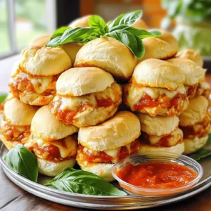 - 1 lb ground chicken - 1/2 cup breadcrumbs - 1/4 cup grated Parmesan cheese - 1 tablespoon Italian seasoning - 1 teaspoon garlic powder - 1 teaspoon salt - 1/2 teaspoon black pepper - 1 cup marinara sauce - 1 1/2 cups shredded mozzarella cheese - 12 slider buns - Fresh basil leaves, for garnish - Olive oil spray Ground chicken is the star of this dish. It cooks quickly and stays juicy. I love using fresh breadcrumbs for better taste and texture. Grated Parmesan adds a salty, nutty flavor that blends well with chicken. Italian seasoning brings a mix of herbs that really shines through. Marinara sauce adds both moisture and rich flavor. Shredded mozzarella melts beautifully. It gives that classic gooey texture we all love in sliders. Fresh basil is not just for looks; it adds freshness to each bite. For ground chicken, I recommend Perdue or Tyson. They provide quality and taste. For breadcrumbs, try Progresso or 4C. Their texture works well in this recipe. For marinara sauce, Rao's and Prego are both great choices. They add rich flavor without any extra fuss. Finally, for mozzarella, I love Sargento. It melts perfectly and tastes fresh. You can find these brands at most grocery stores. Start by preheating your oven to 375°F (190°C). This step helps cook the sliders evenly. Next, take a baking tray and lightly coat it with olive oil spray. This keeps the sliders from sticking. In a large bowl, mix the ground chicken, breadcrumbs, Parmesan cheese, Italian seasoning, garlic powder, salt, and black pepper. Use your hands or a spatula to combine everything well. After mixing, form the chicken into small patties. Aim for patties about the size of your palm, roughly 2-3 inches wide. You should get around 12 patties from this mixture. Heat a non-stick skillet over medium heat. Add a drizzle of olive oil to coat the pan. Carefully place the chicken patties in the skillet. Cook each patty for about 5 minutes on each side. You want them to turn golden brown. Make sure they reach an internal temperature of at least 165°F (75°C) to ensure safety. While the patties cook, warm the marinara sauce in a saucepan over low heat. Stir it occasionally so it does not stick to the pan. Once the chicken patties are cooked, it’s time to build the sliders. Place each patty on the bottom half of a slider bun. Spoon marinara sauce over each patty. Then, add a generous amount of shredded mozzarella cheese on top. Close the sliders with the top halves of the buns. Cover the tray with aluminum foil to keep moisture and heat in while baking. Bake in the oven for 10-12 minutes. This will melt the cheese perfectly. For a nice golden-brown finish, remove the foil and bake for an extra 5 minutes. Keep a close watch to avoid over-browning. Just before serving, add fresh basil leaves for a bright touch. Enjoy your tasty Chicken Parmesan Sliders! For the full recipe, check out the details above. To make great chicken patties, start with a good mix. Combine ground chicken with breadcrumbs and spices well. Use your hands to feel the texture. This helps you know if it’s mixed enough. Make patties about 2-3 inches wide. They should be even in size. This helps them cook at the same rate. When frying, use medium heat. This keeps the outside crispy and the inside juicy. Cook each side for about 5 minutes. Check the color; they should be golden brown. Melting cheese on your sliders is key for that gooey texture. After cooking the patties, spoon marinara sauce on top. Then, pile on the shredded mozzarella cheese. Cover the tray with foil while baking. This traps heat and helps the cheese melt evenly. If you want a nice brown finish, remove the foil for the last 5 minutes. Keep an eye on them to prevent burning. You want bubbly cheese for that perfect look. Serve your sliders in a fun way to impress guests. Stack them on a large platter for a tower effect. Place a small bowl of extra marinara sauce next to the sliders. This lets everyone dip and add more sauce if they wish. You can also add fresh basil leaves on top for color and flavor. Pair them with a simple salad or crunchy veggies. This makes your meal complete and satisfying. Check out the Full Recipe for more tips! {{image_4}} You can change up the flavor of your chicken parmesan sliders by using different sauces. Instead of marinara, try pesto or Alfredo sauce. Both add a unique twist. You can also switch the cheese. Instead of mozzarella, use provolone or even goat cheese for a tangy touch. Mixing cheeses can create a creamier texture. Experiment with your favorites to find what you like best. If you want to use a different protein, ground turkey or beef works well. You can also choose meatless options. Try using lentils or chickpeas mixed with breadcrumbs and spices. These create a hearty veggie patty. You can also use store-bought veggie patties for an easy choice. Both options keep the flavor while adding variety. For those who enjoy a kick, add red pepper flakes to the chicken mix. This gives your sliders a nice heat. You can also use fresh herbs like parsley, oregano, or thyme for added flavor. Mixing in fresh basil can give your sliders a fresh taste. Adjust the spice level to suit your palate and have fun with your flavors. Store any leftover chicken Parmesan sliders in an airtight container. Keep them in the fridge for up to three days. This helps keep them fresh and tasty. Make sure to let the sliders cool down before sealing them. This avoids moisture build-up, which can make them soggy. You can freeze chicken Parmesan sliders for longer storage. First, let them cool completely. Wrap each slider in plastic wrap, then place them in a freezer bag. This helps prevent freezer burn. When you're ready to eat them, they can last for up to three months in the freezer. To reheat, take the sliders out of the fridge or freezer. If frozen, let them thaw in the fridge overnight. Preheat your oven to 350°F (175°C). Place the sliders on a baking sheet and cover with foil. Heat them for about 10-15 minutes until warm. If you want, remove the foil for the last few minutes to crisp up the buns. Enjoy your meal! For the full recipe, check it out [here](#). To make Chicken Parmesan Sliders, start by mixing ground chicken, breadcrumbs, and spices in a bowl. Form small patties and cook them in a skillet until golden brown. Next, place the patties on slider buns and top with marinara sauce and mozzarella cheese. Bake them until the cheese melts and gets bubbly. This simple process leads to a tasty meal that everyone will enjoy. For the full recipe, check out the detailed steps above. Yes, you can use different types of bread for your sliders. Slider buns work best, but feel free to try other options like ciabatta, focaccia, or even wraps. Each type of bread brings its own flavor and texture. Choose what you like best or have on hand. Chicken Parmesan Sliders pair well with many sides. You can serve them with a fresh salad or crispy fries. For a healthier option, try steamed veggies or a fruit salad. Offering a variety of sides makes the meal more enjoyable and colorful. We explored how to make tasty chicken parmesan sliders, from key ingredients to cooking steps. I shared tips for perfect patties and fun variations to keep meals exciting. Leftovers can also be stored, frozen, and reheated easily. With these insights, you can whip up sliders that are delicious and fun. Whether it's for a quick dinner or a party, you now have the skills to impress. Enjoy making these sliders and share them with friends and family!