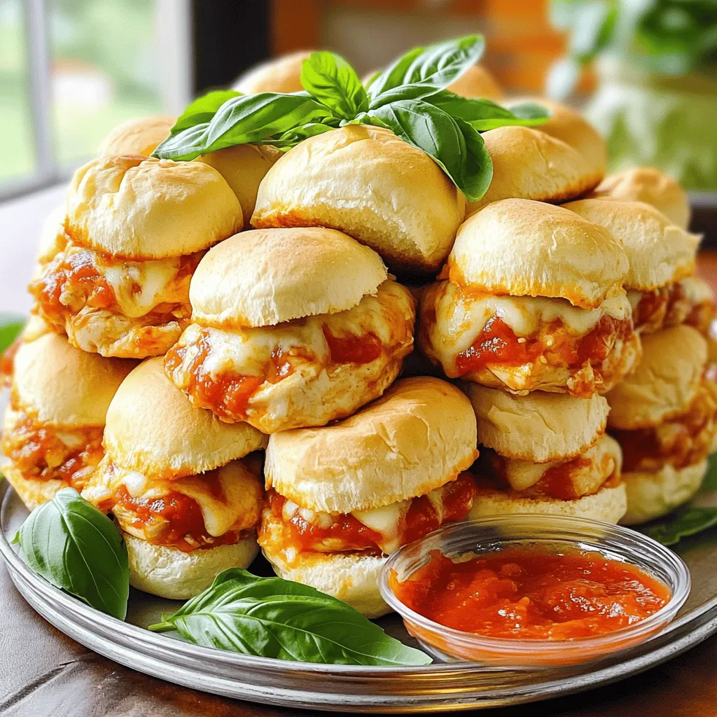 - 1 lb ground chicken - 1/2 cup breadcrumbs - 1/4 cup grated Parmesan cheese - 1 tablespoon Italian seasoning - 1 teaspoon garlic powder - 1 teaspoon salt - 1/2 teaspoon black pepper - 1 cup marinara sauce - 1 1/2 cups shredded mozzarella cheese - 12 slider buns - Fresh basil leaves, for garnish - Olive oil spray Ground chicken is the star of this dish. It cooks quickly and stays juicy. I love using fresh breadcrumbs for better taste and texture. Grated Parmesan adds a salty, nutty flavor that blends well with chicken. Italian seasoning brings a mix of herbs that really shines through. Marinara sauce adds both moisture and rich flavor. Shredded mozzarella melts beautifully. It gives that classic gooey texture we all love in sliders. Fresh basil is not just for looks; it adds freshness to each bite. For ground chicken, I recommend Perdue or Tyson. They provide quality and taste. For breadcrumbs, try Progresso or 4C. Their texture works well in this recipe. For marinara sauce, Rao's and Prego are both great choices. They add rich flavor without any extra fuss. Finally, for mozzarella, I love Sargento. It melts perfectly and tastes fresh. You can find these brands at most grocery stores. Start by preheating your oven to 375°F (190°C). This step helps cook the sliders evenly. Next, take a baking tray and lightly coat it with olive oil spray. This keeps the sliders from sticking. In a large bowl, mix the ground chicken, breadcrumbs, Parmesan cheese, Italian seasoning, garlic powder, salt, and black pepper. Use your hands or a spatula to combine everything well. After mixing, form the chicken into small patties. Aim for patties about the size of your palm, roughly 2-3 inches wide. You should get around 12 patties from this mixture. Heat a non-stick skillet over medium heat. Add a drizzle of olive oil to coat the pan. Carefully place the chicken patties in the skillet. Cook each patty for about 5 minutes on each side. You want them to turn golden brown. Make sure they reach an internal temperature of at least 165°F (75°C) to ensure safety. While the patties cook, warm the marinara sauce in a saucepan over low heat. Stir it occasionally so it does not stick to the pan. Once the chicken patties are cooked, it’s time to build the sliders. Place each patty on the bottom half of a slider bun. Spoon marinara sauce over each patty. Then, add a generous amount of shredded mozzarella cheese on top. Close the sliders with the top halves of the buns. Cover the tray with aluminum foil to keep moisture and heat in while baking. Bake in the oven for 10-12 minutes. This will melt the cheese perfectly. For a nice golden-brown finish, remove the foil and bake for an extra 5 minutes. Keep a close watch to avoid over-browning. Just before serving, add fresh basil leaves for a bright touch. Enjoy your tasty Chicken Parmesan Sliders! For the full recipe, check out the details above. To make great chicken patties, start with a good mix. Combine ground chicken with breadcrumbs and spices well. Use your hands to feel the texture. This helps you know if it’s mixed enough. Make patties about 2-3 inches wide. They should be even in size. This helps them cook at the same rate. When frying, use medium heat. This keeps the outside crispy and the inside juicy. Cook each side for about 5 minutes. Check the color; they should be golden brown. Melting cheese on your sliders is key for that gooey texture. After cooking the patties, spoon marinara sauce on top. Then, pile on the shredded mozzarella cheese. Cover the tray with foil while baking. This traps heat and helps the cheese melt evenly. If you want a nice brown finish, remove the foil for the last 5 minutes. Keep an eye on them to prevent burning. You want bubbly cheese for that perfect look. Serve your sliders in a fun way to impress guests. Stack them on a large platter for a tower effect. Place a small bowl of extra marinara sauce next to the sliders. This lets everyone dip and add more sauce if they wish. You can also add fresh basil leaves on top for color and flavor. Pair them with a simple salad or crunchy veggies. This makes your meal complete and satisfying. Check out the Full Recipe for more tips! {{image_4}} You can change up the flavor of your chicken parmesan sliders by using different sauces. Instead of marinara, try pesto or Alfredo sauce. Both add a unique twist. You can also switch the cheese. Instead of mozzarella, use provolone or even goat cheese for a tangy touch. Mixing cheeses can create a creamier texture. Experiment with your favorites to find what you like best. If you want to use a different protein, ground turkey or beef works well. You can also choose meatless options. Try using lentils or chickpeas mixed with breadcrumbs and spices. These create a hearty veggie patty. You can also use store-bought veggie patties for an easy choice. Both options keep the flavor while adding variety. For those who enjoy a kick, add red pepper flakes to the chicken mix. This gives your sliders a nice heat. You can also use fresh herbs like parsley, oregano, or thyme for added flavor. Mixing in fresh basil can give your sliders a fresh taste. Adjust the spice level to suit your palate and have fun with your flavors. Store any leftover chicken Parmesan sliders in an airtight container. Keep them in the fridge for up to three days. This helps keep them fresh and tasty. Make sure to let the sliders cool down before sealing them. This avoids moisture build-up, which can make them soggy. You can freeze chicken Parmesan sliders for longer storage. First, let them cool completely. Wrap each slider in plastic wrap, then place them in a freezer bag. This helps prevent freezer burn. When you're ready to eat them, they can last for up to three months in the freezer. To reheat, take the sliders out of the fridge or freezer. If frozen, let them thaw in the fridge overnight. Preheat your oven to 350°F (175°C). Place the sliders on a baking sheet and cover with foil. Heat them for about 10-15 minutes until warm. If you want, remove the foil for the last few minutes to crisp up the buns. Enjoy your meal! For the full recipe, check it out [here](#). To make Chicken Parmesan Sliders, start by mixing ground chicken, breadcrumbs, and spices in a bowl. Form small patties and cook them in a skillet until golden brown. Next, place the patties on slider buns and top with marinara sauce and mozzarella cheese. Bake them until the cheese melts and gets bubbly. This simple process leads to a tasty meal that everyone will enjoy. For the full recipe, check out the detailed steps above. Yes, you can use different types of bread for your sliders. Slider buns work best, but feel free to try other options like ciabatta, focaccia, or even wraps. Each type of bread brings its own flavor and texture. Choose what you like best or have on hand. Chicken Parmesan Sliders pair well with many sides. You can serve them with a fresh salad or crispy fries. For a healthier option, try steamed veggies or a fruit salad. Offering a variety of sides makes the meal more enjoyable and colorful. We explored how to make tasty chicken parmesan sliders, from key ingredients to cooking steps. I shared tips for perfect patties and fun variations to keep meals exciting. Leftovers can also be stored, frozen, and reheated easily. With these insights, you can whip up sliders that are delicious and fun. Whether it's for a quick dinner or a party, you now have the skills to impress. Enjoy making these sliders and share them with friends and family!
