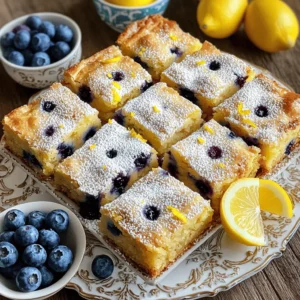 To make delicious blueberry lemon blondies, gather these simple items: - 1 cup unsalted butter, melted - 1 ½ cups packed brown sugar - 2 large eggs - 2 teaspoons vanilla extract - 1 teaspoon baking powder - ½ teaspoon baking soda - ½ teaspoon sea salt - 2 cups all-purpose flour - Zest of 1 large lemon - 1 cup fresh blueberries (or frozen if needed) - ½ cup white chocolate chips (optional) You can easily swap some ingredients. If you need a dairy-free option, use coconut oil instead of butter. For a lighter flavor, try using light brown sugar. Eggs can be replaced with flax eggs or applesauce for a vegan version. If fresh blueberries are not available, frozen ones work well too. They might make the batter a bit moister but still taste great! When measuring flour, spoon it into the cup and level it off. This keeps your blondies from being too dense. For the lemon zest, use a fine grater to get the oils and flavor. When mixing, be gentle. Over-mixing can change the texture. Always check for doneness by inserting a toothpick. If it comes out with a few moist crumbs, your blondies are ready! For the best taste, serve them after they cool completely. Enjoy your baking! 1. First, preheat your oven to 350°F (180°C). Line a 9x13 inch baking pan with parchment paper. Leave some paper hanging over the sides. This helps you lift the blondies out later. 2. In a large bowl, mix the melted butter and packed brown sugar. Whisk them until smooth. 3. Add the eggs one at a time. Make sure each one mixes in well before adding the next. Then stir in the vanilla extract. 4. In another bowl, mix the baking powder, baking soda, sea salt, and all-purpose flour. Gradually add this dry mix to the wet mixture. Stir gently until just combined. Don't over-mix, or the blondies may turn out tough. 5. Use a spatula to fold in the lemon zest, fresh blueberries, and white chocolate chips if you choose to add them. Make sure they spread evenly in the batter. 6. Pour the batter into the prepared pan. Spread it out evenly with your spatula. 7. Bake for about 25-30 minutes. The edges should turn golden, and the center should set. A toothpick inserted in the middle should come out with some moist crumbs but not wet batter. 8. Let the blondies cool in the pan for 15 minutes. Use the parchment paper to lift them out onto a wire rack. Let them cool completely before cutting into squares. - Large mixing bowls - Whisk - Spatula - 9x13 inch baking pan - Parchment paper - Toothpick or cake tester - Wire rack - Prepping the pan: 5 minutes - Mixing wet ingredients: 5 minutes - Mixing dry ingredients: 5 minutes - Combining mixtures: 5 minutes - Baking: 25-30 minutes - Cooling: 15 minutes - Total time: Approximately 45 minutes Enjoy your delicious Blueberry Lemon Blondies by following this simple guide. For the complete recipe, check out the Full Recipe. To bake perfect blueberry lemon blondies, follow these tips: - Use room temperature ingredients. This helps mix everything well. - Do not over-mix the batter. Stir gently to keep it light and fluffy. - Check the oven temperature. Use an oven thermometer if needed. - Use parchment paper. It makes it easy to lift out the blondies. Here are some common mistakes when baking blondies: - Using cold eggs or butter. This can make the batter hard to mix. - Not measuring flour correctly. Too much flour can make blondies dry. - Overbaking. Check them a few minutes early for the best texture. - Skipping the lemon zest. It adds essential flavor and brightness. To make your blondies even better, try these ideas: - Add nuts. Walnuts or pecans give a nice crunch. - Mix in spices. A pinch of cinnamon or nutmeg can add warmth. - Use flavored chocolate. White chocolate with lemon or blueberry flavors can enhance sweetness. - Serve with a drizzle. A lemon glaze can add a zesty touch. For the full recipe, check out the [Full Recipe]. {{image_4}} You can change the flavor of your blondies by using different fruits. In summer, try using peaches or cherries. They add a sweet and juicy burst. In fall, you might want to use apples or pears for a cozy taste. Each fruit gives a new twist, making it fun to experiment. If you want gluten-free blondies, swap all-purpose flour for almond or coconut flour. These flours work well and keep the blondies moist. For vegan options, replace eggs with flax eggs. Mix one tablespoon of ground flaxseed with three tablespoons of water. Let it sit for five minutes. Use plant-based butter in place of regular butter for a rich flavor. You can make your blondies even more special with fun mix-ins. Try adding nuts like walnuts or pecans for crunch. You can also mix in shredded coconut for a tropical vibe. If you love chocolate, consider adding dark chocolate chips or chunks. Each choice adds a new layer of taste to your blondies. For the full recipe, check out the Berry Zesty Lemon Blondies 🫐. To keep your Blueberry Lemon Blondies fresh, store them in an airtight container. Place a piece of parchment paper between layers to prevent sticking. They will stay good at room temperature for about three days. If you want to keep them longer, consider refrigerating them. This will extend their freshness to about a week. Freezing is a great option for long-term storage. Start by letting the blondies cool completely. Then, cut them into squares. Wrap each piece tightly in plastic wrap. Place the wrapped blondies in a freezer-safe bag or container. They can last up to three months in the freezer. When you want to enjoy them, just take out the amount you need. Reheating your blondies can make them taste fresh again. For the best result, preheat your oven to 350°F (180°C). Place the blondies on a baking sheet and cover them with foil. Heat for about 10 to 15 minutes. If you prefer a microwave, heat one piece at a time for about 15 seconds. Enjoy them warm for a cozy treat! Blueberry lemon blondies have a soft and chewy texture. They are dense yet moist. You will love the slight crispness on the edges. The middle stays soft, thanks to the butter and sugar. The blueberries add little bursts of juiciness throughout. The lemon zest gives a nice, bright flavor that balances the sweetness. To check if the blondies are done, look for golden edges and a set center. Insert a toothpick into the middle. It should come out with a few moist crumbs, not wet batter. If the toothpick is clean, it may be overbaked. Bake for about 25-30 minutes, but keep an eye on them towards the end. Yes, you can use frozen blueberries in this recipe. Just make sure to add them straight from the freezer. Do not thaw them, as this can make the batter too wet. Frozen blueberries might bleed a bit more color, making your blondies look even more inviting. They pack the same great flavor and will still taste amazing. For the complete recipe, check the Full Recipe section. You learned how to make tasty blueberry lemon blondies. We covered ingredients, cooking steps, and essential tips. Remember the importance of using fresh fruits and avoiding common mistakes. Try different variations to suit your taste. Store them properly to enjoy later. These blondies are fun and easy to bake! Enjoy sharing them with friends and family. Happy baking!