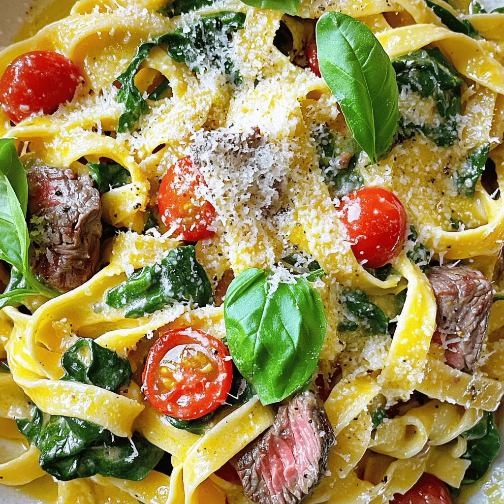 - Pasta options: fettuccine, penne, or spaghetti - Protein sourcing: sirloin steak selection - Dairy essentials: heavy cream and Parmesan cheese To create a creamy steak and pasta dinner, start with the right pasta. I love fettuccine for its wide, flat shape. It holds the sauce well. Penne is another solid choice, as its tubes trap sauce inside. Spaghetti is classic and works well too. Next, choose sirloin steak. It is tender and flavorful, making it perfect for this dish. When selecting your steak, look for bright red color and minimal fat. This ensures good flavor and texture. Finally, gather your dairy essentials. Heavy cream adds richness to the sauce. It’s key for that creamy texture. Fresh Parmesan cheese gives a sharp, salty flavor that enhances the dish. - Required seasonings: Italian seasoning, salt, and pepper - Recommended garnishes: fresh basil leaves and cherry tomatoes Seasonings bring your dish to life. Use Italian seasoning for a mix of herbs. It adds depth and warmth. Salt and pepper enhance all the flavors. Don’t skip these basics. Garnishes make your dish pop. Fresh basil leaves add a bright note that balances the creaminess. Halved cherry tomatoes give a burst of sweetness and color. They also add texture, making every bite interesting. For the full recipe, check out the details given above. Enjoy your cooking! To start, fill a large pot with water and add salt. Salt helps enhance the pasta's flavor. Bring the water to a rolling boil. This means bubbles should break the surface. Once boiling, add your pasta. I prefer fettuccine, but you can use any type you like. Cook the pasta according to the package instructions. Usually, that’s about 8-10 minutes. To get the best texture, aim for al dente, which means "to the tooth." Before you drain your pasta, save about ½ cup of the starchy pasta water. This water will help later when you mix everything together. Next, let’s focus on the steak. I like using sirloin for its great flavor. Start by slicing it thinly, cutting against the grain. This makes it tender. Season the slices well with salt and pepper. In a large skillet, heat olive oil over medium-high heat. Once hot, add the steak in one layer. Don’t overcrowd the pan; this may require cooking in batches. Sear each side for 2-3 minutes until brown. Check for your preferred doneness: 130°F for medium-rare, 140°F for medium. Remove the steak from the skillet and cover it loosely with foil to keep it warm. Using the same skillet makes the sauce even better. Reduce the heat slightly. Add minced garlic and sauté for about 30 seconds. Stir it gently to avoid burning. Next, pour in beef broth and heavy cream. Use a wooden spoon to scrape up any bits on the bottom. This adds flavor! Bring the mixture to a gentle simmer. You want it to thicken a little. Stir in Italian seasoning, then add halved cherry tomatoes and chopped spinach. Keep stirring until the spinach wilts and the tomatoes soften. If the sauce gets too thick, stir in a bit of the reserved pasta water. Now it’s time to bring everything together. Add the drained pasta and the seared steak into the skillet. Toss everything together so the pasta is well-coated with the creamy sauce. Taste your dish and adjust with more salt or pepper if needed. To make your dish look great, serve it in bowls. Top each serving with grated Parmesan cheese for extra flavor. A sprinkle of fresh basil leaves adds color and freshness. You can also drizzle a bit of high-quality olive oil for a nice touch. Remember, presentation matters! Arrange a few cherry tomato halves around the edge of the plates for a pop of color. Enjoy your creamy steak and pasta dinner! For more detailed instructions, check out the Full Recipe. To make a great creamy sauce, avoid common mistakes. One mistake is letting the sauce boil too hard. This can make it thin and less creamy. Instead, keep it at a gentle simmer. Another tip is to add cream slowly. This helps blend flavors and keeps the sauce smooth. Use a whisk when mixing. To get a velvety texture, try using starchy pasta water. It helps to bind the sauce. If your sauce gets too thick, add a splash of the reserved pasta water. This keeps the sauce rich but not overpowering. When slicing steak, always cut against the grain. This makes each bite tender and easy to chew. Use a sharp knife to get clean cuts. After searing, let the steak rest for 5 minutes. Resting helps the juices stay in the meat, keeping it moist. Understanding al dente is key for this dish. Al dente means the pasta is firm but not hard. This texture holds up well in the creamy sauce. To achieve this, cook pasta just until it’s firm to the bite. For those with dietary needs, there are great alternatives. Gluten-free pasta works well. You can also use whole grain or veggie pasta for added nutrition. These options keep the dish tasty and satisfying. {{image_4}} You can easily change the protein in this dish. Try chicken, shrimp, or even a plant-based option like tofu. Each choice brings a new taste. For added nutrition, swap in your favorite vegetables. Zucchini, bell peppers, or asparagus work great. This keeps your meal fresh and healthy. If you want a lighter sauce, use less cream. You can replace some heavy cream with low-fat milk or broth. This keeps the dish creamy but lowers the calories. For flavor, try adding white wine or fresh herbs like thyme or rosemary. These changes can brighten up the sauce a lot. To enhance your creamy steak and pasta, add fun toppings. Sun-dried tomatoes or capers can add a nice punch. For side dishes, think about garlic bread or a fresh salad. These go well and balance the richness of the main dish. Each adds more color and flavor to your plate. Explore these options to make your meal more exciting! You can find the full recipe [here](#). To keep your creamy steak and pasta fresh, store leftovers right away. Use airtight containers to prevent spoilage. Glass or plastic containers with tight lids work best. Make sure the dish cools down before sealing. This helps keep the taste and texture intact. When you’re ready to enjoy leftovers, reheat them gently. Use a skillet on low heat for best results. Add a splash of beef broth or cream to keep it creamy. Stir often to prevent sticking. If you want to refresh the dish, add fresh spinach or cherry tomatoes right before serving. Yes, you can freeze this creamy dish, but it’s best to do it before adding the pasta. Freeze the sauce in a container. When ready to eat, defrost in the fridge overnight. Heat it on the stove, then add cooked pasta to warm everything together. This keeps the sauce from separating. This meal takes about 30 minutes in total. You will spend 10 minutes prepping ingredients and 20 minutes cooking. This quick time makes it perfect for busy nights when you want a great dinner fast. Yes, you can use other cuts of steak. Ribeye, flank, or tenderloin are great options. Each cut offers a unique flavor and texture. Just make sure to slice the steak against the grain for the best tenderness. If you want a lighter option, use half-and-half or whole milk. You can also try coconut cream for a non-dairy choice. These will give a creamy taste without too many calories. You can prepare parts of this dish ahead. Cook the pasta and steak, then store them in the fridge. Make the sauce fresh before serving to keep it creamy and tasty. Serve a fresh green salad or roasted vegetables on the side. Garlic bread is also a great addition. These will complement the creamy flavors and add variety to your meal. Yes, you can freeze leftovers. Store them in an airtight container for up to three months. Just be sure to thaw them in the fridge before reheating for the best taste. In this blog post, we explored how to create a creamy steak and pasta dish. You learned about the main ingredients, step-by-step instructions, and essential tips for perfecting the recipe. We also discussed variations and storage methods. Remember, this meal can be customized and stored for later enjoyment. Try different proteins, sauces, and toppings to make it your own. Cooking can be fun and rewarding, so enjoy every step of the process!
