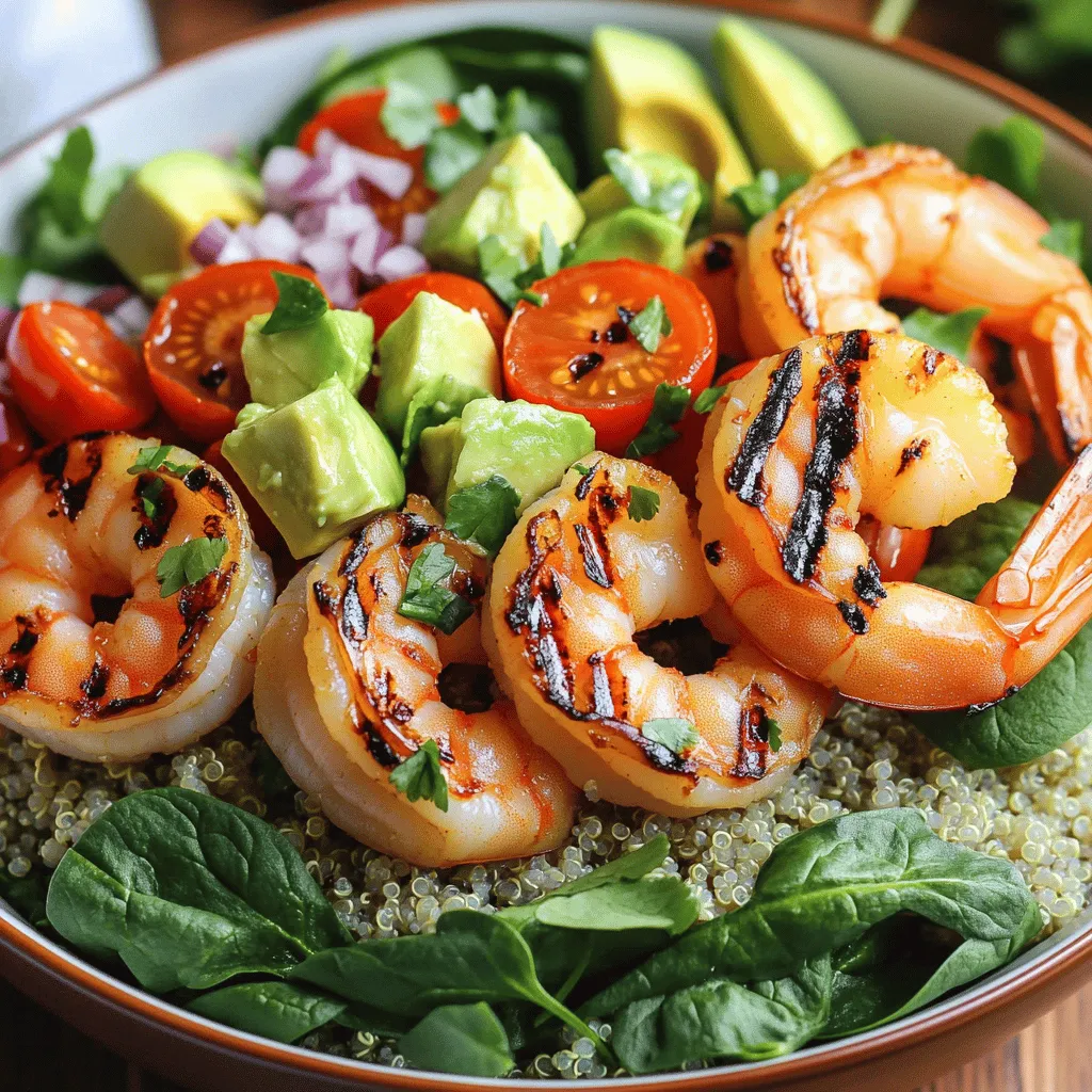 - 1 pound large shrimp, peeled and deveined - 2 ripe avocados, diced - 1 cup cooked quinoa - 1 cup cherry tomatoes, halved - 1/2 red onion, finely chopped - 1 cup baby spinach - 2 tablespoons olive oil - 1 tablespoon fresh lime juice - 1 teaspoon smoked paprika - 1 teaspoon garlic powder - Salt and pepper to taste - Fresh cilantro, chopped, for garnish The main ingredients for the grilled shrimp bowl are simple yet flavorful. The large shrimp provide a nice protein base. You want to choose shrimp that is fresh, firm, and pink. The ripe avocados add a creamy texture. They should be soft but not mushy. The cooked quinoa serves as a great base. It fills you up and adds a nutty flavor. The additional ingredients bring color and freshness to the dish. Halved cherry tomatoes add sweetness. The finely chopped red onion gives a nice bite. Baby spinach adds a nutrient boost and a touch of green. For the marinade, I use a mix of olive oil, lime juice, smoked paprika, and garlic powder. This blend adds depth to the shrimp. Salt and pepper are key for seasoning. Fresh cilantro makes a lovely garnish. It adds a pop of color and a fresh taste. Remember to check out the Full Recipe for detailed steps! This dish is not just about taste; it’s about how fresh ingredients come together. Enjoying this meal is easy when you have all the right parts ready. To start, grab a medium bowl. In this bowl, mix the shrimp with the marinade ingredients. This includes olive oil, fresh lime juice, smoked paprika, garlic powder, salt, and pepper. Make sure to toss the shrimp well. You want each piece to get coated evenly with the marinade. Once mixed, set the bowl aside. Let the shrimp marinate for 10 to 15 minutes. This step enhances the flavor and makes the shrimp juicy. Next, preheat your grill or grill pan to medium-high heat. You want it hot enough to sizzle when the shrimp touch the surface. Carefully lay the marinated shrimp on the grill. Cook them for about 2 to 3 minutes on each side. You'll know they are done when they turn pink and opaque. Once cooked, remove the shrimp and set them aside. Now it’s time to build your bowl. Start by layering cooked quinoa as the base. Spread it evenly across the bottom of a large serving bowl. Next, add a layer of fresh baby spinach. Then, place the grilled shrimp on top of the spinach. Arrange them neatly for a nice look. After that, sprinkle diced avocados, halved cherry tomatoes, and finely chopped red onion over everything. For added flavor, drizzle a little more lime juice on top. Season lightly with extra salt and pepper. Gently toss all the ingredients together. Be careful not to mash the avocados. This keeps the texture nice and fresh. Finally, finish by garnishing with chopped cilantro. This adds a pop of color and taste before serving. For the full recipe, check out the Grilled Shrimp Bowl with Avocado. To know if your shrimp are perfectly cooked, look for vibrant pink color. They should also be opaque and firm. If they feel tough or chewy, they are overcooked. To avoid rubbery shrimp, keep the cooking time short. Grill shrimp for 2-3 minutes on each side. Remove them as soon as they turn pink. To prevent browning, use lime juice on your avocado. The acid slows down the browning process. Choose ripe avocados for the best flavor. A ripe avocado yields slightly when you press it. If it feels hard, leave it out to ripen for a few days. Serve your grilled shrimp bowl in individual bowls for a fun touch. This makes it easy for everyone to enjoy. Adding lime wedges on the side lets guests add extra zing to their bowls. The fresh taste of lime pairs perfectly with shrimp and avocado. {{image_4}} You can switch shrimp with other proteins. Chicken breast works well. Cut it into bite-sized pieces and grill it like shrimp. Tofu is a great vegetarian option. Use firm tofu and press it to remove extra moisture. Then, marinate and grill it just like you would with shrimp. If you want to change the quinoa, try using brown rice or farro. Both give a nice texture. For seasonal vegetables, consider adding bell peppers, zucchini, or corn. These add color and crunch to your bowl. You can play with spices in this dish. Try adding cumin or chili powder for some heat. Marinades can also change the flavor. A honey-soy mix gives a sweet touch. You can add sauces like sriracha or a yogurt dressing for extra zing. For the full recipe, check the Grilled Shrimp Bowl with Avocado section. Store leftover grilled shrimp in an airtight container. Keep it in the fridge. It stays fresh for about two days. The key is to cool the shrimp first before sealing it. For best taste, eat shrimp cold or at room temperature. When reheating, do not microwave shrimp. Instead, warm it gently in a pan. This helps avoid rubbery texture. You can add a splash of water or broth to keep it moist. Make meal prep easy with this dish. You can prepare many parts ahead of time. Cook the quinoa and let it cool. Store it in the fridge for up to five days. Chop the veggies and store them in separate containers. You can also marinate the shrimp a day before. Keep it sealed in the fridge until you are ready to grill. Assemble the bowls quickly on busy days. Just layer your ingredients for a fresh meal. You can freeze grilled shrimp. Place it in a freezer bag. Squeeze out the air and seal it tight. It lasts for up to three months. When ready to eat, thaw it in the fridge overnight. For quinoa and veggies, store them in separate bags. They also freeze well. Just make sure to label them with dates. This way, you can enjoy this tasty dish later. For the full recipe, check out the details above! Cook shrimp for about 2-3 minutes on each side. You want them to turn pink and opaque. If they curl tightly, they are likely overcooked. Use a timer to avoid guesswork. This way, you'll get perfectly grilled shrimp every time. Yes, you can use frozen shrimp. Just make sure to thaw them properly. Place the shrimp in cold water for about 20 minutes. You can also leave them in the fridge overnight. This ensures they cook evenly on the grill. If you don't have quinoa, try brown rice or farro. These grains provide a nice texture and flavor. For a gluten-free option, use rice or even cauliflower rice. Each choice will add a unique taste to your bowl. To spice up your dish, add cayenne pepper or chili flakes. You can also mix in some diced jalapeños. For a tasty twist, try a spicy marinade. Just remember to balance the heat with lime juice to keep it fresh. This blog post introduced a fresh shrimp and quinoa bowl. We covered key ingredients, grilling tips, and tasty variations. Remember the importance of perfectly cooked shrimp and ripe avocados. This dish is not only healthy but also easy to prepare. Feel free to mix and match ingredients based on your taste. Enjoy this meal as a quick lunch or a light dinner. It’s simple, delicious, and can be prepped in minutes. Take your time and make it your own!