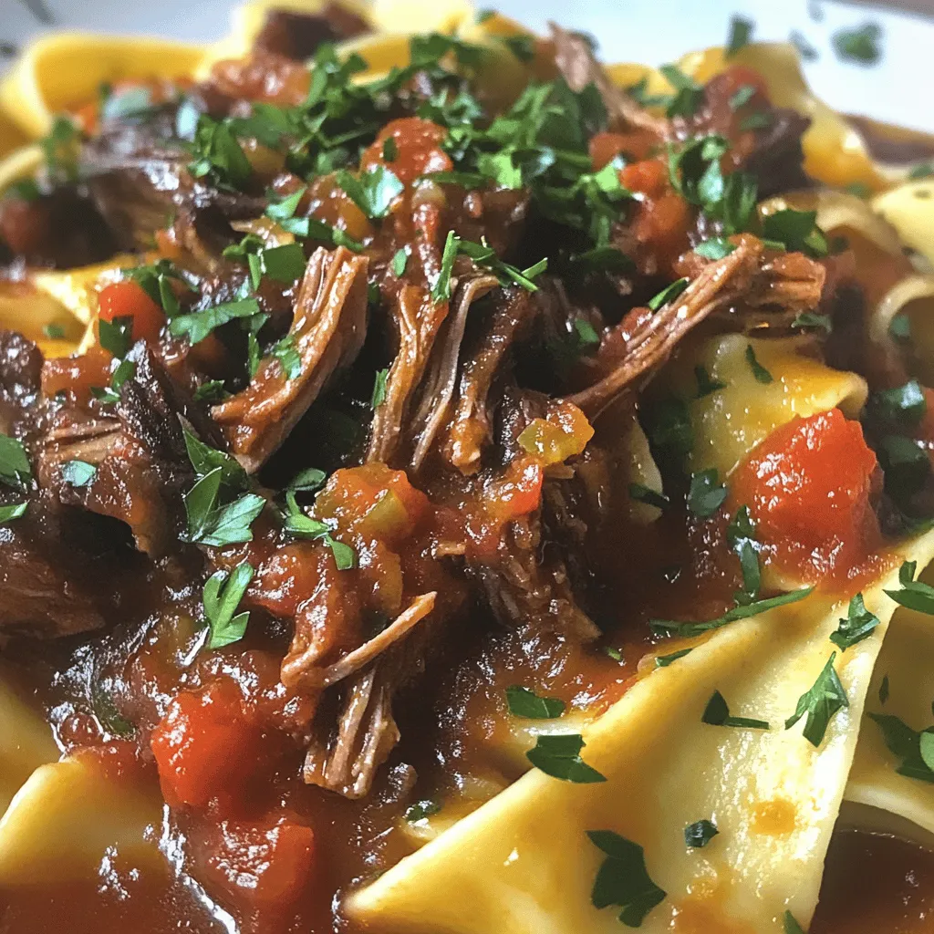 - 2 pounds bone-in beef short ribs - 1 medium onion, finely diced - 2 cloves garlic, minced - 1 large carrot, finely diced - 1 celery stalk, finely diced - 1 can (14 ounces) crushed tomatoes - 1 cup beef broth I love using bone-in beef short ribs in this ragu. They add a deep, rich flavor. The meat becomes tender and falls off the bone after slow cooking. Fresh vegetables like onion, garlic, carrot, and celery create a tasty base. They add sweetness and depth to the sauce. Crushed tomatoes and beef broth provide a lovely, hearty texture. - 1 teaspoon dried thyme - 1 teaspoon dried oregano - 1 bay leaf - Salt and freshly ground black pepper, to taste - Fresh parsley, chopped (for garnish) Seasonings are key to a great ragu. Dried thyme and oregano give it a classic Italian flavor. A bay leaf adds an earthy note. Use salt and black pepper to enhance the taste. Finally, fresh parsley makes a beautiful garnish. It adds color and freshness to your dish. - 12 ounces pappardelle pasta For this ragu, I recommend using pappardelle. Its wide, flat shape holds the sauce well. You can also try other pasta types like tagliatelle or fettuccine. They work beautifully too. Pairing the right pasta with your sauce is important for a perfect meal. You can find the full recipe to guide you in making this delicious dish. First, heat 2 tablespoons of olive oil in a large pot over medium-high heat. Season 2 pounds of bone-in beef short ribs with salt and black pepper. Carefully place the short ribs in the hot oil. Sear each side for about 4-5 minutes. You want them to be deeply browned and full of flavor. Once browned, remove the short ribs and set them aside on a plate. In the same pot, lower the heat to medium. Add 1 medium diced onion, 1 large diced carrot, 1 finely diced celery stalk, and 2 minced garlic cloves. Sauté these vegetables for about 5-6 minutes. Stir frequently until the onion is translucent and all the veggies soften. This mix forms the base of your ragu. Now, return the seared short ribs to the pot with the sautéed veggies. Pour in 1 can of crushed tomatoes and 1 cup of beef broth. Add 1 teaspoon of dried thyme, 1 teaspoon of dried oregano, and 1 bay leaf. Mix everything well to combine. Bring the mixture to a gentle simmer. Cover the pot with a lid and reduce the heat to low. It is important to cook this ragu low and slow for 2.5 to 3 hours. This method helps the ribs become very tender. Stir occasionally to prevent sticking. You will know it is done when the meat falls off the bone. About 15 minutes before your ragu is ready, bring a large pot of salted water to a boil. Cook 12 ounces of pappardelle pasta according to the package instructions until al dente. Drain the pasta, but save a bit of the pasta water. This water can help adjust the ragu's consistency later if needed. Remove the short ribs from the pot. Use two forks to shred the meat, discarding the bones and excess fat. Return the shredded meat to the pot with the ragu, mixing until combined. Let it simmer for another 10 minutes. If the ragu is too thick, add some reserved pasta water. Serve the cooked pappardelle pasta topped with your ragu. Garnish with chopped fresh parsley for a pop of color and taste. For the full experience, check out the Full Recipe. When buying short ribs, look for meat that is bright red. The fat should be white and firm. A good rib has a good balance of meat and fat. Bone-in ribs provide more flavor. Boneless ribs can be easier to handle but may lack depth. To boost flavor, add fresh herbs like rosemary or bay leaves. You can also use spices like smoked paprika or red pepper flakes. For a richer taste, consider adding a splash of red wine. Letting the sauce simmer longer can deepen its flavor profile. For shredding short ribs, first let them cool slightly. Use two forks to pull the meat apart. Make sure to remove any bones and excess fat. A common pitfall is shredding meat while it’s too hot, which can burn your hands. Shredding it too early may make it dry. {{image_4}} You can swap short ribs with other meats. Pork shoulder works well. Lamb shanks provide a rich flavor, too. Turkey thighs are a lighter choice. For a meatless ragu, use mushrooms or lentils. Both add depth and heartiness. Want to change up the sauce? Try adding red wine. It brings a nice complexity. You can also use beef stock or vegetable broth for different flavors. Spice it up with a pinch of red pepper flakes. Adding chopped bell peppers or zucchini can boost nutrition and taste. While pappardelle is perfect, other pasta types work too. Fettuccine, rigatoni, or even gnocchi are great choices. Serve the ragu with a side of crusty bread. A fresh green salad complements it nicely. Check out the Full Recipe for more ideas! To keep your savory short rib ragu fresh, transfer it to an airtight container. Let it cool first before sealing. Store it in the fridge. It can stay fresh for about three days. Use a glass or BPA-free plastic container. These materials help keep flavors intact. You can freeze this ragu for future meals. Pour it into freezer-safe containers, leaving some space for expansion. Seal tightly and label with the date. This ragu can last up to three months in the freezer. When you're ready to eat, thaw it overnight in the fridge. Reheat on low heat in a pot, stirring often. You can also use a microwave if you're in a hurry. In the fridge, your savory short rib ragu lasts for about three days. If you freeze it, expect it to last for up to three months. Always check for signs of spoilage before eating. Look for off smells or a change in color. If it smells sour or looks unusual, it’s best to toss it out. Enjoy your ragu safely! Cooking Savory Short Rib Ragu takes about 3 hours and 15 minutes. This includes prep time of 15 minutes and cooking time of about 3 hours. The long cook time helps break down the meat, making it tender and full of flavor. Yes, you can make Savory Short Rib Ragu ahead of time. It tastes even better the next day as the flavors deepen. Store it in an airtight container in the fridge for up to 3 days. You can also freeze it for up to 3 months. Just let it cool before freezing. Savory Short Rib Ragu pairs well with pappardelle pasta, but you can use any pasta you like. It also works great with crusty bread or a fresh salad. For drinks, a nice red wine like Chianti or a rich Merlot complements the ragu perfectly. You can definitely make Savory Short Rib Ragu in a slow cooker! Sear the meat first, then add it to the slow cooker with the vegetables and liquids. Cook on low for 6-8 hours or on high for about 4 hours. This method makes the meat incredibly tender and easy to shred. In this blog post, we explored how to create a rich and flavorful Savory Short Rib Ragu. We covered important ingredients like bone-in beef short ribs, fresh vegetables, and aromatic herbs. The process involves searing, slow cooking, and pairing the ragu with the right pasta. Remember to select quality short ribs and feel free to customize with different meats or sauces. Enjoy making this hearty dish, and savor every bite of your creation!