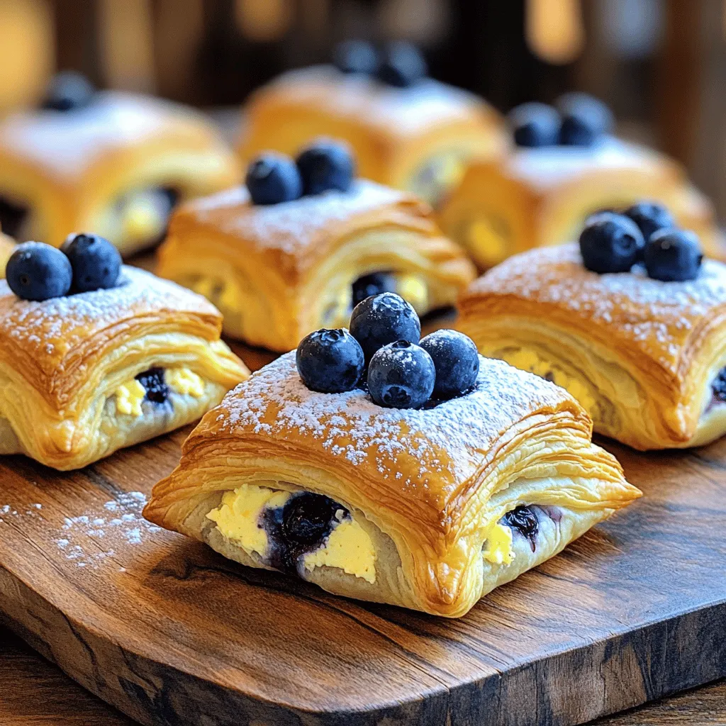 - 1 sheet of puff pastry, thawed - 8 oz cream cheese, softened to room temperature - 1/2 cup powdered sugar, sifted - 1 teaspoon pure vanilla extract - 1 1/2 cups fresh blueberries (divided) - 1 large egg (for egg wash) - 1 tablespoon milk - Pinch of salt - Lemon zest for added brightness - A sprinkle of cinnamon for warmth - Chopped nuts for crunch - 1 cup = 240 mL - 1 tablespoon = 15 mL - 1 teaspoon = 5 mL When you gather your ingredients, make sure they are fresh. Using vibrant blueberries makes a big difference. The cream cheese should be soft for easy mixing. If you want to add a twist, try using lemon zest or even a dash of cinnamon. These small touches can elevate the flavors. For measuring, keep conversions handy. It helps to have a reliable scale or measuring cups. If you're baking in another country, this can make your life easier. Check the Full Recipe for the full process to create this delightful treat. Getting your ingredients right ensures everything tastes great! First, you need to get your oven hot. Preheat it to 400°F (200°C). This heat will make your pastries rise well. Next, grab a baking sheet. Line it with parchment paper. This will keep your pastries from sticking and make cleanup easy. Now, let’s make the filling. In a medium bowl, mix 8 oz of softened cream cheese with 1/2 cup of sifted powdered sugar. Add 1 teaspoon of pure vanilla extract and a pinch of salt. Use an electric mixer or a whisk. Beat until the mix is smooth and creamy. This is the heart of our puff pastry. After it’s ready, gently fold in 1 cup of fresh blueberries. Be careful not to smash the berries; we want them whole. On a lightly floured surface, roll out your thawed puff pastry. Smooth out any wrinkles. Use a sharp knife to cut it into 4 equal squares. For each square, spoon 2 tablespoons of the cream cheese mix into the center. Don’t overfill it! Fold the corners of each square to the center. Pinch the seams tightly to keep the filling inside. Make sure there are no gaps. In a small bowl, whisk together 1 large egg and 1 tablespoon of milk. This will be your egg wash. Brush it over the tops of your pastries. This gives them a nice golden color. Now, sprinkle the remaining 1/2 cup of blueberries on top and press them in gently. Place the pastries on your baking sheet and bake them for 15-20 minutes. They should puff up and turn golden brown. Once they’re done, let them cool slightly before serving. Enjoy your tasty Blueberry Cream Cheese Puff Pastry! You can find the full recipe in this article. To achieve a flaky pastry, keep the puff pastry cold. Warm pastry will not puff up well. When rolling it out, use minimal flour. Too much flour can make it tough. Always work quickly to maintain the cold temperature. After cutting, chill the pastries for 10 minutes before baking. This step helps them rise better in the oven. Start with softened cream cheese. If it is cold, it will not blend smoothly. Use an electric mixer for a fluffy texture. Mix until there are no lumps, then add sugar and vanilla. Fold in the blueberries gently. This keeps them whole and juicy. Remember, overmixing can break the berries and affect the final look. One common mistake is overfilling the pastries. If you add too much filling, they will spill out during baking. Also, avoid skipping the egg wash. It gives the pastries a rich, golden color. Lastly, do not forget to let them cool slightly after baking. This helps the filling set and makes them easier to eat. For the complete recipe, check out the Full Recipe section. {{image_4}} You can switch up the blueberries for other fruits. Think about using strawberries, raspberries, or blackberries. Each fruit brings its own flavor. For example, strawberries add a sweet and tart taste. Raspberries give a nice zing, while blackberries offer a deep, rich flavor. You should match the fruit with your taste. This recipe can go sweet or savory. If you want to keep it sweet, add lemon zest or a sprinkle of cinnamon. Both enhance the fruity flavor. For a savory twist, try adding cooked bacon or herbs like thyme. The cream cheese pairs well with both styles. You can play around with the flavors to find what you love. If you need a gluten-free option, there are many types of gluten-free pastry. Look for gluten-free puff pastry at stores. You can also use phyllo dough or make your own almond flour dough. These alternatives will change the texture, but they still taste great. Always check the package for baking instructions, as they may differ. For the full recipe, check the section above. Enjoy creating your own versions! After you enjoy the Blueberry Cream Cheese Puff Pastry, store any leftovers in the fridge. Place them in an airtight container. They will stay fresh for about 2-3 days. Make sure they are completely cooled before storing. This helps keep their flaky texture intact. To reheat your pastries, the oven works best. Preheat it to 350°F (175°C). Place the pastries on a baking sheet lined with parchment paper. Heat them for about 10-15 minutes until warm. This will help revive their crispiness. Avoid microwaving, as that can make them soggy. You can freeze these pastries for later! First, let them cool completely. Wrap each pastry in plastic wrap and then in aluminum foil. This keeps them fresh for up to 2 months. When you want to enjoy them, thaw them in the fridge overnight, then reheat in the oven. This method keeps the taste and texture great. For the full recipe, check out the Blueberry Cream Cheese Puff Pastry recipe. Yes, you can use frozen blueberries. They work well in this recipe. Just remember to thaw and drain them before mixing. Frozen berries may release more juice, so you might want to adjust the sugar to taste. Absolutely! You can make the cream cheese filling one day in advance. Store it in the fridge in an airtight container. Just remember to let it sit at room temperature for a bit before using. This helps it spread easily. You can serve these pastries with a scoop of vanilla ice cream or whipped cream. A drizzle of honey or a dusting of powdered sugar adds a nice touch, too. Pair them with a cup of tea or coffee for a delightful snack. For the full recipe, check out the Blueberry Cream Cheese Puff Pastry section. This blog covered how to make delicious blueberry cream cheese puff pastries. We discussed needed and optional ingredients, plus measurement tips. I gave detailed steps for prepping, mixing, assembling, and baking. You learned key tips for a flaky pastry and common mistakes to avoid. In the end, you can try fun variations and storage tips. Enjoy your tasty pastries now and later!