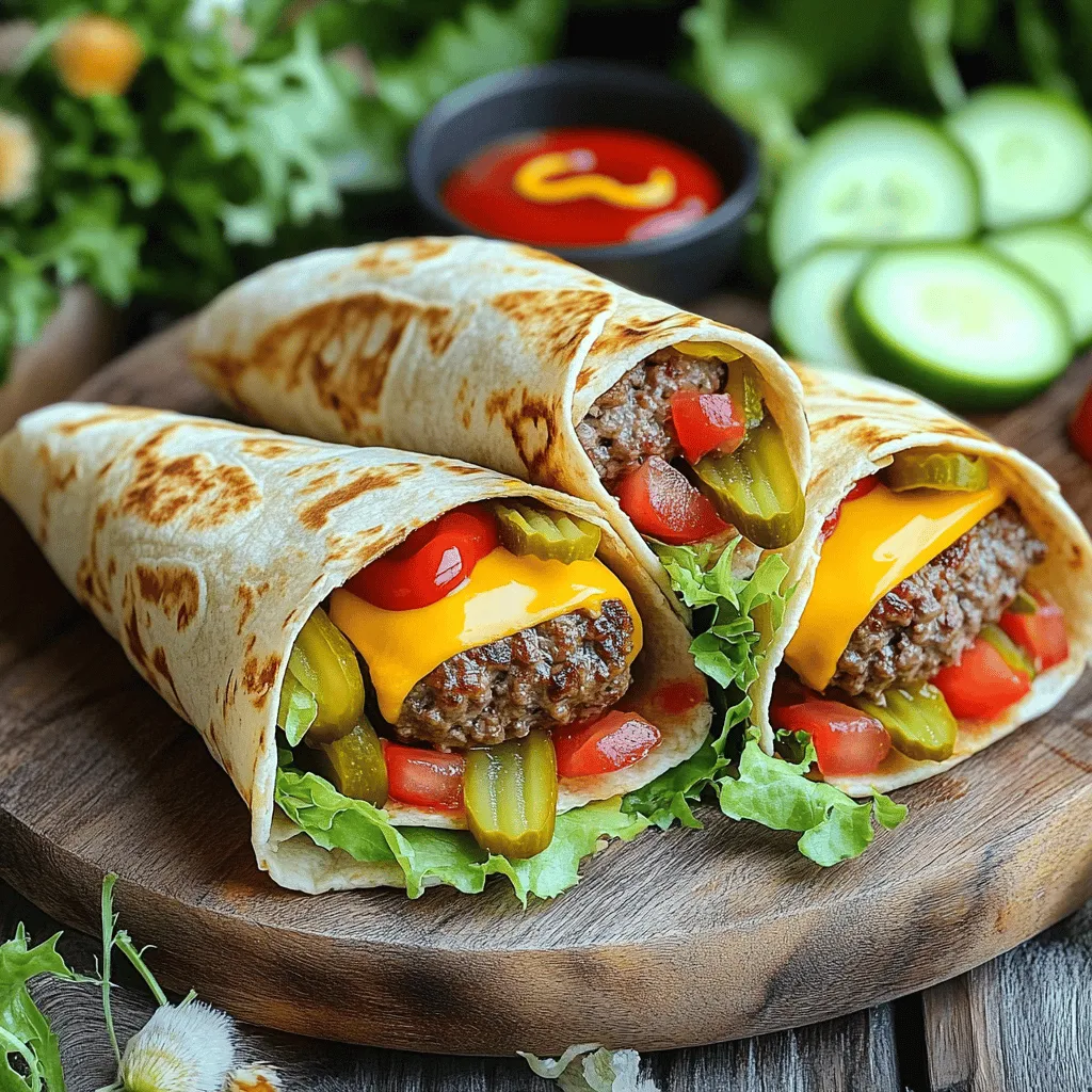 - Ground beef - Flour tortillas - Cheddar cheese - Garlic powder - Onion powder - Smoked paprika - Ketchup and mustard - Diced tomatoes - Diced pickles - Cooking spray or olive oil The main ingredients bring this dish to life. Ground beef is the star. I prefer 80/20 beef for juicy and flavorful patties. Flour tortillas serve as the wrap, holding everything together. Shredded cheddar cheese melts perfectly inside, adding rich flavor. Next, we have seasonings and condiments. Garlic powder gives depth to the beef. Onion powder adds a nice touch. Smoked paprika introduces a subtle smokiness. Ketchup and mustard finish the wrap with classic flavors. You can also add optional ingredients. Diced tomatoes add freshness and juiciness. Diced pickles give a tangy crunch. Lastly, cooking spray or olive oil helps the wraps crisp up nicely in the air fryer. For the full recipe, check out the detailed instructions on how to make these Air Fryer Cheeseburger Wraps. To start, you need to mix the ground beef with some seasonings. In a big bowl, add: - 1 lb ground beef - 1 teaspoon garlic powder - 1 teaspoon onion powder - 1 teaspoon smoked paprika - Salt and pepper to taste Use your hands or a spoon to blend everything well. This helps the flavors mix into the meat. Next, form small patties from the beef mixture. Aim for about 1/4 pound for each patty. Make sure they are even so they cook well. Preheat your air fryer to 400°F (200°C). This step is key for even cooking. It only takes about 5 minutes. Once it's hot, carefully place the patties in the air fryer basket. Do not stack them. Cook for 10-12 minutes. Flip them halfway through cooking. This helps them brown nicely. When they are golden and cooked through, take them out and let them cool for a bit. Now it’s time to wrap! Lay out your tortillas flat on a clean surface. On each tortilla, add one patty. Then, sprinkle on: - 1/4 cup shredded cheddar cheese - 1/2 cup diced tomatoes - 1/4 cup diced pickles - Drizzle with 1/4 cup ketchup and 1/4 cup mustard To wrap, fold the sides of the tortilla inward. Then, roll it from the bottom up. Make sure the fillings stay secure inside. Before cooking, lightly spray the outside of each wrap with cooking spray or brush with olive oil. This helps them get crispy. Place the wraps back into the air fryer in a single layer. If your air fryer is small, you might need to do this in batches. Cook at 400°F (200°C) for about 5-6 minutes. You want them to turn golden and crispy. Once done, take the wraps out. Let them rest for a minute before slicing them in half. They are now ready to enjoy! For the full recipe, check the link. - Best cooking temperatures: Set your air fryer to 400°F (200°C). This heat gives a nice, crispy finish. Preheating helps cook the wraps evenly. - Flipping patties for even cooking: Flip the patties halfway through cooking. This ensures both sides get that perfect browning. - Accompaniments to enhance flavors: Serve your wraps with extra ketchup and mustard. Pickles and diced tomatoes add freshness and crunch. - Presentation ideas for visual appeal: Plate your wraps with fresh lettuce or thin cucumber slices. This adds color and makes the meal pop. - Overcrowding the air fryer: Avoid placing too many wraps in the basket at once. This leads to uneven cooking and less crispiness. - Undercooking the patties: Always check that the beef patties are fully cooked. They should reach an internal temperature of 160°F (71°C) for safety. {{image_4}} You can switch up the protein in your wraps. Ground turkey or chicken works great. They are leaner options that still taste delicious. You can season them just like the beef. If you want a meatless option, try black bean wraps. Just mash cooked black beans and mix in your seasonings. This gives a hearty and satisfying bite. Cheese is key in these wraps. While cheddar is a classic, you can try other melting cheeses. Monterey Jack or pepper jack adds a nice twist. For those who avoid dairy, dairy-free cheese is a good choice. Look for plant-based cheese that melts well. This keeps the flavors rich without using dairy. To spice things up, think about adding some heat. A dash of hot sauce can elevate your wraps. You can also mix in spices like cumin or chili powder. For toppings, consider jalapeños for heat or avocado for creaminess. Both options add texture and taste. Customize your wraps to match your mood or taste. The possibilities are endless! To keep your cheeseburger wraps fresh, wrap them tightly. Use plastic wrap or foil. Store them in the fridge for up to three days. This helps maintain their taste and texture. For the best results, reheat wraps in the air fryer. Set it to 350°F (175°C) for about 5 minutes. This keeps them crispy. You can use a microwave too, but it may make them soggy. If you use a microwave, heat for about 30-60 seconds. To freeze cheeseburger wraps, wrap each one in plastic wrap. Then place them in a freezer bag. They can last up to three months. When ready to eat, take them out and thaw in the fridge overnight. For quick reheating, use the air fryer. You can easily make these wraps fit your diet. For a vegetarian option, swap the beef for black beans or lentils. Just mash them with the same spices. If you want low-carb wraps, use lettuce leaves instead of tortillas. This keeps the taste but cuts carbs. These wraps pair well with many sides. Try a fresh salad with tomatoes and cucumbers. French fries or sweet potato fries make a fun choice too. You can also serve them with a small bowl of coleslaw for crunch. Yes, you can use many air fryer models. Just make sure your air fryer can reach 400°F. Cooking times might change, so check the wraps often. If your air fryer is smaller, cook in batches for the best results. For the detailed instructions, check the [Full Recipe](#). You can make tasty Air Fryer Cheeseburger Wraps with simple ingredients. Start with ground beef, tortillas, and cheese. Add flavorful spices and optional toppings to make it your own. The step-by-step guide helps you cook perfect patties and assemble wraps easily. Remember to avoid common mistakes to enjoy your meal fully. Store any leftovers properly for next time. These wraps offer fun variations and pair well with many sides. Get creative and enjoy every bite of your delicious creation!