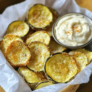 To make the best crunchy zucchini chips, you need simple and fresh ingredients. Here's what you'll need: - 2 medium zucchinis - 1 cup panko breadcrumbs - ½ cup freshly grated Parmesan cheese - 1 teaspoon garlic powder - 1 teaspoon onion powder - ½ teaspoon smoked paprika - ½ teaspoon sea salt - ¼ teaspoon freshly ground black pepper - 1 large egg, beaten - Cooking spray Each ingredient plays a vital role in creating a crunchy, flavorful snack. Zucchini brings a mild taste and a satisfying crunch. The panko breadcrumbs and Parmesan cheese create a crispy coating that adds flavor. The seasonings give depth and warmth to each bite. The egg acts as a glue, helping the breadcrumbs stick well to the zucchini slices. Lastly, the cooking spray ensures that your chips bake to perfection, achieving that golden crunch you crave. For the full recipe, check out the detailed instructions to make these delicious zucchini chips. Preheating the Oven Start by preheating your oven to 225°F (110°C). This low heat ensures that the zucchini chips dry out slowly and become crunchy without burning. Slicing Techniques Next, rinse the zucchinis under cool water. Slice them thinly, about 1/8 inch thick. A mandoline works best for even slices, but a sharp knife will do too. After slicing, pat the zucchini dry with paper towels. This step is key to getting that perfect crunch. Mixing Dry Ingredients In a shallow bowl, mix together the panko breadcrumbs, grated Parmesan cheese, garlic powder, onion powder, smoked paprika, sea salt, and black pepper. Stir these dry ingredients until they blend well. Preparatory Steps for Coating In another bowl, whisk the egg until it’s smooth. The egg will help the breadcrumb coating stick to the zucchini slices. Take a slice, dip it into the egg, and let the excess drip off. Then, coat it in the breadcrumb mixture, pressing gently to make sure it sticks well. Arranging on Baking Sheets Lay the coated zucchini chips in a single layer on your lined baking sheets. Make sure they don’t touch each other. This helps them cook evenly. Lightly spray the tops with cooking spray; this adds extra crunch. Flipping and Monitoring Time Bake the zucchini chips for around 2 hours. Flip them halfway through to ensure both sides get crisp. Keep an eye on them near the end, as oven temperatures can vary. When they turn golden and crunchy, take them out and let them cool on the sheets for a few minutes. This cooling time enhances their crunch. For the full recipe, you can refer to the earlier section. Enjoy your tasty and healthy snack! To make crunchy zucchini chips, drying the slices is key. When you slice the zucchini, moisture can remain. This moisture makes it hard for the chips to get crispy. After slicing, use paper towels to pat the zucchini dry. This small step makes a big difference. Recommended Oven Settings: I suggest baking at 225°F (110°C). This low heat helps the zucchini dry out slowly while cooking. It takes about two hours to bake, so be patient. Flip the chips halfway through to ensure even crunchiness. Keep an eye on them as they finish baking; all ovens cook differently. To serve your zucchini chips, try a charming basket lined with parchment paper. This keeps them looking nice while holding their crunch. You can pair the chips with creamy garlic aioli or your favorite dipping sauce. A simple ranch or spicy salsa also works well. These dips add flavor and make the snack even more fun to eat. For more ideas and the full recipe, check out the Crispy Baked Zucchini Chips section. {{image_4}} To spice up your zucchini chips, try making spicy zucchini chips. Just add some cayenne pepper or chili powder to your breadcrumb mix. This will give them a fiery kick, perfect for those who love heat. Herb-seasoned alternates are another fun option. You can mix dried herbs like oregano, thyme, or basil into the breadcrumbs. This adds an aromatic flavor that will brighten your chips. Experimenting with flavors can make each batch unique and exciting. If you want to use different tools, the air fryer is perfect for zucchini chips. Preheat it to 375°F (190°C). Follow the same steps for coating the zucchini slices. Place them in a single layer in the air fryer basket. Cook them for about 10 to 15 minutes, flipping halfway through. Keep a close eye on them to avoid burning. Using a dehydrator is another option for a healthier snack. Set the dehydrator to 135°F (57°C). Prepare the zucchini as usual, but skip the egg wash. Instead, coat them directly in the seasoned breadcrumbs. Arrange the slices in a single layer in the dehydrator. Dry the chips for about 6 to 8 hours, depending on your machine. This method keeps them crispy and is perfect for long-term storage. For the full recipe, check out the Crispy Baked Zucchini Chips. To keep your zucchini chips fresh, use an airtight container. A glass jar or a resealable plastic bag works well. Avoid metal containers, as they can trap moisture. Store your chips in a cool, dry place, away from sunlight. - Best Storage Containers: Use glass jars or resealable bags. - Shelf Life and Usage Tips: Chips can stay fresh for up to 3 days. If they lose crunch, consider reheating them. Restoring crispiness is easy. You can use an oven or an air fryer for the best results. - Oven Method: Preheat your oven to 350°F (175°C). Spread the chips on a baking sheet. Bake for about 5 to 10 minutes. Keep an eye on them to avoid burning. - Air Fryer Method: Heat your air fryer to 350°F (175°C). Place the chips in a single layer. Heat for about 3 to 5 minutes, checking for crispiness. These methods help turn your leftover zucchini chips back into a crunchy snack. Enjoy them with your favorite dip! To make zucchini chips crunchy, start by removing moisture. Here are some tips: - Slice Thinly: Cut the zucchinis into thin slices, about 1/8 inch. This helps them get crispy. - Pat Dry: After slicing, use paper towels to blot the zucchini. Remove as much water as you can. Less moisture means more crunch. For optimal baking techniques: - Low Temperature: Bake at 225°F (110°C). This slow cook helps dry them out without burning. - Flip Halfway: Turn the chips halfway through baking to ensure even crispiness. Yes, you can use many seasonings to add flavor. Here are some popular options: - Chili Powder: For a spicy kick, try adding chili powder. - Lemon Zest: This adds a bright, fresh taste. For suggested herb combinations: - Italian Herbs: Use a mix of oregano, basil, and thyme for a classic flavor. - Cajun Spice: A blend of paprika, cayenne, and garlic powder gives a bold taste. Yes, zucchini chips are a healthy snack choice. Here’s some nutritional information: - Low in Calories: Zucchini has about 20 calories per cup. - High in Fiber: This helps with digestion and keeps you full. The health benefits of zucchini include: - Rich in Vitamins: Zucchini is high in vitamins A and C, which are great for your skin. - Hydrating: With 95% water, zucchini helps keep you hydrated. For the full recipe, check the crispy baked zucchini chips section. Enjoy your healthy snack! Making zucchini chips is easy and fun. We covered the key ingredients, like zucchini, cheese, and egg. I explained how to slice and coat the zucchini, plus how to get a crispy texture. You learned tips for great presentation and storage options. Experiment with flavors and cooking methods to find your favorite. Whether you bake, air fry, or dehydrate, you’ll enjoy a healthy snack. Now, it’s time to try making your own zucchini chips. Enjoy your crispy creations!
