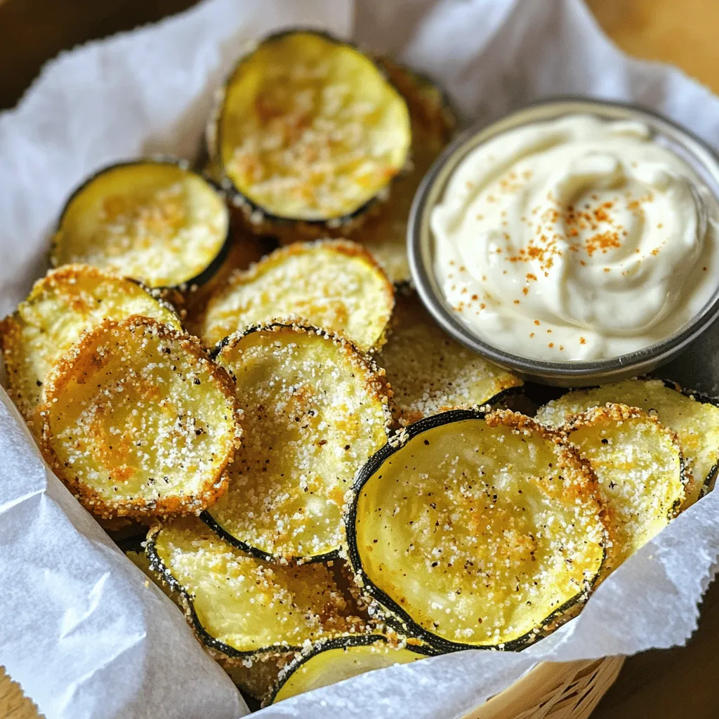 To make the best crunchy zucchini chips, you need simple and fresh ingredients. Here's what you'll need: - 2 medium zucchinis - 1 cup panko breadcrumbs - ½ cup freshly grated Parmesan cheese - 1 teaspoon garlic powder - 1 teaspoon onion powder - ½ teaspoon smoked paprika - ½ teaspoon sea salt - ¼ teaspoon freshly ground black pepper - 1 large egg, beaten - Cooking spray Each ingredient plays a vital role in creating a crunchy, flavorful snack. Zucchini brings a mild taste and a satisfying crunch. The panko breadcrumbs and Parmesan cheese create a crispy coating that adds flavor. The seasonings give depth and warmth to each bite. The egg acts as a glue, helping the breadcrumbs stick well to the zucchini slices. Lastly, the cooking spray ensures that your chips bake to perfection, achieving that golden crunch you crave. For the full recipe, check out the detailed instructions to make these delicious zucchini chips. Preheating the Oven Start by preheating your oven to 225°F (110°C). This low heat ensures that the zucchini chips dry out slowly and become crunchy without burning. Slicing Techniques Next, rinse the zucchinis under cool water. Slice them thinly, about 1/8 inch thick. A mandoline works best for even slices, but a sharp knife will do too. After slicing, pat the zucchini dry with paper towels. This step is key to getting that perfect crunch. Mixing Dry Ingredients In a shallow bowl, mix together the panko breadcrumbs, grated Parmesan cheese, garlic powder, onion powder, smoked paprika, sea salt, and black pepper. Stir these dry ingredients until they blend well. Preparatory Steps for Coating In another bowl, whisk the egg until it’s smooth. The egg will help the breadcrumb coating stick to the zucchini slices. Take a slice, dip it into the egg, and let the excess drip off. Then, coat it in the breadcrumb mixture, pressing gently to make sure it sticks well. Arranging on Baking Sheets Lay the coated zucchini chips in a single layer on your lined baking sheets. Make sure they don’t touch each other. This helps them cook evenly. Lightly spray the tops with cooking spray; this adds extra crunch. Flipping and Monitoring Time Bake the zucchini chips for around 2 hours. Flip them halfway through to ensure both sides get crisp. Keep an eye on them near the end, as oven temperatures can vary. When they turn golden and crunchy, take them out and let them cool on the sheets for a few minutes. This cooling time enhances their crunch. For the full recipe, you can refer to the earlier section. Enjoy your tasty and healthy snack! To make crunchy zucchini chips, drying the slices is key. When you slice the zucchini, moisture can remain. This moisture makes it hard for the chips to get crispy. After slicing, use paper towels to pat the zucchini dry. This small step makes a big difference. Recommended Oven Settings: I suggest baking at 225°F (110°C). This low heat helps the zucchini dry out slowly while cooking. It takes about two hours to bake, so be patient. Flip the chips halfway through to ensure even crunchiness. Keep an eye on them as they finish baking; all ovens cook differently. To serve your zucchini chips, try a charming basket lined with parchment paper. This keeps them looking nice while holding their crunch. You can pair the chips with creamy garlic aioli or your favorite dipping sauce. A simple ranch or spicy salsa also works well. These dips add flavor and make the snack even more fun to eat. For more ideas and the full recipe, check out the Crispy Baked Zucchini Chips section. {{image_4}} To spice up your zucchini chips, try making spicy zucchini chips. Just add some cayenne pepper or chili powder to your breadcrumb mix. This will give them a fiery kick, perfect for those who love heat. Herb-seasoned alternates are another fun option. You can mix dried herbs like oregano, thyme, or basil into the breadcrumbs. This adds an aromatic flavor that will brighten your chips. Experimenting with flavors can make each batch unique and exciting. If you want to use different tools, the air fryer is perfect for zucchini chips. Preheat it to 375°F (190°C). Follow the same steps for coating the zucchini slices. Place them in a single layer in the air fryer basket. Cook them for about 10 to 15 minutes, flipping halfway through. Keep a close eye on them to avoid burning. Using a dehydrator is another option for a healthier snack. Set the dehydrator to 135°F (57°C). Prepare the zucchini as usual, but skip the egg wash. Instead, coat them directly in the seasoned breadcrumbs. Arrange the slices in a single layer in the dehydrator. Dry the chips for about 6 to 8 hours, depending on your machine. This method keeps them crispy and is perfect for long-term storage. For the full recipe, check out the Crispy Baked Zucchini Chips. To keep your zucchini chips fresh, use an airtight container. A glass jar or a resealable plastic bag works well. Avoid metal containers, as they can trap moisture. Store your chips in a cool, dry place, away from sunlight. - Best Storage Containers: Use glass jars or resealable bags. - Shelf Life and Usage Tips: Chips can stay fresh for up to 3 days. If they lose crunch, consider reheating them. Restoring crispiness is easy. You can use an oven or an air fryer for the best results. - Oven Method: Preheat your oven to 350°F (175°C). Spread the chips on a baking sheet. Bake for about 5 to 10 minutes. Keep an eye on them to avoid burning. - Air Fryer Method: Heat your air fryer to 350°F (175°C). Place the chips in a single layer. Heat for about 3 to 5 minutes, checking for crispiness. These methods help turn your leftover zucchini chips back into a crunchy snack. Enjoy them with your favorite dip! To make zucchini chips crunchy, start by removing moisture. Here are some tips: - Slice Thinly: Cut the zucchinis into thin slices, about 1/8 inch. This helps them get crispy. - Pat Dry: After slicing, use paper towels to blot the zucchini. Remove as much water as you can. Less moisture means more crunch. For optimal baking techniques: - Low Temperature: Bake at 225°F (110°C). This slow cook helps dry them out without burning. - Flip Halfway: Turn the chips halfway through baking to ensure even crispiness. Yes, you can use many seasonings to add flavor. Here are some popular options: - Chili Powder: For a spicy kick, try adding chili powder. - Lemon Zest: This adds a bright, fresh taste. For suggested herb combinations: - Italian Herbs: Use a mix of oregano, basil, and thyme for a classic flavor. - Cajun Spice: A blend of paprika, cayenne, and garlic powder gives a bold taste. Yes, zucchini chips are a healthy snack choice. Here’s some nutritional information: - Low in Calories: Zucchini has about 20 calories per cup. - High in Fiber: This helps with digestion and keeps you full. The health benefits of zucchini include: - Rich in Vitamins: Zucchini is high in vitamins A and C, which are great for your skin. - Hydrating: With 95% water, zucchini helps keep you hydrated. For the full recipe, check the crispy baked zucchini chips section. Enjoy your healthy snack! Making zucchini chips is easy and fun. We covered the key ingredients, like zucchini, cheese, and egg. I explained how to slice and coat the zucchini, plus how to get a crispy texture. You learned tips for great presentation and storage options. Experiment with flavors and cooking methods to find your favorite. Whether you bake, air fry, or dehydrate, you’ll enjoy a healthy snack. Now, it’s time to try making your own zucchini chips. Enjoy your crispy creations!
