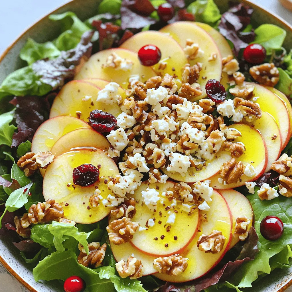 To make this Honeycrisp Apple and Feta Salad, gather the following items: - 2 Honeycrisp apples, cored and thinly sliced - 4 cups mixed greens (arugula and spinach work beautifully) - 1/2 cup creamy feta cheese, crumbled - 1/4 cup walnuts, roughly chopped - 1/4 cup dried cranberries - 2 tablespoons high-quality olive oil - 1 tablespoon apple cider vinegar - 1 tablespoon pure honey - Salt and freshly ground black pepper to taste When measuring ingredients, precision helps with taste. Use a kitchen scale for the walnuts and feta. For liquids, a measuring spoon ensures you don’t overdo it. If you want a sweeter salad, add a bit more honey. If you prefer it tangy, try more apple cider vinegar. Adjust as you like! For the best flavor, choose fresh Honeycrisp apples. They should be firm and crisp. A good quality feta makes a big difference. Look for creamy, crumbly feta, which adds richness. Fresh mixed greens enhance the salad's taste and crunch. Walnuts add texture, while dried cranberries bring a sweet touch. Using fresh, high-quality olive oil elevates the dish. You can find the full recipe [here](#). Start by making the dressing. In a small bowl, whisk together the olive oil, apple cider vinegar, honey, salt, and black pepper. Mix until all ingredients blend well. This simple dressing adds a nice tang and sweetness to the salad. Next, grab a large salad bowl. Create a bed of mixed greens. I like to use arugula and spinach. They give a fresh taste and nice texture. Spread the greens evenly across the bottom of the bowl. This will be the base of your salad. Now it’s time to add the fun parts. First, arrange the thinly sliced Honeycrisp apples on top of the greens. Make sure to overlap them slightly. This makes the salad look pretty. Then, sprinkle the creamy feta cheese over the apples. Each bite should have that rich flavor. Next, gently scatter the chopped walnuts and dried cranberries on top. The walnuts add crunch, while the cranberries bring sweetness. Finally, drizzle your prepared dressing over the salad. Use salad tongs to toss it gently. Be careful not to break the apple slices. Taste and adjust the seasoning if needed. For a full list of instructions, check the Full Recipe. - Use fresh Honeycrisp apples for the best taste. They are crisp, sweet, and tart. - Slice the apples just before serving. This keeps them crunchy and bright. - Crumble the feta cheese by hand. It stays creamier that way. - Mix the dressing well. This helps all flavors blend perfectly. - Toss the salad gently. You want to keep the apple slices whole. - Serve this salad as a starter or side dish. It pairs well with grilled chicken. - For a fun twist, add sliced pears. They add extra sweetness and flavor. - Drizzle balsamic glaze on top. It adds a rich, tangy layer to the salad. - Use a large, shallow bowl for a beautiful presentation. It shows off the colors. - Don't add the dressing too early. It makes greens soggy. - Avoid using old apples. They can be mealy and spoil the salad. - Don’t skip the nuts and cranberries. They add crunch and sweetness. - Be careful with salt. Too much can overpower the salad’s fresh taste. For a complete recipe, check the [Full Recipe]. {{image_4}} If you have specific dietary needs, you can easily tweak this salad. - Cheese Alternatives: For a lactose-free option, try using a vegan feta or omit cheese entirely. - Nut-Free Version: Replace walnuts with seeds like pumpkin or sunflower seeds for crunch without nuts. - Low-Carb Option: Use leafy greens like kale or romaine instead of mixed greens. Seasonal swaps keep your salad fresh and exciting all year long. - Winter Swap: In colder months, use roasted Brussels sprouts instead of raw greens. - Spring Swap: Add fresh peas or asparagus for a pop of color and taste. - Fall Swap: Incorporate roasted butternut squash for a sweet, hearty touch. Elevate your Honeycrisp apple and feta salad with fun toppings. - Fruit Additions: Try adding slices of pear or pomegranate seeds for extra flavor. - Herbs: Fresh herbs like basil or mint can bring a new layer of taste. - Croutons: Add homemade croutons for more texture and crunch. These variations give you many ways to enjoy this salad. You can find the full recipe in the earlier section. To keep your Honeycrisp apple and feta salad fresh, store it in the fridge. Use an airtight container to seal in the flavors. This method keeps the salad crisp for up to two days. If you notice any browning on the apple slices, a squeeze of lemon juice can help. Store ingredients separately for best results. Keep the apples in a cool, dry place. For the feta, wrap it in plastic or place it in a sealed container. Mixed greens should stay in their original packaging or in a breathable bag. This way, you can enjoy each component at its best. If you have leftovers, try to eat them within two days. Toss the salad gently to mix flavors, but avoid bruising the apples. If you notice the greens wilting, you can refresh them with a splash of cold water. For a quick snack, try adding leftover salad to a wrap or sandwich. For the full recipe, check out the detailed instructions above! Honeycrisp apples stand out for their sweet and tart flavor. They have a unique crunch that is pleasing to the bite. This crispness comes from their large cells filled with juice. These apples also have a balance of sweetness and acidity. This makes them perfect for salads, like the Honeycrisp Apple and Feta Salad. Their bright color adds a nice touch to your dish. You will enjoy their refreshing taste in every bite. Yes, you can use other cheeses if you want. If you prefer a milder taste, try goat cheese. It adds creaminess without overpowering the apples. For a sharper flavor, use blue cheese. This will give your salad a bold kick. You can also use a dairy-free cheese for a vegan option. Just make sure to choose one that melts well. Each cheese will change the salad's flavor, so feel free to experiment. To make this salad vegan, swap the feta cheese for a dairy-free cheese. You can also use avocado for creaminess. Instead of honey, use maple syrup or agave for sweetness. These swaps keep your salad plant-based while maintaining great taste. Fresh herbs like basil or mint can add a nice touch too. The key is to keep the balance of flavors while ensuring everything is vegan-friendly. This blog post covered how to create an amazing salad. We talked about the right ingredients, with measurement tips for accuracy. You learned step-by-step instructions on making the dressing and preparing the salad. We also explored tips for the best results and common mistakes to avoid. Don’t forget about variations for dietary needs and keeping your salad fresh. Now, you have everything you need to make a tasty salad. Enjoy creating your own delicious dishes!