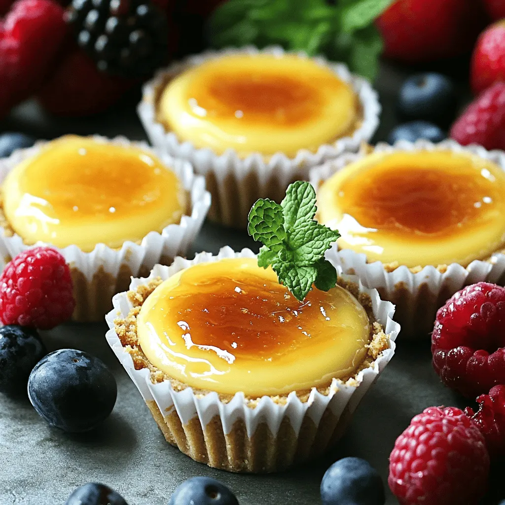 - 1 cup graham cracker crumbs - 3 tablespoons unsalted butter, melted - 2 tablespoons granulated sugar - 16 oz cream cheese, softened at room temperature - 1 cup granulated sugar - 1 teaspoon vanilla extract - 2 large eggs, room temperature - 1 cup heavy cream - 2 tablespoons brown sugar (for the brûlée topping) You can switch ingredients for different flavors. Try using digestive biscuits or vanilla wafers for the crust. Coconut cream can replace heavy cream for a lighter version. For a sugar-free option, use a sugar substitute in the filling and topping. If you want a different flavor, add lemon zest or almond extract instead of vanilla. Choose fresh cream cheese for the best taste. Look for blocks, not tubs, for a richer flavor. When picking eggs, choose large, organic eggs for creaminess and richness. Always select heavy cream with at least 36% fat for a smooth texture. For the best crust, make sure your butter is unsalted and fresh. Quality ingredients make your mini crème brûlée cheesecakes shine! Start by preheating your oven to 325°F (163°C). This sets the stage for perfect baking. Prepare a standard muffin tin by lining it with 12 paper liners. This keeps your cheesecakes from sticking. In a medium bowl, mix these ingredients: - 1 cup graham cracker crumbs - 3 tablespoons unsalted butter, melted - 2 tablespoons granulated sugar Use a fork or your hands to combine. Make sure the crumbs get coated well with butter. Next, press the crumb mixture into the bottom of each liner. Use your fingers or the back of a measuring cup to create a firm layer. Bake this for 10 minutes, then allow it to cool completely. In a large bowl, beat 16 oz of softened cream cheese. Use an electric mixer on medium speed until it is smooth. Gradually add in 1 cup of granulated sugar. Mix this until fully blended. Next, stir in 1 teaspoon of vanilla extract. Then add 2 large eggs, one at a time. Make sure each egg blends in well before adding the next. This step is key for a creamy texture. Slowly pour in 1 cup of heavy cream while mixing on low speed. Keep mixing until the batter is smooth and free of lumps. Carefully pour the cheesecake filling into the prepared crusts. Fill each liner about two-thirds full. This allows space for the cheesecakes to expand. Place the muffin tin in the oven and bake for 25-30 minutes. The centers should set but still jiggle slightly. Once baked, take the tin out of the oven and let it cool at room temperature. Transfer the cooled cheesecakes to the refrigerator. Chill them for at least 4 hours, or overnight if you can. This step helps the flavors come together and sets the cheesecakes fully. When you're ready to serve, sprinkle a thin layer of brown sugar on top of each cheesecake. Using a kitchen torch, caramelize the sugar until it turns golden and crisp. If you don’t have a torch, you can place them under the broiler for a couple of minutes. Keep a close eye to prevent burning. You now have a delightful mini crème brûlée cheesecake ready to impress! For the complete details, check the Full Recipe. When making mini crème brûlée cheesecakes, watch out for these common mistakes: - Overmixing the batter: This can add too much air and cause cracks. - Not chilling long enough: Chilling helps the flavors blend and sets the texture. - Skipping the crust prep: A solid crust gives your cheesecakes a great base. To get that perfect creamy texture, focus on these key points: - Use room temperature cream cheese: Cold cream cheese can cause lumps. - Mix gently: Avoid overmixing after adding the eggs to keep it smooth. - Don’t overbake: The centers should jiggle a bit; they will set as they cool. Having the right tools makes this recipe easier: - Muffin tin: This holds the mini cheesecakes perfectly. - Electric mixer: It makes blending the cream cheese simple and quick. - Kitchen torch or broiler: Use this for caramelizing the sugar topping. Follow these tips, and you will create delightful mini crème brûlée cheesecakes every time! For the full recipe, check out the previous section. {{image_4}} You can change the flavor of your mini crème brûlée cheesecakes easily. Try adding chocolate for a rich twist. Just mix in ½ cup of melted chocolate after you beat the cream cheese. For a fruity flavor, consider adding pureed strawberries or raspberries. Use about ½ cup of fruit puree. This will give your cheesecakes a fresh and vibrant taste! While brown sugar is great for the classic brûlée topping, you can mix it up. Use crushed nuts for a crunchy layer. Almonds or pistachios work well. You can also drizzle chocolate or fruit sauces on top. This adds color and flavor. Fresh fruit, like berries or slices of kiwi, adds a nice touch, too. Make your mini cheesecakes stand out at parties. Use pretty plates or cake stands to display them. Add a mint leaf on each one for a pop of color. You can also sprinkle edible flowers on top. This makes your dessert look extra special. For themed events, match the toppings with colors or flavors for a fun twist. For the full recipe, check out the details above. Enjoy making these delightful treats! You can store mini crème brûlée cheesecakes in the fridge. Place them in an airtight container. They will stay fresh for up to five days. If you cover them well, they won’t dry out or absorb odors from your fridge. You can also freeze these mini cheesecakes. Wrap each one tightly in plastic wrap. Then, place them in a freezer-safe bag. They can stay frozen for up to three months. To thaw, move them to the fridge overnight before enjoying. When you want to eat a cheesecake, you can simply remove it from the fridge. Let it sit at room temperature for about 30 minutes before serving. This helps it regain its creamy texture. If you prefer it warm, you can microwave it for about 10-15 seconds. Just be careful not to overheat it! Crème brûlée is a creamy custard topped with caramelized sugar. Cheesecake, on the other hand, blends cream cheese and sugar for a rich, dense dessert. Both are delicious, but their textures and flavors are quite different. Crème brûlée has a smooth, silky base, while cheesecake is thick and rich. You can enjoy both, but they create unique experiences when you eat them. Yes, you can! These mini cheesecakes are perfect for making ahead. You can prepare them a day or two in advance. Just chill them in the fridge until you are ready to serve. This helps the flavors develop even more. When you're ready to serve, simply caramelize the sugar topping for a fresh finish. Cracks can happen for many reasons. The most common cause is baking at too high a temperature. If you see cracks, don’t worry! You can cover them with the caramelized sugar topping. This way, they look pretty and taste great. If you want to avoid cracks, try baking your cheesecakes at a lower temperature and use a water bath. No kitchen torch? No problem! You can use your oven broiler instead. Just sprinkle the brown sugar and place the cheesecakes under the broiler for a couple of minutes. Watch them closely to avoid burning. Move them around if needed for even caramelization. This method works well and gives you a nice, crispy topping. Absolutely! You can use gluten-free graham cracker crumbs or crushed nuts for the crust. Almond flour or gluten-free cookies also work well. Just substitute them in the same amount as the regular crumbs. This way, everyone can enjoy these mini crème brûlée cheesecakes! You've learned how to create mini crème brûlée cheesecakes with care. We covered the best ingredients, tips for selection, and easy steps for baking. I shared common mistakes to avoid and ways to get the right texture. With variations and storage tips, these cheesecakes fit any occasion. Remember, practice makes perfect. Each time you bake, you'll improve your skills. Enjoy the process and treat yourself to this delicious dessert!