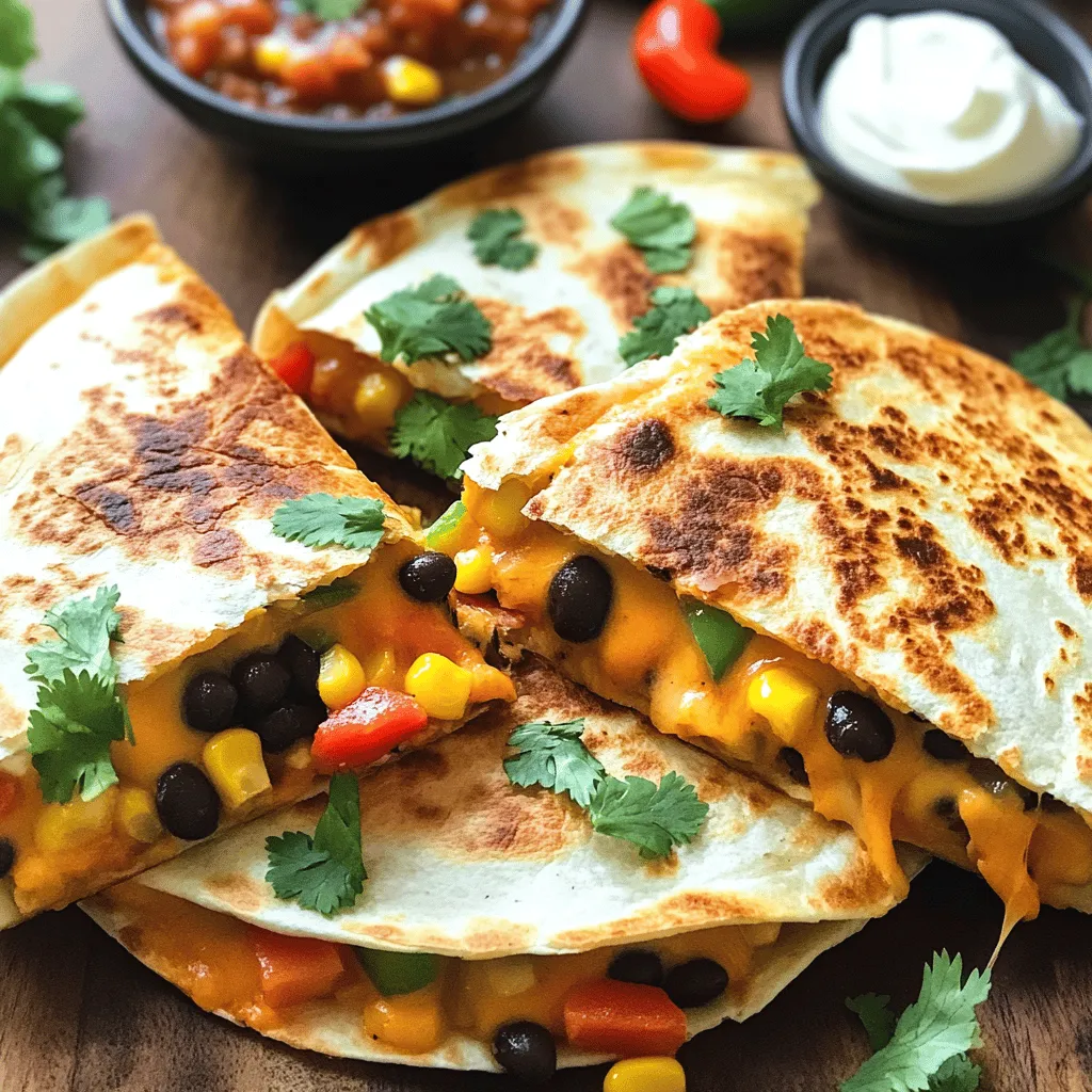 - 4 large flour tortillas - 1 cup shredded sharp cheddar cheese - 1 cup shredded mozzarella cheese - 1/2 cup cooked black beans - 1/2 cup corn kernels - 1/2 bell pepper, finely diced - 1/4 cup red onion, finely diced - 1 teaspoon ground cumin - 1 teaspoon chili powder - Salt and black pepper to taste - Fresh cilantro, chopped (for garnish) - Salsa and sour cream (for serving) For these air fryer quesadillas, you need a mix of flavors and textures. The cheese gives creaminess, while the black beans add protein. Corn kernels bring sweetness, and bell pepper and onion add crunch. You can use any cheese you like, but cheddar and mozzarella make a great combo. The spices, cumin and chili powder, give a nice kick. Don't forget to season with salt and pepper. For garnish, fresh cilantro adds color and a burst of flavor. Serve them with salsa and sour cream for delicious dips. For the full recipe, check the details I provided earlier. Enjoy your cooking! First, gather your ingredients. In a large bowl, combine the shredded sharp cheddar and mozzarella cheeses. Add in the cooked black beans, corn kernels, diced bell pepper, and diced red onion. Next, season the mixture. Sprinkle in ground cumin, chili powder, and a pinch of salt and black pepper. Mix everything well so the flavors blend. This filling is the heart of your quesadilla. Now, it's time to fill the tortillas. Take one flour tortilla and lay it flat. Spoon about 1/2 cup of the cheese and veggie mixture onto one half of the tortilla. Leave a small space at the edges to help with folding. Carefully fold the other half over the filling. Press the edges lightly to seal the quesadilla. Repeat this with the other tortillas until you use all the filling. Preheat your air fryer to 375°F (190°C) for about 5 minutes. This step helps cook the quesadillas evenly. Next, coat the air fryer basket with cooking spray to help avoid sticking. Place two quesadillas in the basket. Make sure they are flat and not touching. Cook the quesadillas for 8-10 minutes. Flip them halfway through the cooking time. They should turn golden brown and crispy on both sides. Once they are done, take them out and let them cool for a minute. Cut each one into wedges for easy serving. Enjoy with salsa and sour cream. For the full recipe, check the details above. To get the best crispy quesadillas, set your air fryer to 375°F (190°C). Preheat it for about 5 minutes. This step warms the fryer and helps cook evenly. Avoiding sogginess is key. Use a light coat of cooking spray on the basket. This keeps the quesadillas from sticking and helps them crisp up. Choosing the right cheese makes a big difference. I love using sharp cheddar and mozzarella together. They melt well and create a great taste. For veggies, fresh is best, but frozen can work too. If you use frozen corn, make sure to thaw it first. Drain any excess water to keep your quesadillas dry. Toppings enhance the flavor of your quesadillas. I recommend fresh cilantro for a burst of freshness. Salsa adds a nice kick, and sour cream brings creaminess. You can also serve guacamole or diced avocado for extra richness. Try arranging the wedges on a colorful plate to make your dish look inviting. {{image_4}} You can make quesadillas your way! For a vegetarian option, use mushrooms, spinach, or zucchini. These veggies add great taste and color. You can mix and match to find your favorite mix. If you want to add protein, consider cooked chicken, ground turkey, or shrimp. These options bring heartiness to your meal. You get more flavor when you season your proteins well. You don't have to use an air fryer. You can make quesadillas on the stovetop. Heat a skillet over medium heat. Add your quesadilla and cook until golden. Flip it carefully and cook the other side. This method gives a nice crispy edge. Another option is baking in the oven. Preheat the oven to 400°F (200°C). Arrange the quesadillas on a baking sheet. Bake for about 10-12 minutes or until golden brown. This method is great for making many at once. Want to spice things up? Add jalapeños or hot sauce to your filling. This adds a kick to each bite. You can also try specialty cheeses like pepper jack or goat cheese for unique flavors. Experiment with your favorite herbs too. Fresh cilantro or oregano can change the whole taste. With these variations, you can create endless combinations for your quesadillas. Enjoy! To store leftover quesadillas, first let them cool down to room temperature. Then, wrap each quesadilla in plastic wrap or foil. Place them in an airtight container. This helps keep them fresh in the fridge. They will last about 3 to 4 days. If you want to freeze your quesadillas, wrap them in plastic wrap. Then, place them in a freezer-safe bag. Squeeze out as much air as you can. They can stay in the freezer for up to 2 months. This is great for quick meals later. To reheat your quesadillas, the air fryer is your best friend. Set the air fryer to 350°F (175°C). Place the quesadilla in the basket for 5 to 7 minutes. Check them halfway through. This keeps them crispy while warming the filling. You can also use a skillet. Heat a non-stick skillet over medium heat. Place the quesadilla in the pan for 2 to 3 minutes on each side. This method keeps them nice and crispy too. For the best taste, eat your quesadillas within 3 to 4 days if stored in the fridge. Freezing them keeps them fresh longer. Just remember to label your bags with the date. This way, you know when to use them. Always check for any strange smells or changes in color before eating. For quesadillas, I love using a mix of cheeses. Sharp cheddar gives a nice tang. Mozzarella adds that gooey, stretchy texture. You can also try Monterey Jack for a mild flavor. Feel free to mix and match! Yes! Whole wheat tortillas work great for quesadillas. They add a nutty flavor and extra fiber. Just make sure they are soft and pliable. This way, they fold easily without cracking. To keep quesadillas from sticking, follow these tips: - Use cooking spray: Lightly coat the air fryer basket with cooking spray before adding quesadillas. This creates a non-stick surface. - Preheat the basket: Preheating the air fryer helps cook the quesadillas quickly, reducing stickiness. - Space them out: Place quesadillas in a single layer. This allows hot air to circulate and prevents them from sticking together. By following these steps, you will get crispy, golden quesadillas every time! This blog post covers how to make delicious quesadillas with cheese, beans, and veggies. You learned step-by-step instructions, tips for crispiness, and variations for your taste. These easy bites are great for any meal. You can even customize them to fit your diet. Now, gather your ingredients and get cooking. Enjoy your tasty creations!