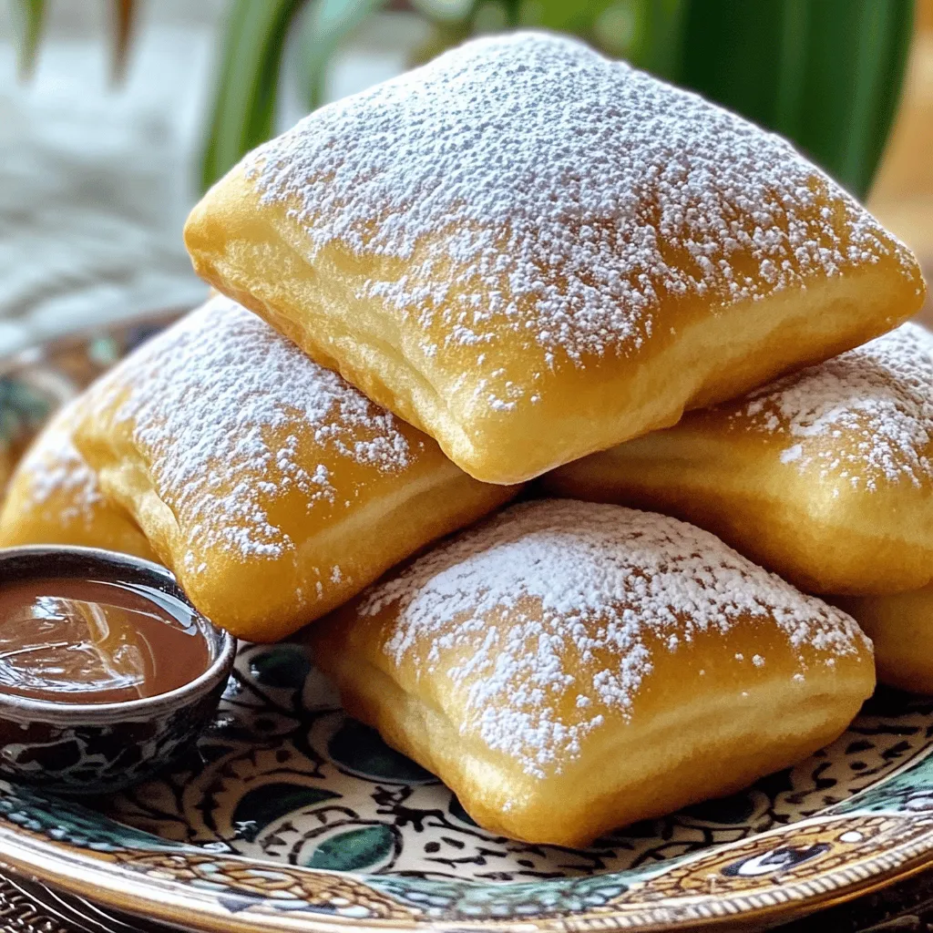 - 2 cups all-purpose flour - 2 tablespoons granulated sugar - 1 tablespoon baking powder - 1/2 teaspoon salt - 1/2 teaspoon pure vanilla extract - 1 large egg - 3/4 cup whole milk - 2 tablespoons unsalted butter, melted and cooled - Oil for frying - Powdered sugar for dusting Using fresh ingredients makes a big difference. Fresh flour, eggs, and milk give beignets a rich taste. They also help create the perfect texture. Old ingredients can lead to flat or hard beignets. So, always check your pantry. Freshness ensures your beignets rise to fluffy perfection. You can swap some ingredients for different flavors or diets. For a dairy-free version, use almond milk instead of whole milk. You can also try coconut oil instead of butter. For a gluten-free option, use a gluten-free flour blend. These changes can make beignets fit various tastes without losing their deliciousness. You can find the Full Recipe for more details. To start, gather your ingredients. In a big mixing bowl, add the flour, sugar, baking powder, and salt. Whisk them well so they mix evenly. In another bowl, crack the egg and whisk it until it's frothy. Add the whole milk, melted butter, and vanilla extract. Mix until smooth. Now, pour the wet mixture into the dry ingredients. Stir gently with a spatula until just combined. Be careful not to over-mix; the dough should stay a bit sticky. After mixing, cover the bowl with a towel or plastic wrap. Let the dough rest for about 30 minutes at room temperature. This step is vital. It helps the flavors blend and improves the dough's texture. When the time is up, check the dough. It should feel soft and slightly tacky. If it feels too dry, you can add a splash of milk. Now, heat a deep pot or fryer with oil over medium heat. Aim for 350°F (175°C). This is the right temperature for frying. Use a thermometer for accuracy. While the oil heats, roll out the dough on a floured surface to about 1/2 inch thick. Cut it into squares, around 2 inches each. Carefully drop a few squares into the hot oil. Avoid overcrowding. Fry for 2-3 minutes on one side until golden brown, then flip and fry for another 2-3 minutes. Once they’re done, use a slotted spoon to take them out. Place the beignets on a paper towel-lined plate to drain excess oil. Dust them with powdered sugar while they are still warm. This makes them sweet and delicious. Enjoy making these fluffy vanilla French beignets! For the complete recipe, check the Full Recipe section. To make beignets fluffy, you need the right dough. Mix the dry and wet ingredients only until they blend. Over-mixing can make them tough. Let the dough rest for about 30 minutes. This step is key. It helps the gluten relax, leading to a lighter texture. Fry the beignets at the right temperature, around 350°F. If the oil is too hot, they will cook too fast and not puff up. If it’s too cool, they will absorb oil and become greasy. Timing is crucial when frying beignets. Fry them for 2-3 minutes on each side. Look for a golden brown color. Hot oil helps them rise properly. Use a thermometer to maintain the right temperature. If you don’t have one, drop a small piece of dough in the oil. If it bubbles and rises, the oil is ready. Keep an eye on the beignets as they fry. Remove them when golden but not overcooked. Presentation adds fun to your beignets. Stack them on a pretty plate. Dust them with powdered sugar while they are warm. This helps the sugar stick. Pair them with a small bowl of chocolate sauce or fruit preserves. These dips add flavor and excitement. You can also serve them with fresh fruit on the side. This makes your dish look colorful and inviting. For an extra touch, sprinkle some cinnamon or cocoa on top for flavor. Check out the Full Recipe for more tips! {{image_4}} You can easily switch up the flavor of your beignets. For a rich chocolate twist, add cocoa powder to the dough. Use about 1/4 cup of unsweetened cocoa powder. This gives a deep flavor, and it pairs well with powdered sugar. You can also add chocolate chips into your dough for extra sweetness. If you want a warm spice, try cinnamon. Mix in about 1 tablespoon of ground cinnamon into your dry ingredients. This adds a comforting, sweet aroma that fills your kitchen. You can also sprinkle cinnamon sugar on top after frying for a tasty finish. Filled beignets add a fun surprise! You can fill them with cream, fruit, or chocolate. To make filled beignets, roll out the dough a bit thicker. After cutting into squares, place a small spoonful of filling in the center of each square. Fold the corners over the filling and seal them well. This way, the filling stays inside while frying. Popular fillings include pastry cream, Nutella, or jam. Each bite reveals a burst of flavor that makes them extra special. If you need gluten-free beignets, use gluten-free flour blends. These blends work well in most recipes. Look for a blend that includes xanthan gum, which helps with texture. Replace the all-purpose flour with 2 cups of this blend. You may need to adjust the liquid slightly. Keep an eye on the dough's consistency. It should still be thick and slightly sticky. Gluten-free beignets can be just as fluffy and delicious! For the full recipe, check out the detailed steps to make these delightful treats. To keep your beignets fresh, place them in an airtight container. This will help prevent them from drying out. Use parchment paper to separate layers if stacking. Store them at room temperature for up to two days. Avoid the fridge, as cold air can make them chewy. When you want to enjoy your beignets again, reheating is key. Preheat your oven to 350°F (175°C). Place the beignets on a baking sheet. Heat for about 5 to 7 minutes. This will help restore their fluffiness. You can also reheat them in an air fryer for about 3 minutes at 350°F. Freezing can keep your beignets fresh for longer. Allow them to cool completely. Then, wrap each beignet in plastic wrap. Place them in a freezer-safe bag or container. They can stay in the freezer for up to one month. To enjoy, let them thaw in the fridge overnight and reheat as mentioned above. For the best taste, try to eat them within a week of making them. French beignets date back to the 16th century. They are a popular treat in France. The word "beignet" means "fritter" in French. Beignets were served at festivals and celebrations. They gained fame in New Orleans during the 1800s. Today, beignets are a beloved treat at cafés, often paired with coffee. To achieve extra crispy beignets, follow these tips: - Use cold dough. This helps maintain a fluffier texture. - Heat the oil to 350°F (175°C). This temperature ensures quick frying without sogginess. - Fry in small batches. Overcrowding the pot cools the oil and affects crispiness. - Dust with powdered sugar after frying. This adds a nice crunch. Yes, you can prepare beignets ahead of time. Follow these steps: - Make the dough and let it rest. - Roll and cut the dough into squares. - Cover and refrigerate for up to 24 hours. - Fry them fresh before serving for the best texture. If your beignets are not fluffy, check these common issues: - Over-mixing the dough can lead to dense beignets. Mix just until combined. - Ensure the oil is hot enough when frying. If it's too cool, they absorb oil and become heavy. - Allow the dough to rest. This step helps develop the right texture. For a detailed guide, refer to the full recipe for Fluffy Vanilla French Beignets. In this post, we explored how to make delicious beignets. We covered the key ingredients, their freshness, and alternatives. I shared step-by-step instructions to prepare the dough, fry, and serve these treats. We discussed tips for fluffiness and variations like chocolate or gluten-free options. Lastly, I highlighted storage methods to keep beignets fresh. Beignets are simple yet fun to make. Whether you enjoy them classic or with a twist, these tips will help you succeed. Happy frying!