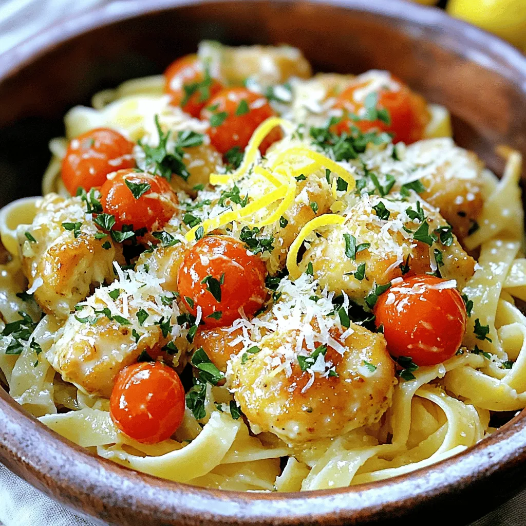 - 1 lb boneless, skinless chicken breasts, cut into bite-sized pieces - 3 tablespoons unsalted butter, divided - 4 cloves garlic, minced - 1 teaspoon smoked paprika - 1 teaspoon Italian seasoning - Salt and pepper to taste - 8 oz pasta (preferably fettuccine or linguine) - 1 cup cherry tomatoes, halved - 1/2 cup grated Parmesan cheese - Fresh parsley, chopped, for garnish - Zest of 1 lemon I love picking fresh ingredients for this dish. The chicken breasts are the star here. They get tender and juicy when cooked right. Unsalted butter adds richness, while garlic gives a bold flavor. For seasonings, smoked paprika and Italian herbs make the chicken pop. Don't forget salt and pepper; they elevate all the flavors. When it comes to pasta, I prefer fettuccine or linguine. They hold the sauce well. Cherry tomatoes add a sweet burst, and Parmesan cheese brings a savory touch. Fresh parsley adds color and freshness. The lemon zest ties it all together with brightness. For the full recipe, check the details above. Enjoy cooking! Start by filling a large pot with water. Add a good pinch of salt to it. Turn on the heat and bring the water to a rolling boil. Once it boils, add the pasta. Cook it according to the package directions until it is al dente. This usually takes about 8-10 minutes. After cooking, drain the pasta but save 1/2 cup of the pasta water for later. In a large skillet, set the heat to medium. Add 1 tablespoon of unsalted butter and let it melt. Once melted, add bite-sized chicken pieces. Season the chicken with smoked paprika, Italian seasoning, salt, and pepper. Cook the chicken for about 5-7 minutes. Stir it occasionally until it turns golden brown and is fully cooked. When done, transfer the chicken to a plate and set it aside. Now, use the same skillet. Lower the heat to low and add the remaining 2 tablespoons of butter. As the butter melts, add minced garlic. Sauté the garlic for about 1-2 minutes. Make sure to stir it often. You want the garlic to be fragrant, not brown. Burning the garlic will give it a bitter taste. Return the cooked chicken to the skillet. Add the halved cherry tomatoes too. Gently toss the chicken and tomatoes in the garlic butter. Heat everything together for about 2 minutes. This helps to mix the flavors nicely. Add the drained pasta to the skillet. Toss it well with the chicken and tomato mix. If it looks dry, add a splash of the reserved pasta water. Stir until you reach your desired sauce consistency. This step makes the dish creamy and flavorful. Once everything is mixed, remove the skillet from the heat. Stir in the grated Parmesan cheese and lemon zest. Taste and adjust the flavors with more salt and pepper if needed. This final touch will elevate the dish. - To keep chicken tender, don’t overcook it. Cook until golden brown. - Use a meat thermometer. Aim for 165°F (75°C) for safe chicken. - Let the chicken rest for a few minutes before cutting. This helps keep juices in. - To boost garlic flavor, add more cloves than the recipe suggests. - Sauté garlic on low heat. This makes it fragrant without bitterness. - For a stronger taste, consider using roasted garlic. It adds a sweet depth. - Pair your dish with a fresh garden salad. It balances the richness of the pasta. - Serve with crusty bread to soak up the garlic butter sauce. A great addition! - For a drink, try a crisp white wine like Sauvignon Blanc. It complements the flavors well. - If you prefer non-alcoholic, serve with sparkling water and lemon. It’s refreshing! - For a creative plate, stack the pasta in the center. This gives a nice height. - Use a fork to twirl pasta. Place it neatly on the plate for a fancy look. - Add a sprinkle of grated cheese on top. It adds flavor and a nice touch. - Don’t forget fresh parsley! It adds color and freshness to your dish. {{image_4}} You can switch chicken for shrimp or tofu. Shrimp cooks fast, so check it closely. Sauté shrimp for about 3-4 minutes until it's pink. Tofu is a great option too. If you choose tofu, use firm tofu and press it first. Cut it into cubes and sauté for about 5-7 minutes until golden. Try whole wheat or gluten-free pasta to suit your needs. Whole wheat adds a nutty flavor and more fiber. Gluten-free pasta is great for those with allergies. You can also use different shapes, like penne or farfalle. Each shape holds sauce differently, which can change your dish's feel. Want to spice things up? Add red pepper flakes for heat or fresh basil for a sweet touch. Both can brighten the dish. For a creamier sauce, mix in some heavy cream. This gives a rich texture that pairs well with the garlic butter. Each variation brings new life to your garlic butter chicken bites with pasta. Explore what you love! Check the Full Recipe for more ideas. After enjoying your garlic butter chicken bites with pasta, it's key to store any leftovers properly. First, let the dish cool down to room temperature. This step is important as it helps prevent bacteria growth. Once cooled, transfer the leftovers into airtight containers. I recommend using glass or plastic containers with tight-fitting lids. You can store the dish in the fridge for about 3 to 4 days. If you want to keep it for a longer time, consider freezing it. In that case, use freezer-safe containers. Properly stored, this dish can last up to 2 months in the freezer. Just remember to label your containers with the date! Reheating your pasta dish can be simple and effective. The best method is to use the stovetop. Start by adding a little water or broth to a skillet. Heat it on low to medium heat. Once warm, add your pasta and chicken mixture. Stir gently to avoid sticking. Alternatively, you can use the microwave. Place your leftovers in a microwave-safe bowl. Add a splash of water to keep it moist. Cover the bowl with a lid or microwave-safe wrap. Heat in 30-second intervals, stirring in between, until it’s warmed through. To ensure even heating and avoid drying out, check the dish often. Enjoy your meal just as delicious as when you first made it! Making Garlic Butter Chicken Bites with Pasta takes about 30 minutes. You spend 10 minutes prepping the ingredients. The cooking time lasts around 20 minutes. This quick process makes it perfect for busy nights. Yes, you can make this dish ahead of time. Cook the chicken and pasta, then store them separately in the fridge. When ready to eat, just reheat and combine. This method keeps the flavors fresh and tasty. If you're allergic to garlic, try using shallots or chives. Both options offer a mild flavor. You could also use garlic-infused oil for a hint of garlic taste without the actual garlic. To keep your chicken juicy, don’t overcook it. Use a meat thermometer to check for 165°F (75°C) inside. Let the chicken rest for a few minutes before cutting. This helps the juices stay locked in. Fettuccine and linguine are great choices for this dish. They hold the garlic butter sauce well. You can also try penne or rotini, which add a fun twist to the meal. Yes, adding vegetables is a great idea! Try spinach, bell peppers, or zucchini. Just sauté them with the chicken. This adds nutrition and color to your dish. This blog post covered everything you need to make delicious Garlic Butter Chicken Bites with pasta. We explored main ingredients, seasonings, and tasty garnishes. We detailed step-by-step instructions to ensure perfect results. Also, helpful tips, variations, and storage info make this dish flexible and easy to enjoy later. With the right ingredients and methods, you can impress anyone at your table. Now, it’s time to gather your ingredients and create a meal that brings joy. Happy cooking!