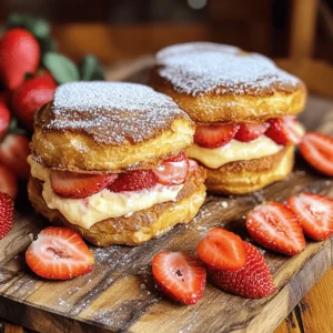 - 8 slices of brioche bread - 1 cup cream cheese, softened to room temperature - 1/3 cup powdered sugar, plus extra for dusting - 1 teaspoon pure vanilla extract - 1 cup fresh strawberries, hulled and thinly sliced - 1 cup crushed graham crackers - 2 large eggs - 1/4 cup milk - 1 teaspoon ground cinnamon - Vegetable oil, for frying - Fresh mint leaves, for garnish (optional) Gathering the right ingredients is key to making Fried Strawberry Cheesecake Sandwiches. You will need brioche bread to create a soft, sweet base. Cream cheese adds the rich, creamy filling. Fresh strawberries bring a burst of flavor and sweetness. Crushed graham crackers add a nice crunch. Eggs and milk help bind the sandwiches before frying. - Mixing bowls and hand mixer - Shallow bowls and frying skillet You also need some simple equipment. Mixing bowls help you combine ingredients easily. A hand mixer makes blending the cream cheese quick. Shallow bowls are great for the egg wash and graham cracker coating. A frying skillet is essential for getting that perfect crispy outside. - Garnishes and presentation ideas - Pairing with beverages When serving, make your sandwiches look pretty. Cut each sandwich diagonally for a nice touch. Add a dusting of powdered sugar on top. You can place fresh strawberries around the plate for color. If you like, add mint leaves for extra flair. Pair these treats with coffee, milk, or a fruity drink. They are perfect for dessert or a fun snack. For the full recipe, check the details above. Start by blending the cream cheese, powdered sugar, and vanilla extract. Use a hand mixer or a fork to make it smooth and creamy. This mixture will be your delicious cheesecake filling. Once it’s ready, take four slices of brioche bread. Spread a generous layer of the cream cheese mixture on each slice. This creamy layer is the heart of your sandwich. Next, it’s time to layer the strawberries. Take your fresh strawberries, hull them, and slice them thin. Place the slices evenly on top of the cream cheese. This adds a fresh, fruity taste to your dessert. Now, take another slice of brioche and place it on top of each filled slice. Gently press down to seal the sandwiches. This keeps all the yummy filling inside. To prepare for frying, whisk together the eggs and milk in a shallow bowl. In another bowl, mix the crushed graham crackers with ground cinnamon. Take each sandwich and dip it into the egg mixture. Make sure all sides are well-coated. Then, press the sandwich into the graham cracker mix, covering it generously. Heat vegetable oil in a large skillet over medium heat until it shimmers. Carefully add the sandwiches to the hot oil. Fry them for about 3 to 4 minutes on each side. You want them to turn a lovely golden brown color and be crispy. When they are done, use a slotted spatula to take them out. Place them on a plate lined with paper towels to drain any extra oil. Finally, dust your fried sandwiches with extra powdered sugar before serving. This gives them a sweet finish. Enjoy your Fried Strawberry Cheesecake Sandwiches as a delightful treat! For more detailed steps, check out the Full Recipe. For the best fry, heat your oil to about 350°F. This temperature ensures that your sandwiches cook evenly. If the oil is too cool, they will absorb too much oil and become greasy. If it's too hot, the outside burns before the inside cooks. Fry each sandwich for about 3-4 minutes on each side. Look for a golden brown color. This color means they are crispy and ready to enjoy. Use a slotted spatula to remove them, allowing excess oil to drain off. To add more flavor, try mixing spices into the cream cheese. A pinch of cinnamon or nutmeg can work wonders. You can also add a dash of lemon zest for a fresh twist. Just remember to balance sweetness with a bit of salt or acidity. This will enhance the overall taste. If you want some fun flavor pairings, consider using different fruits. Raspberries or blueberries can add a nice twist. They bring both color and taste to your sandwiches. You can prep your ingredients a day before. Mix the cream cheese and sugar, and slice the strawberries. Keep these in the fridge. This saves time when you are ready to fry. Store your assembled sandwiches in the fridge as well. Wrap them in plastic wrap to keep them fresh. Just remember to fry them within a day for the best taste and texture. For the full recipe, check out the details provided earlier. {{image_4}} You can change the fruit in these sandwiches. Instead of strawberries, try bananas or blueberries. Both add a sweet touch. You can also use different types of cheese. Cream cheese is classic, but mascarpone brings a rich flavor. For a fun twist, spread Nutella on the bread. Layer it with fruit for a chocolatey delight. Spices can elevate your filling. A pinch of cinnamon or nutmeg adds warmth. You can also infuse the cream cheese with citrus zest. Grate some lemon or orange peel for a bright flavor. This small change can make a big difference in taste. If you need gluten-free options, use gluten-free bread. There are many tasty choices now. For a vegan version, substitute the cream cheese with a plant-based option. You can also use flax eggs instead of regular eggs for coating. To fry healthier, use an air fryer. This method cuts down on oil while keeping the crunch. For the full recipe, check out the section above! To keep your fried strawberry cheesecake sandwiches fresh, store them in the fridge. Place them in an airtight container. This helps to prevent them from drying out. They last for about three days in the fridge. If you want to enjoy them later, make sure to eat them within this time for the best taste! Reheating these sandwiches is easy. To keep them crispy, use an oven or an air fryer. Preheat your oven to 350°F (175°C). Place the sandwiches on a baking sheet and heat for about 10 minutes. If using an air fryer, set it to 350°F (175°C) for 5-7 minutes. Serve them warm. You can also add a fresh dusting of powdered sugar on top. Yes, you can freeze these sandwiches! To freeze, wrap each sandwich tightly in plastic wrap. Place them in a freezer bag to avoid freezer burn. They can last for up to a month in the freezer. To thaw, move them to the fridge overnight. For reheating, follow the same tips as above to keep them crispy and tasty! Yes, you can prepare the sandwiches a day ahead. Make the filling and spread it on the bread. Assemble the sandwiches, but do not fry them. Store the un-fried sandwiches in the fridge. Fry them just before serving. This keeps them fresh and crispy. Brioche bread works well for this recipe. It is soft and buttery. You can also use challah or white bread. If you want a healthier option, whole wheat bread is a good choice. Each type brings a different flavor and texture to your sandwiches. For a gluten-free option, use gluten-free bread. You can make a vegan version too. Replace cream cheese with a vegan cream cheese. Use plant-based milk and eggs. These swaps let everyone enjoy this treat. Serve the sandwiches warm for the best taste. Cut them in half for easy eating. Place them on a nice plate. You can add fresh strawberries and mint for a pop of color. Dust with powdered sugar for a sweet touch. This makes the dish look as good as it tastes. This article covered how to make Fried Strawberry Cheesecake Sandwiches step by step. You learned about the ingredients, equipment, and tips for perfect frying. We also discussed various fillings and storage tips to keep your sandwiches fresh. Enjoy these sandwiches hot, or try new flavors. Experimenting can lead to tasty surprises. With these ideas, you can impress your friends and family anytime!