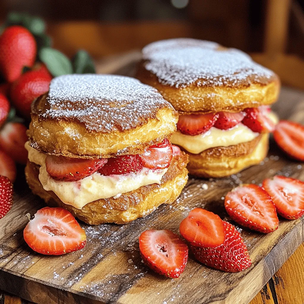 - 8 slices of brioche bread - 1 cup cream cheese, softened to room temperature - 1/3 cup powdered sugar, plus extra for dusting - 1 teaspoon pure vanilla extract - 1 cup fresh strawberries, hulled and thinly sliced - 1 cup crushed graham crackers - 2 large eggs - 1/4 cup milk - 1 teaspoon ground cinnamon - Vegetable oil, for frying - Fresh mint leaves, for garnish (optional) Gathering the right ingredients is key to making Fried Strawberry Cheesecake Sandwiches. You will need brioche bread to create a soft, sweet base. Cream cheese adds the rich, creamy filling. Fresh strawberries bring a burst of flavor and sweetness. Crushed graham crackers add a nice crunch. Eggs and milk help bind the sandwiches before frying. - Mixing bowls and hand mixer - Shallow bowls and frying skillet You also need some simple equipment. Mixing bowls help you combine ingredients easily. A hand mixer makes blending the cream cheese quick. Shallow bowls are great for the egg wash and graham cracker coating. A frying skillet is essential for getting that perfect crispy outside. - Garnishes and presentation ideas - Pairing with beverages When serving, make your sandwiches look pretty. Cut each sandwich diagonally for a nice touch. Add a dusting of powdered sugar on top. You can place fresh strawberries around the plate for color. If you like, add mint leaves for extra flair. Pair these treats with coffee, milk, or a fruity drink. They are perfect for dessert or a fun snack. For the full recipe, check the details above. Start by blending the cream cheese, powdered sugar, and vanilla extract. Use a hand mixer or a fork to make it smooth and creamy. This mixture will be your delicious cheesecake filling. Once it’s ready, take four slices of brioche bread. Spread a generous layer of the cream cheese mixture on each slice. This creamy layer is the heart of your sandwich. Next, it’s time to layer the strawberries. Take your fresh strawberries, hull them, and slice them thin. Place the slices evenly on top of the cream cheese. This adds a fresh, fruity taste to your dessert. Now, take another slice of brioche and place it on top of each filled slice. Gently press down to seal the sandwiches. This keeps all the yummy filling inside. To prepare for frying, whisk together the eggs and milk in a shallow bowl. In another bowl, mix the crushed graham crackers with ground cinnamon. Take each sandwich and dip it into the egg mixture. Make sure all sides are well-coated. Then, press the sandwich into the graham cracker mix, covering it generously. Heat vegetable oil in a large skillet over medium heat until it shimmers. Carefully add the sandwiches to the hot oil. Fry them for about 3 to 4 minutes on each side. You want them to turn a lovely golden brown color and be crispy. When they are done, use a slotted spatula to take them out. Place them on a plate lined with paper towels to drain any extra oil. Finally, dust your fried sandwiches with extra powdered sugar before serving. This gives them a sweet finish. Enjoy your Fried Strawberry Cheesecake Sandwiches as a delightful treat! For more detailed steps, check out the Full Recipe. For the best fry, heat your oil to about 350°F. This temperature ensures that your sandwiches cook evenly. If the oil is too cool, they will absorb too much oil and become greasy. If it's too hot, the outside burns before the inside cooks. Fry each sandwich for about 3-4 minutes on each side. Look for a golden brown color. This color means they are crispy and ready to enjoy. Use a slotted spatula to remove them, allowing excess oil to drain off. To add more flavor, try mixing spices into the cream cheese. A pinch of cinnamon or nutmeg can work wonders. You can also add a dash of lemon zest for a fresh twist. Just remember to balance sweetness with a bit of salt or acidity. This will enhance the overall taste. If you want some fun flavor pairings, consider using different fruits. Raspberries or blueberries can add a nice twist. They bring both color and taste to your sandwiches. You can prep your ingredients a day before. Mix the cream cheese and sugar, and slice the strawberries. Keep these in the fridge. This saves time when you are ready to fry. Store your assembled sandwiches in the fridge as well. Wrap them in plastic wrap to keep them fresh. Just remember to fry them within a day for the best taste and texture. For the full recipe, check out the details provided earlier. {{image_4}} You can change the fruit in these sandwiches. Instead of strawberries, try bananas or blueberries. Both add a sweet touch. You can also use different types of cheese. Cream cheese is classic, but mascarpone brings a rich flavor. For a fun twist, spread Nutella on the bread. Layer it with fruit for a chocolatey delight. Spices can elevate your filling. A pinch of cinnamon or nutmeg adds warmth. You can also infuse the cream cheese with citrus zest. Grate some lemon or orange peel for a bright flavor. This small change can make a big difference in taste. If you need gluten-free options, use gluten-free bread. There are many tasty choices now. For a vegan version, substitute the cream cheese with a plant-based option. You can also use flax eggs instead of regular eggs for coating. To fry healthier, use an air fryer. This method cuts down on oil while keeping the crunch. For the full recipe, check out the section above! To keep your fried strawberry cheesecake sandwiches fresh, store them in the fridge. Place them in an airtight container. This helps to prevent them from drying out. They last for about three days in the fridge. If you want to enjoy them later, make sure to eat them within this time for the best taste! Reheating these sandwiches is easy. To keep them crispy, use an oven or an air fryer. Preheat your oven to 350°F (175°C). Place the sandwiches on a baking sheet and heat for about 10 minutes. If using an air fryer, set it to 350°F (175°C) for 5-7 minutes. Serve them warm. You can also add a fresh dusting of powdered sugar on top. Yes, you can freeze these sandwiches! To freeze, wrap each sandwich tightly in plastic wrap. Place them in a freezer bag to avoid freezer burn. They can last for up to a month in the freezer. To thaw, move them to the fridge overnight. For reheating, follow the same tips as above to keep them crispy and tasty! Yes, you can prepare the sandwiches a day ahead. Make the filling and spread it on the bread. Assemble the sandwiches, but do not fry them. Store the un-fried sandwiches in the fridge. Fry them just before serving. This keeps them fresh and crispy. Brioche bread works well for this recipe. It is soft and buttery. You can also use challah or white bread. If you want a healthier option, whole wheat bread is a good choice. Each type brings a different flavor and texture to your sandwiches. For a gluten-free option, use gluten-free bread. You can make a vegan version too. Replace cream cheese with a vegan cream cheese. Use plant-based milk and eggs. These swaps let everyone enjoy this treat. Serve the sandwiches warm for the best taste. Cut them in half for easy eating. Place them on a nice plate. You can add fresh strawberries and mint for a pop of color. Dust with powdered sugar for a sweet touch. This makes the dish look as good as it tastes. This article covered how to make Fried Strawberry Cheesecake Sandwiches step by step. You learned about the ingredients, equipment, and tips for perfect frying. We also discussed various fillings and storage tips to keep your sandwiches fresh. Enjoy these sandwiches hot, or try new flavors. Experimenting can lead to tasty surprises. With these ideas, you can impress your friends and family anytime!