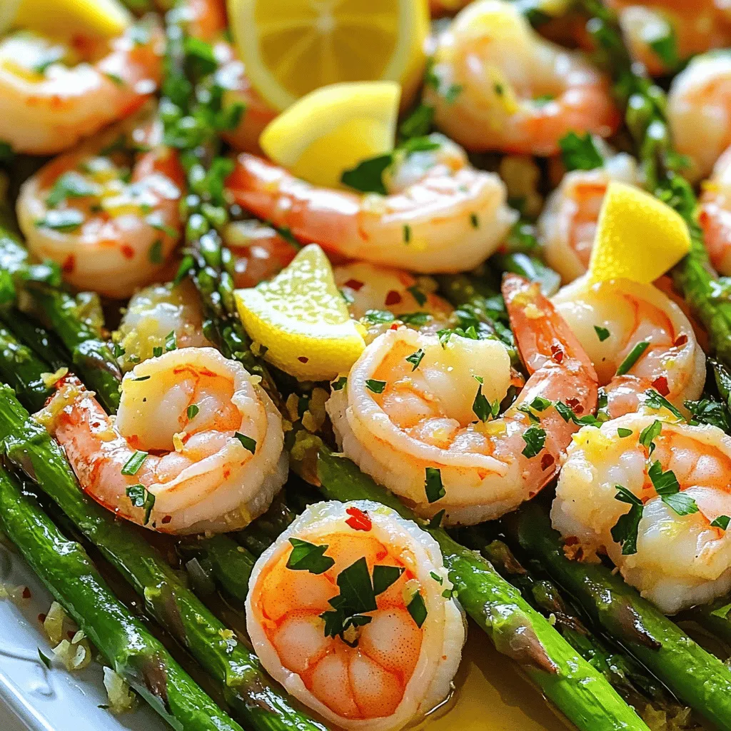 This dish is easy and quick. You need a few fresh ingredients. It takes just 20 minutes to cook. You can serve it for dinner or lunch. Here’s what you need for the zesty lemon garlic shrimp and asparagus: - 1 pound large shrimp, peeled and deveined - 1 bunch asparagus, trimmed and cut into 2-inch pieces - 4 cloves garlic, finely minced - 3 tablespoons extra virgin olive oil - Zest and juice of 1 large lemon - 1 teaspoon red pepper flakes (optional for heat) - Salt and freshly ground black pepper, to taste - Fresh parsley, finely chopped (for garnish) - Lemon wedges, for serving These ingredients make each bite bright and full of flavor. The shrimp cook fast, while the asparagus adds a nice crunch. You can also add more flavors. Consider these options: - Cherry tomatoes for sweetness - Spinach for extra greens - A splash of white wine for depth These add-ins make your dish more varied and fun. Mix and match to find your favorite twist! If you want to try the full recipe, check it out for more details. First, gather all your ingredients. You need: - 1 pound large shrimp, peeled and deveined - 1 bunch asparagus, trimmed and cut into 2-inch pieces - 4 cloves garlic, finely minced - 3 tablespoons extra virgin olive oil - Zest and juice of 1 large lemon - 1 teaspoon red pepper flakes (optional for heat) - Salt and freshly ground black pepper, to taste - Fresh parsley, finely chopped (for garnish) - Lemon wedges, for serving Next, prep the shrimp and asparagus. Rinse the shrimp and pat them dry. Trim the asparagus and cut it into pieces. Mince the garlic finely. Now, heat 2 tablespoons of olive oil in a large skillet over medium heat. Wait until the oil shimmers. Add the minced garlic and, if you like spice, the red pepper flakes. Sauté for about 1 minute. Stir constantly to prevent the garlic from browning. Increase the heat to medium-high. Add the shrimp to the skillet in a single layer. Season with salt and freshly ground black pepper. Cook the shrimp for 2-3 minutes on each side. They should turn pink and opaque when done. Use a slotted spoon to remove the shrimp. Place them on a plate and set aside. In the same skillet, add the remaining tablespoon of olive oil and the asparagus. Sauté for about 4-5 minutes. The asparagus should be bright and tender but still crisp. Return the cooked shrimp to the skillet. Add the lemon zest and juice. Toss everything gently to combine. Sauté for another 1-2 minutes to heat through. Taste your dish. Adjust the seasoning with more salt, pepper, or lemon juice if needed. Remove the skillet from the heat. Sprinkle finely chopped parsley on top for a fresh touch. Serve your lemon garlic shrimp and asparagus on a vibrant platter. Add lemon wedges for extra flair. This dish pairs well with rice or quinoa. Enjoy this tasty meal with family and friends! For the complete recipe, check out the Full Recipe. To make your lemon garlic shrimp and asparagus shine, use fresh ingredients. Fresh garlic packs more punch than dried. The zest of the lemon adds a bright, bold flavor. Keep the shrimp and asparagus crisp for the best taste. Adjust salt and pepper for a balanced flavor. If you like heat, add red pepper flakes. They give a nice kick without overpowering. Cook shrimp quickly to keep them tender. Overcooking makes shrimp rubbery. Sauté them just until they turn pink. For asparagus, aim for a bright green color. They should be tender yet still crisp. Use a large skillet to avoid crowding. This way, everything cooks evenly. A beautiful plate makes the meal special. Serve the shrimp and asparagus on a large, colorful platter. Garnish with fresh parsley for a pop of color. Add lemon wedges on the side for a fresh touch. For a complete meal, serve it over rice or quinoa. This adds texture and makes the dish more filling. Enjoy this tasty dinner recipe for a delightful experience! You can find the full recipe above. {{image_4}} You can swap shrimp for other proteins. Chicken breast works well. Cut it into small pieces. Cook until golden brown. Firm fish like salmon or cod is tasty too. Just adjust cooking time as needed. If you prefer plant-based options, try tofu or chickpeas. They soak up flavors nicely. Asparagus shines in this dish, but you can use other veggies. Broccoli or green beans add a nice crunch. Bell peppers give a pop of color and sweetness. Zucchini or snap peas provide freshness. Mix and match to keep it exciting and colorful. Change the flavor to suit your mood. Add herbs like basil or cilantro for a fresh twist. Use lime juice instead of lemon for a zesty kick. Try adding a splash of soy sauce for umami depth. Experiment with spices like cumin or curry powder for a unique touch. Each variation brings new life to the dish, so don’t be afraid to explore! Store any leftover lemon garlic shrimp and asparagus in an airtight container. Make sure to cool it down first. Place the container in the fridge. It will stay fresh for about 2 to 3 days. Keep the shrimp and asparagus together. This will help keep the flavors intact. To reheat, use a skillet over medium heat. Add a splash of olive oil to help with moisture. Stir the shrimp and asparagus gently for about 5 minutes. You want them warm but not overcooked. This will keep the shrimp tender and asparagus crisp. You can freeze this dish, but it’s best to do it before reheating. Place cooled shrimp and asparagus in a freezer-safe bag. Remove as much air as possible before sealing. The dish will last up to 2 months in the freezer. When ready to eat, thaw in the fridge overnight and reheat as described above. Enjoy your meal again with fresh flavors! For the complete recipe, check out the Full Recipe section. Yes, you can use frozen shrimp! Just remember to thaw them first. Place the shrimp in a bowl of cold water for about 15-20 minutes. You want them to be fully thawed before cooking. This helps them cook evenly. Frozen shrimp often work well in recipes like Lemon Garlic Shrimp and Asparagus. Many side dishes pair nicely with this dish. Here are a few ideas: - Fluffy rice: White or brown rice soaks up the flavors. - Quinoa: This adds a nutty taste and is very healthy. - Garlic bread: A crunchy side to enjoy with the shrimp. - Mixed greens salad: A fresh salad adds brightness to the meal. These sides balance the rich flavors of the shrimp and asparagus. To add heat, use red pepper flakes, as listed in the recipe. You can adjust the amount based on your taste. For even more spice, try these ideas: - Cayenne pepper: A little goes a long way for heat. - Hot sauce: Drizzle some on top before serving for an extra kick. - Sliced jalapeños: Add fresh jalapeños while cooking for a bold taste. These options will spice up your Lemon Garlic Shrimp and Asparagus dish. For the full recipe, check out the earlier section. This blog post covered the key ingredients and steps to make Lemon Garlic Shrimp and Asparagus. We explored the main ingredients, optional add-ins, and tips for enhancing flavor. You learned cooking techniques and ways to present your dish. Variations also let you personalize the recipe, while storage tips ensure freshness. Remember, cooking is fun and creative. Try new flavors and make this dish your own! Enjoy your cooking!