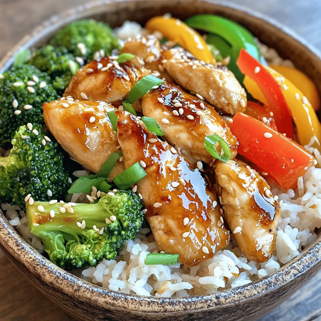 - 2 cups cooked jasmine rice - 450 g diced chicken breast - 4 cloves garlic, finely chopped - 1 tablespoon fresh ginger, grated - 2 tablespoons soy sauce - 1 tablespoon honey - 1 bell pepper, thinly sliced - 1 cup broccoli florets - Chopped green onions and sesame seeds For this easy chicken and rice bowl, you'll need some simple ingredients. I love using jasmine rice for its fluffy texture and fragrant aroma. The chicken breast adds protein, while garlic brings a rich flavor that makes the dish shine. In the additional section, fresh ginger adds a zesty kick. Soy sauce gives the dish that umami taste, and honey balances it with sweetness. Don't forget the garnishes! Bell pepper and broccoli not only add color but also crunch. The chopped green onions and sesame seeds finish off the dish, adding flair and flavor. This recipe is all about bringing together these ingredients for a delightful meal. For the full recipe, you can follow along with the steps to create your own garlic bliss chicken and rice bowls. To start, you need to mix the flavors for the chicken. Grab a bowl and combine the following ingredients: - 4 cloves garlic, finely chopped - 1 tablespoon fresh ginger, grated - 2 tablespoons soy sauce - 1 tablespoon honey - 1 tablespoon olive oil - 1 teaspoon sesame oil - Salt and pepper to taste Blend these well until they form a nice mixture. Now, add your diced chicken breast (450 g) to the bowl. Make sure each piece gets coated with the marinade. Let it sit for at least 15 minutes. This waiting time helps the flavors soak in. Next, heat a large pan over medium-high heat. Once hot, add the marinated chicken to the pan. Cook it until it turns golden brown. This should take about 6-8 minutes. Make sure the chicken is fully cooked. You can check if it's done by cutting a piece open; it should be white inside with no pink. After the chicken is ready, it’s time for the veggies. In the same pan, add your bell pepper (1, thinly sliced) and broccoli florets (1 cup). Sauté them together until they are tender but still crisp. This should take around 4-5 minutes. Stir often to keep them from burning. Once everything is cooked, you can mix the chicken back in with the veggies. This step helps all the flavors come together. For the full recipe, check the details above. To get the best chicken, cut it into even pieces. This helps it cook well. Every piece should be about the same size. This way, it cooks evenly. Use a meat thermometer to check if it's done. It should reach 165°F inside. This ensures it is safe to eat. Want more garlic flavor? Just add extra chopped garlic to the mix. This gives a bolder taste. You can also mix in different veggies. Try carrots, peas, or snap peas. Use what you love. This makes the dish more fun and colorful! For a fresh twist, serve your bowls with lime wedges. A squeeze of lime adds bright flavor. You can also pair these bowls with pickled veggies. They add a nice crunch and tang. This makes every bite exciting! For the full recipe, check the recipe card above. {{image_4}} You can swap chicken for tofu if you want a vegetarian dish. Tofu absorbs flavors well and keeps the meal light. If you seek a different flavor, try shrimp or beef. Both proteins can add a unique twist to your bowl. For a healthier choice, consider using brown rice or quinoa instead of jasmine rice. Both grains offer more fiber and nutrients. If you want something low-carb, try cauliflower rice. You can also substitute jasmine rice with basmati rice for a nuttier flavor. Want to spice things up? Add chili sauce for a zesty kick. This addition enhances the garlic flavor and brings heat. Alternatively, mix in peanut sauce for a creamy twist. The nutty taste pairs well with chicken and rice, creating a tasty blend. You can find the Full Recipe to explore these variations further. To save your chicken and rice bowls, allow them to cool first. Once cool, place them in an airtight container. This keeps them fresh. You can store these bowls in the refrigerator for up to 3 days. Make sure to label the container with the date. This helps you remember when you made them. If you want to keep them longer, freezing is a great choice. Freeze individual portions for up to 2 months. This way, you can enjoy them later. When you're ready to eat, thaw them in the refrigerator overnight. This prevents any bacteria from growing. Reheating is easy and quick. Use the microwave to warm your bowls until heated through. To keep the rice moist, add a splash of water. This helps prevent the dish from drying out. Stir well before serving to mix everything back together. Enjoy your delicious meal again! You can add a splash of vinegar or citrus juice for balance. This makes the sauce bright and fresh. A little acidity lifts the flavors. Try lemon or lime juice for a zesty kick. Yes, you can prep and marinate the chicken a day in advance. This saves you time on busy days. Just store the marinated chicken in the fridge. It will soak up the flavors well. Consider a simple salad or steamed vegetables as sides. They add color and nutrition to your meal. A light cucumber salad pairs well with the dish. You can also add some steamed broccoli or green beans. Jasmine or basmati rice work best for flavor and texture. Both types are fragrant and fluffy. Jasmine rice adds a nice aroma. Basmati rice offers a nutty taste that complements the chicken. Yes, use gluten-free soy sauce or tamari to keep it gluten-free. This allows everyone to enjoy the dish. You can find gluten-free soy sauce in most stores. Just check the label to be sure. For the full recipe, refer to the detailed instructions above. This recipe shows how to create tasty chicken and rice bowls. You learned about the ingredients, including jasmine rice, chicken, and fresh veggies. We covered step-by-step instructions, from marinating the chicken to sautéing the vegetables. Remember, you can customize this dish with different proteins and grains. It’s easy to store leftovers and reheat them for later. Enjoy your cooking, and make this dish your own!