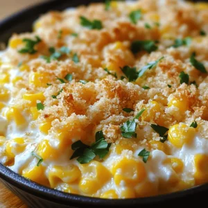 To make White Cheddar Baked Corn, gather these simple ingredients: - 4 cups fresh corn kernels (or frozen corn, thawed) - 1 cup white cheddar cheese, freshly shredded - 1/2 cup cream cheese, softened to room temperature - 1/2 cup sour cream - 1/2 cup whole milk - 1/4 cup scallions, finely chopped - 1 teaspoon garlic powder - 1/2 teaspoon smoked paprika - Salt and black pepper, to taste - 1/2 cup breadcrumbs (preferably panko for extra crunch) - 2 tablespoons fresh parsley, chopped (for garnish) You can switch things up by adding: - Jalapeños for a spicy kick - Cooked bacon bits for a smoky flavor - Diced bell peppers for added color and crunch To prepare this dish, you will need: - A 9x13 inch baking dish - A mixing bowl - A spatula or wooden spoon - An oven for baking - Measuring cups and spoons This recipe makes cooking fun and simple. Gather your tools and get ready to enjoy a creamy treat! For the full recipe, check out the instructions later in the article. Start by preheating your oven to 375°F (190°C). This step is crucial for even cooking. Next, grab a 9x13 inch baking dish. Lightly coat it with cooking spray or butter. This will stop the dish from sticking later. In a large mixing bowl, add the corn kernels. You can use fresh corn or thawed frozen corn. Then, mix in the shredded white cheddar cheese, softened cream cheese, sour cream, and whole milk. Use a spatula or wooden spoon to blend them well. Make sure there are no lumps. Now, add in the chopped scallions, garlic powder, smoked paprika, salt, and black pepper. Stir everything together until you see a nice, even mix. This is where the flavors start to come alive! Pour the creamy corn mixture into your greased baking dish. Spread it out evenly. In a small bowl, mix the breadcrumbs with a dash of olive oil and a pinch of salt and pepper. This adds crunch and flavor. Sprinkle this breadcrumb mix over the top of the corn mixture. Place the baking dish in your preheated oven. Bake for 25-30 minutes. Look for that melted cheese, bubbly goodness, and a golden brown top. When done, take it out and let it cool for about 5-10 minutes before serving. This helps it set, making it easier to scoop. Just before serving, sprinkle fresh parsley on top for a pop of color and flavor. Enjoy this creamy delight! For the complete recipe, check out the Full Recipe. To keep your baked corn from getting watery, use fresh corn or thawed frozen corn. Drain any excess liquid from frozen corn before mixing. Adding cream cheese and sour cream helps create a creamy texture without adding too much moisture. You can also bake the dish a bit longer to allow water to evaporate. While white cheddar brings a rich flavor, you can mix in other cheeses for fun. Try adding a bit of sharp cheddar for bite. Monterey Jack gives a nice melt. Gruyère adds a nutty touch. Feel free to experiment with a blend that excites your taste buds! Serve this dish straight from the oven for a cozy feel. A rustic presentation adds charm. You can also spoon it into individual bowls for a more elegant look. Top each serving with extra cheese or a dollop of sour cream. Fresh parsley not only adds color but also brightens the flavor. Enjoy this dish as a side for grilled meats or a hearty main! {{image_4}} To make your baked corn spicy, add jalapeños or hot sauce. Start with one diced jalapeño for mild heat. Mix it in with the corn and cheeses. If you love heat, add more! A few dashes of hot sauce can also do the trick. This adds a fun kick to your dish. If you want to boost the nutrition, consider adding veggies. Spinach or bell peppers work well. Chop one cup of fresh spinach and mix it in. For bell peppers, use half a cup of diced peppers. This gives color and crunch to the dish. You can also add black beans for a protein boost. To make this dish gluten-free, swap the breadcrumbs. Use crushed gluten-free crackers or cornmeal instead. You can also skip the topping and let the cheese create a crust. This keeps the dish tasty and safe for gluten-free eaters. Enjoy the creamy goodness without worry! For the full recipe, check out the Creamy White Cheddar Baked Corn . After you enjoy the White Cheddar Baked Corn, you may have some left. To store it, let it cool down first. Then, place it in an airtight container. Make sure to seal it tightly. This dish stays fresh in the fridge for up to three days. If you want to keep it longer, consider freezing it. When you’re ready to eat the leftovers, reheating is easy. Preheat your oven to 350°F (175°C). Place the corn in an oven-safe dish. Cover it with foil to keep moisture in. Heat for about 20 minutes or until hot. You can also use the microwave. Just cover the dish and heat in short bursts, stirring in between. This keeps the corn creamy and delicious. If you want to freeze White Cheddar Baked Corn, it’s simple. First, let it cool completely. Then, portion it into freezer-safe bags or containers. Remove as much air as possible before sealing. Write the date on the bag. It can stay frozen for up to three months. To enjoy, thaw it overnight in the fridge. Then follow the reheating instructions to warm it up. This way, you can savor this delightful dish anytime! Yes, you can use frozen corn. Just make sure to thaw it first. Frozen corn works well in this dish and saves some prep time. The texture stays nice, and the flavor remains sweet. You won’t lose any taste using frozen corn. This baked corn will last about three to four days in the fridge. Store it in an airtight container to keep it fresh. When you’re ready to eat it again, just reheat it. The cheese will still be creamy, and the flavor will still shine. Yes, you can prepare this dish ahead of time. You can mix the ingredients and place them in the baking dish. Cover it well and keep it in the fridge for up to one day. When you’re ready, just pop it in the oven. This makes it great for busy days or special events. For the full recipe, check out the earlier section. This blog post covered how to make a tasty White Cheddar Baked Corn. We discussed the key ingredients, optional ones for extra flavor, and what equipment you need. You learned step-by-step instructions for preparing and baking the dish. I shared tips to keep it from being watery, the best cheese pairings, and serving ideas. In the end, make this dish your own with fun variations. Store leftovers well to enjoy later. With this guide, you're set to create a delicious meal anytime!