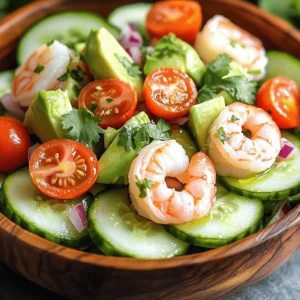 To make this tasty cucumber shrimp salad, you need the following: - 1 pound shrimp, peeled and deveined - 2 large cucumbers, thinly sliced into rounds - 1 cup cherry tomatoes, halved - 1 ripe avocado, diced into bite-sized pieces - 1/4 cup red onion, finely sliced for a mild bite - 2 tablespoons fresh cilantro, chopped for garnish - 3 tablespoons extra virgin olive oil for richness - 2 tablespoons freshly squeezed lime juice for brightness - 1 teaspoon honey for a touch of sweetness - 1/2 teaspoon garlic powder for a hint of flavor - Salt and freshly ground black pepper to taste You can easily change up ingredients to suit your taste. Here are a few ideas: - Swap shrimp for cooked chicken or tofu for a different protein. - Use different herbs like parsley or dill instead of cilantro for a fresh twist. - Add crunchy bell peppers or radishes for extra crunch and color. - Replace cherry tomatoes with diced bell peppers for a sweeter taste. - Try a different dressing, like a yogurt-based sauce, for a creamy option. If you have dietary needs, there are great substitutes you can try: - For a gluten-free option, all the ingredients work well. - If you're vegan, replace shrimp with chickpeas or marinated tofu. - Use agave syrup instead of honey for a vegan-friendly sweetener. - If you're allergic to nuts, be sure to check your olive oil brand for any cross-contamination. - For a low-carb version, skip the avocado and use more cucumbers instead. This cucumber shrimp salad is fresh, tasty, and easy to make. You can find the Full Recipe to help guide you through it! To start, you need to cook the shrimp. First, bring a pot of salted water to a boil. Once it boils, add the shrimp carefully. Cook them for about 2-3 minutes. You want them to turn pink and opaque. After that, drain the shrimp. Rinse them under cold water. This stops the cooking and keeps them tender. Next, let’s make the dressing. In a small bowl, mix the olive oil, lime juice, honey, and garlic powder. Whisk it well until it blends nicely. Taste it and add a pinch of salt and black pepper if you want. This dressing adds richness and brightness to your salad. Now, it's time to combine everything. In a large bowl, add the cooked shrimp, sliced cucumbers, halved cherry tomatoes, diced avocado, and sliced red onion. Gently toss the salad to mix everything well. Then pour the dressing over the salad mixture. Toss it again so all ingredients get coated. Be careful not to mash the avocado! After mixing, cover the bowl and chill it in the fridge for about 10 minutes. This helps the flavors come together. When ready, serve the salad cold, garnished with fresh cilantro. Enjoy your delicious cucumber shrimp salad! You can find the full recipe above. To cook shrimp just right, start with fresh, raw shrimp. Bring a pot of salted water to a boil. Add the shrimp and cook for 2-3 minutes. You will know they are done when they turn pink and opaque. After that, drain and rinse them under cold water. This stops the cooking process. Perfectly cooked shrimp is tender and flavorful. If you have any salad left, store it in an airtight container. Make sure to add the dressing only when you are ready to eat. This keeps the cucumbers crisp and fresh. You can keep the salad in the fridge for up to two days. If the shrimp starts to smell, it is best to throw it away. To make this salad even better, add more herbs. Fresh dill or mint can add a nice twist. Sprinkle some fresh basil or parsley for a new flavor. You can also try adding a pinch of red pepper flakes for heat. Experiment with herbs to find your favorite mix. This way, you can make the salad yours! {{image_4}} To add a sweet twist, try mango. This fruit brightens the salad with flavor and color. Use about one ripe mango, diced into small pieces. Mix the mango with the shrimp, cucumbers, and other veggies. The juicy mango pairs well with the lime dressing. You will enjoy the extra layer of taste. This salad becomes a tropical delight. For those who love spice, add some heat. Incorporate diced jalapeños or red pepper flakes. Start with just a little, then taste. Adjust to your spice level. The heat balances the coolness of the cucumbers and shrimp. This version will wake up your taste buds. It’s perfect for a summer cookout or a zesty lunch. If you’re watching carbs, this salad is a great option. Keep the cucumber as your base. You can skip the avocado or choose to reduce it. Add more veggies like radishes or bell peppers. These will still give you crunch and flavor. You can also use a low-carb dressing. This variation keeps it light and fresh, perfect for a keto diet. For the full recipe, check out the Full Recipe section. To keep your cucumber shrimp salad fresh, place it in a container with a tight lid. This helps keep air out and the salad crisp. Store it in the fridge right away. It tastes best within two days. If the salad looks or smells off, throw it away. Always trust your senses! Freezing the whole salad is not a good idea. The texture changes when thawed. However, you can freeze the shrimp if you have extras. Cooked shrimp can freeze for up to three months. Make sure they are in a freezer-safe bag and remove as much air as you can. For cucumbers, it is better to use them fresh. Use glass or BPA-free plastic containers for storage. Glass is great because it does not absorb smells. Ensure the container has a good seal to keep the salad fresh. If you need to stack them, clear containers help you see what's inside. Keeping things organized makes cooking easier! You can store cucumber shrimp salad for up to two days in the fridge. Make sure to keep it in a sealed container. This helps keep it fresh and tasty. After two days, the salad may lose its crispness. The shrimp may become rubbery, and the veggies might get soggy. Yes, you can make cucumber shrimp salad ahead of time. I suggest making it a few hours in advance. This allows the flavors to blend well. Just chill it in the fridge until you are ready to serve it. If you prepare it too early, the cucumbers may release water and make the salad watery. If you want to replace shrimp, try using cooked chicken or tofu. Both options add great protein. You can also use canned chickpeas for a plant-based choice. Each substitution gives a unique taste and texture. Just make sure to adjust the cooking time if needed. Check the [Full Recipe] for more tips on preparing your cucumber shrimp salad! This blog post covered all you need for a great cucumber shrimp salad. We listed essential ingredients, offered tasty variations, and provided smart substitutions. You learned how to cook shrimp perfectly and store leftovers while keeping flavors fresh. In the end, you can enjoy this dish in many ways. Customize it to fit your tastes and needs. A fresh, bright salad like this can be both healthy and fun! Now, go make your own delicious version!