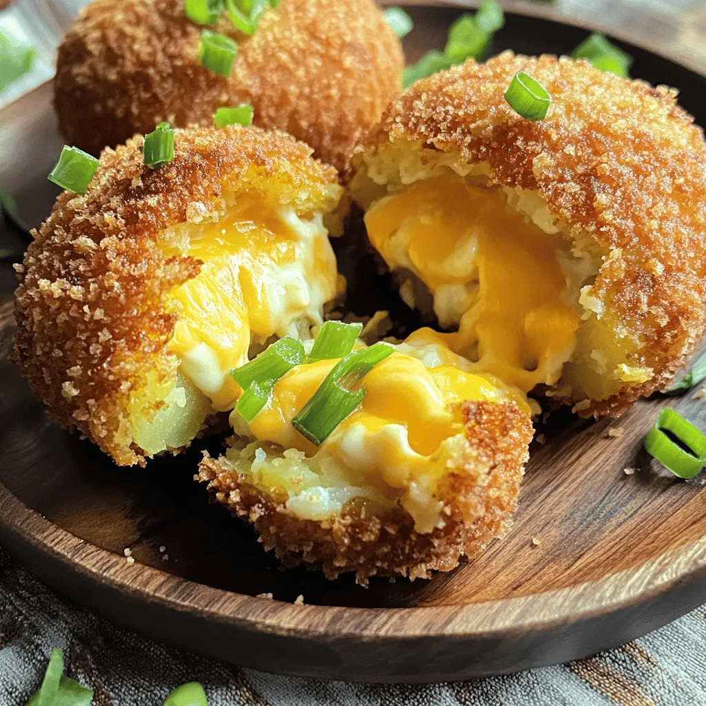 - 2 large russet potatoes, peeled and cubed - 1/2 cup shredded cheddar cheese - 1/4 cup cream cheese, softened - 1/4 cup green onions, finely chopped - 1/2 teaspoon garlic powder - 1/4 teaspoon cayenne pepper (optional) - Salt and pepper to taste - 1 cup breadcrumbs (for coating) - 2 large eggs, beaten - Oil for frying - You can swap cheddar cheese for mozzarella or gouda. - Use vegan cream cheese made from cashews or tofu. - Try gluten-free breadcrumbs made from rice or corn. I love how flexible this recipe is! You can get creative with what you have at home. If you want a kick, add some jalapeños or spices to the filling. For a lighter version, try baking the cakes instead of frying them. Just brush them with oil and bake until golden. The choices are endless! For the full experience, check out the Full Recipe. Enjoy mixing flavors and creating your perfect stuffed potato cakes! Boiling the potatoes Start by peeling and cubing the russet potatoes. Place them in a large pot. Cover the potatoes with water. Bring the water to a boil over medium-high heat. Cook until the potatoes are fork-tender, about 15 to 20 minutes. Drain the water and return the potatoes to the pot. Mashing and cooling the potatoes Use a potato masher or fork to mash the potatoes. Aim for a smooth consistency. Let the mashed potatoes cool for about 5 to 10 minutes. This step helps when mixing the filling. Combining the filling ingredients In a large mixing bowl, combine the warm mashed potatoes with shredded cheddar cheese, cream cheese, and chopped green onions. Add garlic powder, cayenne pepper, salt, and pepper. Stir until everything is well mixed and creamy. Tips for achieving the right texture Make sure the filling is smooth but not runny. If it's too thick, add a bit of milk or cream. If too thin, add more mashed potatoes. The right texture helps the cakes hold shape when cooked. Shaping the potato mixture into patties Take a handful of the potato mixture. Shape it into a patty about half an inch thick. Repeat this step until you have about 8 to 10 patties. Setting up the coating station Prepare your coating station. Place one shallow bowl with beaten eggs. In another bowl, add the breadcrumbs. This setup makes the coating easy. Properly coating the cakes Dip each potato cake into the beaten eggs. Make sure it's fully coated. Then roll the cake in the breadcrumbs, pressing gently for even coverage. This step adds a nice crunch when frying. Frying techniques for crispy results Heat a generous amount of oil in a large skillet over medium heat. Wait until the oil shimmers. Carefully place a few cakes in the skillet. Avoid overcrowding the pan. Fry each side for 3 to 4 minutes. They should turn golden brown and crispy. Avoiding common mistakes Do not rush the cooking process. If the heat is too high, the outside may burn before the inside cooks. Keep an eye on the cakes and adjust the heat as needed. Drain excess oil on a paper towel-lined plate to keep the cakes crisp. For a detailed recipe, check the Full Recipe. To make your stuffed potato cakes pop, use bold seasonings. I love adding fresh herbs like chives or parsley. You can also mix in spices such as smoked paprika or cumin for extra depth. For a kick, try a pinch of cayenne pepper. It gives a nice warmth without overpowering the dish. When it comes to cooking, you can choose between frying and baking. Frying gives a crispy, golden crust that is hard to resist. Use a good amount of oil to ensure even cooking. Bake them for a healthier option. Just brush the cakes with oil and place them on a baking sheet. They may not be as crunchy, but they taste great! Serve your potato cakes with tasty dips. Sour cream is a classic choice, but a spicy aioli adds a fun twist. You could also try a tangy yogurt sauce with herbs. It pairs well with the richness of the cakes. For garnishing, think of color and freshness. Arrange the cakes on a platter and sprinkle green onions on top. Add a few sprigs of parsley or dill for a fresh look. This not only makes your dish more appealing but also adds a burst of flavor. Use a heavy skillet for frying. A cast-iron skillet holds heat well and cooks evenly. You want a pan that can handle high heat without warping. For preparation, a potato masher is key for smooth mashed potatoes. A good mixing bowl is also helpful for combining ingredients. You may also want a shallow dish for the egg wash and breadcrumbs. This setup makes coating the cakes easy and quick. By following these tips, your stuffed potato cakes will shine. They will be crunchy, flavorful, and a hit at any meal. Check out the Full Recipe for all the steps! {{image_4}} You can fill your stuffed potato cakes with many delicious options. If you enjoy meat, try adding crispy bacon, savory ham, or juicy ground beef. Each option gives a new taste and texture. You can also create vegetarian or vegan fillings. Consider using sautéed mushrooms, spinach, or roasted peppers. For a vegan option, try mashed chickpeas or lentils. These choices make your potato cakes fun and unique. You can add global flavors to your potato cakes. For a spicy twist, mix in Indian spices like cumin or coriander. This change adds warmth and depth to your dish. You can also adapt these cakes to reflect regional styles. For example, Italian-style potato cakes can use mozzarella cheese and fresh basil. These small changes can make your potato cakes exciting and fresh. If you want low-carb options, consider using cauliflower instead of potatoes. This swap keeps the texture while reducing carbs. You can also make allergen-free versions. Substitute gluten-free breadcrumbs and avoid dairy with plant-based cheese. These options let everyone enjoy stuffed potato cakes, no matter their diet. To keep stuffed potato cakes fresh, let them cool down first. Place them in an airtight container. If you have leftovers, they last three to four days in the fridge. Make sure to layer them with parchment paper to avoid sticking. This helps keep each cake intact. When you want to enjoy your potato cakes again, the best method is frying. Heat a little oil in a pan. This brings back the crunch you love. You can also use an oven. Preheat it to 375°F (190°C) and bake for about 10-15 minutes. If you choose a microwave, place a paper towel over the cakes. This prevents them from getting too soggy. Heat in short bursts, checking often. Freezing is a great option if you want to keep your stuffed potato cakes longer. First, let them cool down completely. Then, wrap each cake in plastic wrap. Place them in a freezer-safe bag or container. They can stay frozen for up to three months. When you’re ready to eat, thaw them in the fridge overnight. Cook them directly from frozen by frying or baking. This keeps them crispy and delicious. For a full recipe, check out the link. Making stuffed potato cakes takes about 50 minutes from start to finish. You spend around 20 minutes prepping and cooking the potatoes. After that, you mix the filling and shape the cakes. Frying them adds another 15-20 minutes. This timing can vary a bit based on your speed and skill in the kitchen. Yes, you can make stuffed potato cakes ahead of time. You can prepare the cakes a day before. Just store them in the fridge after shaping them. When ready to eat, fry them straight from the fridge. They will still taste great. The best potatoes for making potato cakes are russet potatoes. They have a high starch content, which helps create a fluffy texture. Yukon Gold potatoes are another good choice. They add a nice buttery flavor to the cakes. To make your potato cakes crispy, follow a few tips. Use enough oil when frying. The oil should be hot enough before adding the cakes. Coat them well with breadcrumbs for a crunchy outer layer. Avoid overcrowding the pan to ensure even cooking. Yes, you can bake stuffed potato cakes if you prefer a lower-fat option. Preheat your oven to 400°F (200°C). Place the cakes on a baking sheet lined with parchment paper. Brush or spray them lightly with oil. Bake for about 20-25 minutes, flipping halfway through for even browning. In this article, I shared how to make delicious stuffed potato cakes. You learned about the key ingredients, optional add-ins, and step-by-step cooking instructions. I also provided tips for enhancing flavor and storage. These cakes are versatile with various fillings and cooking methods. Feel free to experiment with flavors and let your creativity shine. Now, get cooking and enjoy your tasty creations!
