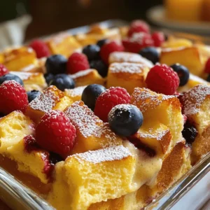 To make an Overnight French Toast Casserole, you need a few key items. Here’s the list of essential ingredients: - 1 loaf of challah or brioche bread - 6 large eggs - 2 cups whole milk - 1/2 cup heavy cream - 1/2 cup pure maple syrup - 2 teaspoons pure vanilla extract - 1 teaspoon ground cinnamon - 1/2 teaspoon freshly grated nutmeg (or ground nutmeg) - 1/4 teaspoon salt - 1 cup mixed fresh berries - 1/4 cup chopped pecans or walnuts (optional) - Powdered sugar for dusting Choosing the right bread is important. Challah or brioche gives a rich taste. They soak up the egg mixture well, making each bite soft and flavorful. The eggs, milk, and cream create a creamy base that holds everything together. Adding maple syrup, vanilla, and spices gives it a sweet and warm flavor. Berries add freshness and a pop of color. Nuts give a nice crunch if you choose to add them. Finally, a dusting of powdered sugar adds a sweet finish. With these ingredients, you can make a breakfast that will impress everyone. For the complete preparation process, check the Full Recipe. 1. Start with a big bowl. Whisk together the eggs, whole milk, heavy cream, maple syrup, vanilla, cinnamon, nutmeg, and salt. Mix until smooth. 2. Next, take your loaf of challah or brioche bread. Cut it into 1-inch cubes. 3. Add the bread cubes to your egg mixture. Gently toss to coat each piece well. 4. If you like nuts, you can fold in the chopped pecans or walnuts. Then, add your mixed fresh berries. Be careful not to mash them. 1. Preheat your oven to 350°F (175°C). This step helps to bake evenly. 2. Grease a 9x13-inch baking dish. Pour your mixture into this dish, spreading it out evenly. 3. Cover the dish with plastic wrap and let it chill in the fridge overnight or at least 4 hours. 4. In the morning, take the casserole out of the fridge. Let it sit for 20 minutes at room temperature. 5. Now, bake the casserole uncovered for 45-50 minutes. Look for a golden brown top and a firm center. 1. Allow the casserole to cool for about 5 minutes after baking. 2. Dust it generously with powdered sugar for a sweet touch. 3. Serve warm, and if you want, drizzle extra maple syrup on top for added flavor. Soaking your casserole overnight is key. This step allows the bread to soak up the egg mixture. Without this soak, your casserole can become dry. For best results, store your casserole covered in the fridge. This keeps it fresh and prevents any strong fridge odors from getting in. Choosing the right bread is vital. I love using challah or brioche. They are soft and soak well. You can use other types too, like sourdough or whole wheat. Just make sure the bread is not too dry. To bake evenly, let the casserole sit at room temperature for about 20 minutes before you bake. This helps it bake through without burning the top. Spices can make a big difference. Adding cinnamon or nutmeg gives great warmth. You can also use vanilla extract for more depth. Want a fruity twist? Try adding seasonal fruits like apples or peaches. Fresh berries work well too. They add color and taste. You can mix and match to find your favorite flavor. Check out the Full Recipe for more ideas! {{image_4}} You can use different types of bread for your casserole. Sourdough adds a nice tang. Whole wheat gives it a hearty twist. Both choices work well in soaking up the egg mixture. If you need a gluten-free option, look for gluten-free bread. Many brands make tasty gluten-free loaves. Just ensure the bread is fresh for the best results. Want to mix things up? You can add chocolate chips for a sweet treat. Caramel bits also make a great addition. Think about using flavored syrups or extracts too. Almond or orange extract can add a fun twist. You can even try spices like cardamom for a warm flavor. These options let you personalize your casserole. Garnish your casserole with whipped cream for extra creaminess. It adds a nice touch on top. You can also pair it with breakfast meats like bacon or sausage. The salty taste of meat goes well with the sweet casserole. This combination makes a filling and tasty breakfast. Enjoy experimenting with these ideas to make your dish special! To keep your Overnight French Toast Casserole fresh, store any leftovers in airtight containers. This helps prevent drying out and keeps flavors intact. You can safely store it in the fridge for up to three days. If you plan to eat it later, make sure to cool it down before sealing it up. If you want to save your casserole for later, freezing is a great option. First, let the baked casserole cool completely. Then, cut it into squares and wrap each piece tightly in plastic wrap. Place the wrapped pieces in a freezer-safe bag or container. You can freeze it for up to three months. When you're ready to enjoy it, take it out and thaw it overnight in the fridge. You have two choices for reheating: oven or microwave. If you want the best texture, the oven is ideal. Preheat to 350°F (175°C), then place the casserole in for about 15-20 minutes. This keeps it warm and helps restore its original texture. If you're in a hurry, the microwave works too! Heat it in short bursts, around 30 seconds at a time, checking frequently to avoid overcooking. Enjoy your tasty treat! You can store Overnight French Toast Casserole in the fridge for up to three days. Make sure to keep it in an airtight container. This way, it stays fresh and ready for a quick breakfast. You can also freeze leftovers for up to three months. Just remember to thaw it in the fridge before you reheat it. Yes, you can make this casserole vegan! Swap eggs with a mixture of ground flaxseed and water. Use almond milk or soy milk instead of whole milk and heavy cream. Maple syrup is already vegan, so that’s great. You can also try using vegan bread. Just make sure it’s egg-free. For this recipe, challah or brioche bread works best. They are soft and soak up the egg mixture well. You can also use sourdough or whole wheat bread if you prefer. Just make sure the bread is a bit stale. This helps it hold its shape when you bake it. Refrigerating overnight is key for the best flavor. It allows the bread to soak up all the yummy flavors. If you can’t wait, refrigerate for at least four hours. This will still make a tasty casserole, but overnight is best! Absolutely! You can add other fruits like bananas or peaches. Just chop them into small pieces. Be careful not to add too much fruit. Too much moisture can make the casserole soggy. Stick to one cup of fruit for the best results. For the full recipe, check out the Decadent Overnight French Toast Casserole. To make a delicious Overnight French Toast Casserole, gather the right ingredients and follow the steps. You whisk the egg and dairy mix, fold in berries and nuts, then bake. Overnight soaking really helps the bread absorb flavors. You can try different breads and fruits for variety. Store leftovers properly to keep them fresh. This dish is fun to share at breakfast. With these tips, your casserole will surely impress. Enjoy the flavors and create happy memories around the table.