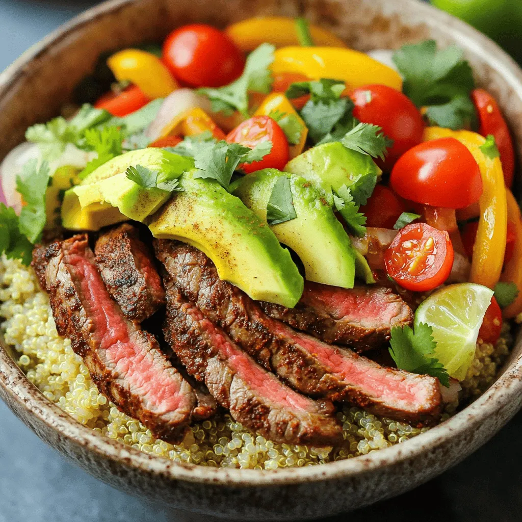 - 1 lb flank steak - 1 tablespoon olive oil - 1 teaspoon ground cumin - 1 teaspoon smoked paprika - 1 teaspoon garlic powder - Salt and pepper to taste - 1 bell pepper (choose red, green, or yellow), thinly sliced - 1 medium onion, thinly sliced - 1 cup cooked quinoa or brown rice - 1 ripe avocado, sliced - ½ cup cherry tomatoes, halved - ¼ cup fresh cilantro, roughly chopped - Juice of 1 lime - 1 cup canned black beans, thoroughly rinsed and drained - Optional toppings: Greek yogurt or sour cream, shredded cheese - Large skillet - Mixing bowl The main ingredients create a tasty base for your steak fajita bowl. The flank steak provides rich flavor and protein. Adding colorful veggies enhances the dish's appeal and nutrition. Plus, the spices make everything pop with taste. To boost protein, I love adding black beans and quinoa. They not only increase the meal's protein but also add texture. Optional toppings like Greek yogurt or cheese can make your bowl even richer and creamier. For cooking, you need a large skillet for searing the steak and sautéing the veggies. A mixing bowl helps with marinating the steak. Together, these ingredients and tools make a complete meal that's both flavorful and filling. Check out the Full Recipe for all the steps! - Ingredients needed for marination: - 1 lb flank steak, thinly sliced - 1 tablespoon olive oil - 1 teaspoon ground cumin - 1 teaspoon smoked paprika - 1 teaspoon garlic powder - Salt and pepper to taste You need to mix the flank steak with olive oil and spices. This mix adds flavor and helps tenderize the meat. You should let it marinate for 15 minutes. This short time is enough to make a difference. To cook the steak, heat a large skillet over medium-high heat. Once hot, place the marinated steak in the skillet. Sear it for 2-3 minutes on each side. This browning gives the meat a nice crust. After searing, check for doneness. The steak should be juicy and cooked to your liking. In the same skillet, add sliced onion and bell pepper. Cook these for about 5-7 minutes. You want them to be tender and slightly caramelized. This brings out their natural sweetness. Season with a pinch of salt and pepper to enhance the taste. Start by placing a scoop of cooked quinoa or brown rice at the bottom of each bowl. This acts as a hearty base. Next, layer the sautéed peppers and onions over the quinoa or rice. Then, add the cooked black beans and the seared steak slices on top. For a fresh touch, finish with slices of avocado, halved cherry tomatoes, and a sprinkle of chopped cilantro. This adds color and taste. Drizzle lime juice over the entire bowl. Optional toppings like Greek yogurt, sour cream, or shredded cheese can add richness. Presentation is key! Arrange all the vibrant ingredients in a colorful pattern. Garnish with extra cilantro and serve with lime wedges. This makes the dish even more enticing. Enjoy your meal! To make your steak fajita bowl burst with flavor, choose the right spices: - Ground cumin: Adds a warm, earthy taste. - Smoked paprika: Gives a subtle smokiness. - Garlic powder: Brings depth and richness. For the best taste, marinate your steak. Mix the steak with olive oil, spices, salt, and pepper. Let it sit for at least 15 minutes. This step helps the meat become tender and flavorful. If you want to switch things up, try different proteins. Chicken or shrimp works well. For a veggie option, use tofu or tempeh. You can also customize your veggies. Bell peppers and onions are great, but add zucchini, mushrooms, or corn for a twist. The more colors you add, the more appealing and healthy your dish becomes. Pair your steak fajita bowl with side dishes for a complete meal. A simple green salad or corn on the cob complements it well. For drinks, try sparkling water with lime or a light beer. These options balance the flavors of the dish. Explore the Full Recipe for step-by-step guidance and to create your delicious steak fajita bowl! {{image_4}} You can make a tasty veggie-only bowl by skipping the steak. Instead, try using plant-based proteins like tofu or tempeh. They soak up flavor well and give a nice texture. Here are some great veggies to add: - Zucchini - Mushrooms - Spinach - Corn These will make your bowl colorful and full of nutrients. You can sauté them just like the steak for a warm, savory dish. Want some heat? Add jalapeños or a splash of hot sauce. Slice fresh jalapeños and mix them with the veggies as they cook. This adds a great kick to your bowl. For balance, use creamy toppings like Greek yogurt or sour cream. They cool down the spice while adding creaminess. If you’re watching carbs, you can swap rice for cauliflower rice. Simply pulse cauliflower florets in a food processor until they look like rice. Sauté it in a pan for a few minutes to warm it up. You can also adjust the other ingredients to fit a keto diet. Use less black beans, or add more avocado for healthy fats. For the full recipe, check the main section. To keep your steak fajita bowl fresh, store each component separately. Use airtight containers for best results. Place the steak, veggies, and grains in their own containers. This method prevents sogginess and keeps flavors intact. When stored properly, leftovers last up to three days in the fridge. You can freeze the cooked steak and veggies. Place them in freezer-safe bags. Remove as much air as possible to prevent freezer burn. Cooked quinoa or brown rice can also be frozen. For best results, freeze within two days of cooking. To thaw, transfer to the fridge overnight or use the microwave on low power. For reheating, use a skillet over medium heat. This method warms the ingredients evenly and keeps the steak juicy. Stir occasionally to prevent sticking. Avoid using the microwave if you want to keep the texture. Add a splash of water or broth to maintain moisture. Enjoy your flavorful meal again! You can boost protein by adding more legumes or nuts. Consider adding: - 1 cup cooked quinoa - 1 cup canned black beans - ½ cup Greek yogurt as a topping - Sliced almonds or walnuts for crunch These not only raise protein but also add flavor and texture. Quinoa and black beans pair well with steak and enhance the dish's nutrition. Yes, you can swap flank steak for other meats. Good options include: - Chicken breast - Pork tenderloin - Shrimp If you choose chicken, cook it for about 6-8 minutes. For shrimp, just 2-3 minutes works. Adjust spices based on the meat you use for the best flavor. Toppings can truly make your bowl shine. I recommend including: - Sliced avocado - Halved cherry tomatoes - Chopped cilantro - Shredded cheese or Greek yogurt Each adds a unique taste. Avocado brings creaminess, while cilantro adds freshness. Experiment with different combinations for your perfect bowl. Absolutely! This dish is great for meal prep. Here are some tips: - Cook extra steak and vegetables for the week. - Store components separately to keep them fresh. - Assemble bowls fresh each day to avoid sogginess. By prepping ahead, you can enjoy healthy meals all week long without stress. This blog covered how to make a delicious steak fajita bowl. You learned about the main ingredients, cooking steps, and tips to enhance flavor. Making this dish boosts your protein intake while being customizable to your taste. Remember, you can switch proteins or make it veggie-friendly. Storing leftovers properly will keep your meal fresh. With these guidelines, you’ll enjoy healthy and tasty meals throughout the week. Cooking can be fun and rewarding with practice. Enjoy your cooking journey!