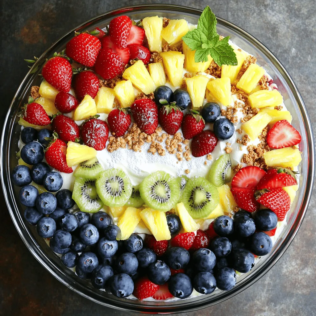 To make a great cheesecake fruit salad, you need fresh fruits. Here’s what I use: - 1 cup ripe strawberries, hulled and halved - 1 cup fresh blueberries - 1 cup pineapple chunks, preferably fresh - 1 cup kiwi, peeled and sliced into half-moons - 1 cup seedless grapes, halved These fruits add color and flavor to the salad. You can mix and match based on what you like or have on hand. Fresh fruits give the best taste and texture. The creamy part of the salad comes from dairy. Here’s what you need: - 8 oz cream cheese, softened at room temperature - 1/2 cup creamy Greek yogurt - 1/4 cup powdered sugar (adjust to taste) - 1 teaspoon pure vanilla extract - 1 tablespoon freshly squeezed lemon juice These ingredients blend well to create a smooth and rich base. The cream cheese gives a cheesecake flavor, while the yogurt adds a nice tang. For extra fun, you can add some optional ingredients: - 1/2 cup granola (optional, for a crunchy topping) Granola adds a nice crunch and contrast to the creamy salad. You can also use nuts or seeds for more texture. If you want to make it sweeter, feel free to add more powdered sugar to taste. For the full recipe, visit [Full Recipe]. Start by gathering your ingredients. You will need cream cheese, Greek yogurt, powdered sugar, vanilla extract, and lemon juice. In a large mixing bowl, add the softened cream cheese and Greek yogurt. Then, sprinkle in the powdered sugar. Next, pour in the vanilla extract and lemon juice. Using an electric mixer, beat everything together on medium speed. Mix for about 2-3 minutes. You want a smooth and creamy texture. Now, it’s time to prepare the fruits. Take your strawberries, blueberries, pineapple, kiwi, and grapes. In a separate bowl, gently toss these fruits together. Make sure they are evenly mixed. This step is key for a balanced flavor in your salad. The vibrant colors of the fruits will make your salad look amazing! Once the fruits are combined, it’s time to fold in the cream cheese mixture. Use a spatula to carefully mix the cream cheese with the fruit. Be gentle to avoid mashing the fruits. If you want some crunch, you can add half of the granola at this stage. Now, transfer your cheesecake fruit salad into a large serving bowl or individual cups. This makes it look fancy! Just before serving, sprinkle the remaining granola on top for added crunch. Enjoy your delightful creation! To achieve a smooth and creamy texture, start with softened cream cheese. This helps it mix well with yogurt and sugar. If you forget to soften it, microwave it for about 10 seconds. Mix the cream cheese with yogurt on medium speed for 2-3 minutes. This makes it airy and fluffy. You want every bite to feel rich and creamy. To keep your fruits fresh and colorful, use lemon juice. The acid in lemon juice slows down the browning process. Toss your cut fruits in lemon juice right after slicing. This helps strawberries, apples, and bananas stay bright. If you prepare the salad ahead, add the fruits last. This keeps them fresh and beautiful until serving. Presentation matters! Serve your cheesecake fruit salad in clear cups or a glass bowl. This shows off the vibrant colors of your fruits. You can also layer the fruits and cream mixture for a fun look. For a finishing touch, add a sprig of mint on top. It not only looks nice but also adds a fresh scent. For added crunch, sprinkle granola just before serving. This keeps it from getting soggy. {{image_4}} You can switch up the fruits in your cheesecake fruit salad. Try using peaches, mangoes, or raspberries for a fresh twist. You can even add bananas for a creamier texture. Choose seasonal fruits for the best flavor. Make sure your fruits are ripe for the sweetest taste. Mixing different colors makes your salad look pretty, too. If you want to cut down on sugar, you have options. You can use honey or maple syrup instead of powdered sugar. Stevia or monk fruit sweetener are great choices for low-calorie options. Always taste your mixture as you go. Adjust the sweetness to your liking. It’s all about finding that perfect balance. You can make this salad vegan easily. Use a plant-based cream cheese and coconut yogurt in place of dairy. For a sugar-free version, stick with natural sweeteners like mashed bananas. This way, you can still enjoy the creamy goodness without added sugars. The salad remains tasty and satisfying for everyone. Store any leftover cheesecake fruit salad in an airtight container. This keeps the salad fresh and tasty. Place it in the fridge right away. It stays good for about 2 to 3 days. If you wait longer, the fruit may get soggy. To keep your fruits fresh, check for ripeness before adding them. Use firm berries and ripe pineapple. Wash the fruits gently and dry them well. If you cut fruit ahead of time, soak it in lemon juice. This helps to keep it from browning. You don’t need to reheat cheesecake fruit salad. Just take it out of the fridge when ready to serve. The cold salad is refreshing and delicious. Give it a gentle stir before serving to mix the flavors again. If you added granola, sprinkle more on top for crunch. For the full recipe, check the Cheesecake Fruit Salad Delight above! Yes, you can use frozen fruit. However, it may release extra juice. This juice can make your salad watery. To avoid this, let the fruit thaw and drain excess liquid. Fresh fruit adds the best flavor and texture, but frozen is a good backup. Cheesecake fruit salad lasts about three days in the fridge. After that, the fruit may get mushy. Store it in an airtight container for best results. Just remember, the longer it sits, the more the fruit will soften. To keep granola crunchy, add it just before serving. If you mix it in too soon, it will soak up moisture from the fruit. This will make it soggy. I always recommend saving half for later. Sprinkle it on top for a nice crunch. You can prepare the cream cheese mixture ahead of time. Store it in the fridge for up to two days. Mix the fruit right before serving. This way, it stays fresh and colorful. I love using strawberries, blueberries, and kiwi. Pineapple adds a tropical twist. Grapes are sweet and easy to eat. You can also try bananas, but they brown quickly. Choose fruits that you enjoy for a personal touch. Yes, you can! Use dairy-free cream cheese and yogurt. This swaps in nicely for the creaminess. Coconut yogurt is a great choice. It adds a hint of coconut flavor, making it even tastier. Cheesecake fruit salad pairs well with whipped cream or extra granola. Serve it alongside a slice of cake for a special treat. You can also enjoy it as a light dessert on its own. Absolutely! It’s bright, colorful, and fun. Guests love the mix of flavors and textures. You can make it in advance and impress your friends. It's a real crowd-pleaser at any gathering. Yes, you can double or triple the Full Recipe. Just keep the same ratios for each ingredient. This makes it easy to serve more people without any hassle. Enjoy sharing this delightful dish! In this blog, we explored how to make a delicious cheesecake fruit salad. We covered essential ingredients, including fresh fruits and dairy options. You learned step-by-step instructions for making the cream cheese mixture and combining fruits. I shared tips for keeping your salad creamy and preventing browning. You also discovered fun variations and smart storage methods. Now, you can enjoy this tasty treat in many ways, whether for a gathering or a snack. Make it your own and have fun with it!